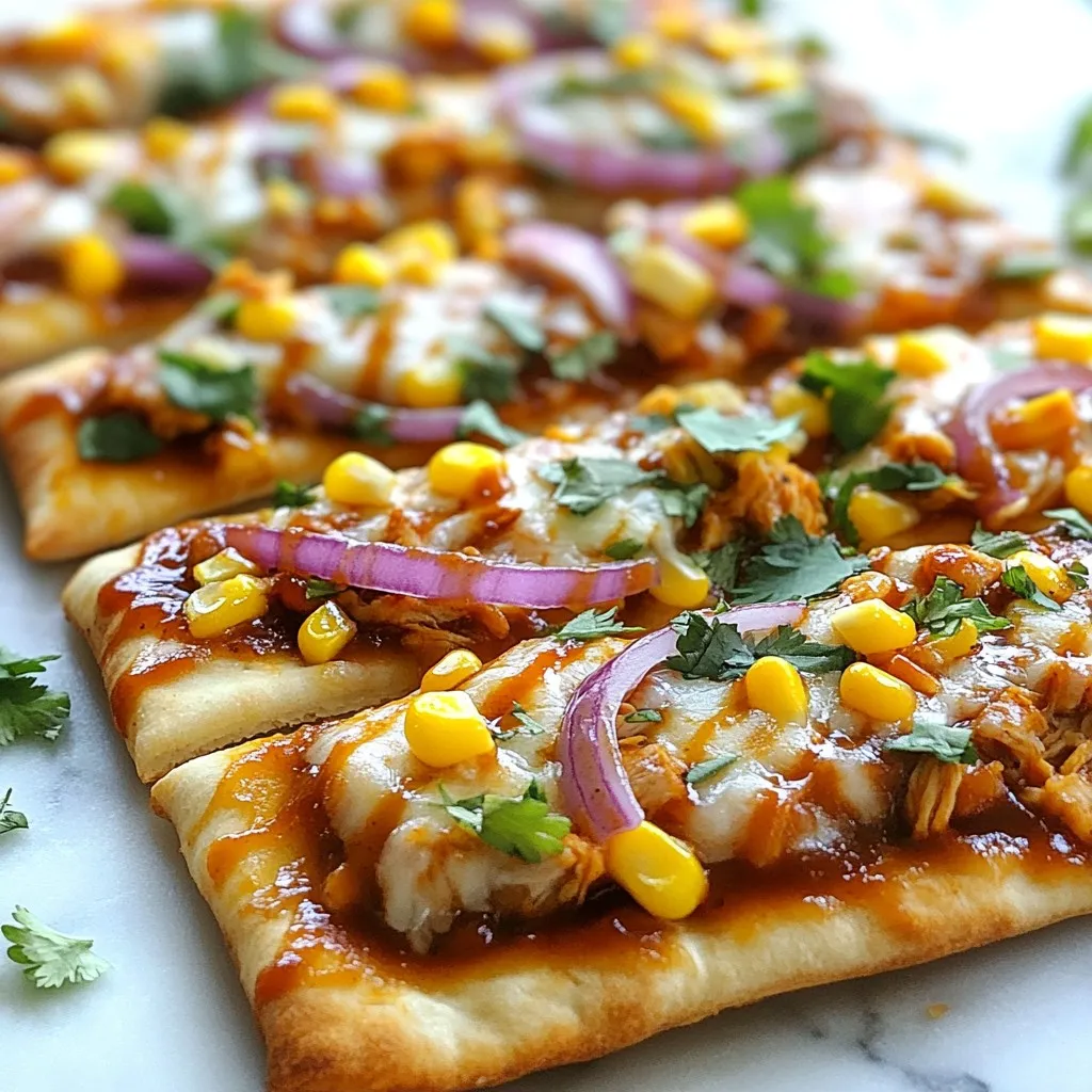 Here’s what you need for the BBQ chicken flatbread pizza: - 2 flatbreads (store-bought or homemade) - 1 cup cooked chicken, shredded - 1/2 cup BBQ sauce (your favorite brand) - 1 cup shredded mozzarella cheese - 1/2 medium red onion, thinly sliced - 1/2 cup corn (drained if canned or boiled if fresh) - 1/4 cup fresh cilantro, roughly chopped - 1/2 teaspoon smoked paprika - 1/4 teaspoon freshly ground black pepper - Olive oil (for light drizzling) These ingredients come together to create a tasty meal. The flatbreads serve as a great base. Shredded chicken adds a nice texture. BBQ sauce gives it a sweet and smoky taste. Fresh red onion adds crunch, while corn brings a little sweetness. Mozzarella cheese melts beautifully, making everything delicious. Cilantro adds a fresh touch that brightens the flavors. Smoked paprika and black pepper give extra depth. You can mix things up by using different toppings or sauces. Just remember, quality ingredients make a big difference. Enjoy the process of gathering everything. This dish is simple but packed with flavor! {{ingredient_image_2}} - Preheat your oven to 425°F (220°C). This step is key for crispy flatbread. - In a bowl, combine the shredded chicken and BBQ sauce. Stir well to coat every piece. - Drizzle olive oil over each flatbread. This helps keep them crispy during baking. - Spread the BBQ chicken mixture evenly on the flatbreads. Make sure to cover them well. - Sprinkle the shredded mozzarella cheese on top. This adds a nice gooey texture. - Add the thinly sliced red onion and corn. This gives extra flavor and crunch. - Bake the flatbreads for 10-12 minutes. Watch closely until the cheese is melted and bubbly. - Once done, remove from the oven and let cool for a minute. This makes slicing easier and safer. - Use quality BBQ sauce. A great sauce boosts taste. - Ensure even coverage of ingredients. It helps every bite shine. - Monitor baking time closely. Cheese can burn fast. - Let cool briefly before slicing. This makes cutting easier. - Present on a wooden board. It looks great and rustic. - Offer extra BBQ sauce for dipping. It adds fun and flavor. Pro Tips Use Fresh Ingredients: Fresh ingredients elevate the flavor of your flatbread pizza. Opt for fresh herbs and quality cheese for the best results. Customize Your Toppings: Feel free to add other toppings like jalapeños, pineapple, or peppers to suit your taste. The beauty of flatbread pizza is its versatility! Monitor Cooking Time: Ovens can vary, so keep an eye on your pizza as it bakes. Remove it when the cheese is bubbly and golden to avoid burning. Serve Immediately: Flatbread pizzas are best enjoyed fresh out of the oven. Serve them right away for the ultimate cheese pull and warm, crispy texture. {{image_4}} You can switch chicken for pulled pork or tofu. Both options taste great! Pulled pork adds a sweet, smoky flavor. Tofu provides a nice plant-based choice. For cheese, try cheddar or gouda instead of mozzarella. These cheeses melt well and give a rich taste. Seasonal vegetables can make your flatbread pop. Bell peppers add crunch and color. Jalapeños bring heat if you like spice. You can also use fresh herbs like basil or parsley. They add a burst of freshness and flavor. If you want a different base, use pita bread or naan. Both are soft and delicious. You can even make homemade flatbread from scratch. Just mix flour, water, and a pinch of salt. Roll it out and cook it on a hot skillet. It’s fun and easy! To keep your BBQ chicken flatbread pizza fresh, store leftovers in the fridge. Use an airtight container to avoid moisture. This will help it last for up to three days. If you want to keep it longer, consider freezing. Wrap each flatbread tightly in plastic wrap and place it in a freezer bag. It can last for up to three months in the freezer. To reheat your pizza and keep it fresh, the oven works best. Preheat your oven to 350°F (175°C). Place the flatbread on a baking sheet and heat for about 10 minutes. This will help the cheese melt again. Avoid using the microwave, as it can make the flatbread soggy. For crispiness, you can also use a skillet. Just heat it on medium for a few minutes on each side. Yes, you can use many sauces. Try using a honey mustard sauce for sweetness. A spicy chipotle sauce adds heat and flavor. You can also use a garlic sauce for a twist. Each choice will change the taste of your pizza. Just remember to use a sauce you enjoy. To make this pizza gluten-free, use gluten-free flatbreads. Look for brands made with almond flour or cauliflower. You can also make flatbread from scratch using gluten-free flour. This way, you get a tasty base without gluten. Always check labels to ensure all ingredients are safe. Pair this pizza with fresh sides for a complete meal. Here are some ideas: - A simple green salad with vinaigrette - Corn on the cob, grilled for extra flavor - Sweet potato fries for a tasty crunch - Coleslaw for a cool, creamy contrast These sides complement the pizza well and add more fun to your meal. This blog post covers how to make a delicious BBQ chicken flatbread pizza. We went through the ingredients, step-by-step instructions, and tips for best results. You learned about variations and how to store leftovers. Now you can create a fun meal that your friends and family will love. Experiment with flavors and ingredients to make it your own. Enjoy your tasty creation and happy cooking!