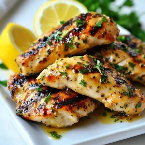 - 4 boneless, skinless chicken breasts - 1/4 cup freshly squeezed lemon juice - 2 tablespoons extra-virgin olive oil - 3 cloves garlic, minced - 2 teaspoons dried oregano - 2 teaspoons fresh thyme leaves - Salt and black pepper, to taste - Fresh parsley, finely chopped (for garnish) - Optional lemon slices for serving When making Lemon Herb Grilled Chicken, gather these key ingredients first. You need boneless, skinless chicken breasts. These cook evenly and stay tender. Fresh lemon juice adds a bright, zesty flavor, while extra-virgin olive oil keeps the chicken moist. Next, we add herbs and spices. Garlic gives a strong, savory punch. Dried oregano and fresh thyme add depth. Use fresh thyme if you can; it has more flavor. Don’t forget salt and black pepper. They enhance all the other tastes. Fresh parsley is great for garnish. It adds color and freshness. You can also use lemon slices to serve. They look nice and add extra zing. With these simple ingredients, you create a dish that is both tasty and easy to make. Each bite bursts with flavor, making it a family favorite. {{ingredient_image_2}} - In a medium bowl, whisk together 1/4 cup lemon juice and 2 tablespoons olive oil. - Add the zest of 1 lemon, 3 minced garlic cloves, 2 teaspoons oregano, and 2 teaspoons fresh thyme. - Mix in a pinch of salt and pepper. This marinade will add flavor to your chicken. - Place 4 chicken breasts in a resealable bag or a shallow dish. - Pour the marinade over the chicken and make sure each piece is coated. - Seal the bag tightly or cover the dish. Refrigerate for at least 1 hour. For the best taste, marinate overnight. - Preheat your grill to medium-high heat. This ensures a good sear. - Remove the chicken from the marinade and discard any leftover liquid. - Place the chicken on the grill, cooking for 6-7 minutes on one side. Do not move them to get nice grill marks. - Flip the chicken and grill for another 6-7 minutes. Check that it reaches 165°F (75°C). - Once cooked, transfer the chicken to a cutting board. Let it rest for 5 minutes before slicing. - Garnish with fresh parsley and lemon slices for a nice touch. The right marination time makes a big difference. For great flavor, marinate for at least one hour. If you have time, let the chicken soak overnight. This helps the chicken absorb all the tasty herbs and lemon juice. When sealing the bag, make sure it is tight. A good seal keeps the marinade close to the chicken. This keeps the chicken juicy and full of flavor. When grilling, flare-ups can ruin your meal. To avoid this, always discard leftover marinade before grilling. Place the chicken gently on the grill. Don’t move it for the first few minutes. This helps to get nice grill marks. To cook evenly, flip the chicken halfway through the grilling time. Keep an eye on the grill temperature. You want it hot enough to sear but not too hot to burn. Resting the chicken is key for juiciness. If you slice it right after grilling, the juices run out. Let the chicken rest for about five minutes. This time allows the juices to settle back into the meat. After resting, slice the chicken for the best taste. Enjoy your juicy, flavorful lemon herb grilled chicken! Pro Tips Marinate Longer for More Flavor: For the best flavor infusion, marinate the chicken overnight. The longer the chicken sits in the marinade, the more tender and flavorful it will become. Perfect Grill Marks: To achieve beautiful grill marks, avoid moving the chicken around on the grill. Let it sear undisturbed for the first half of the cooking time. Check Doneness with a Thermometer: Always use a meat thermometer to check for doneness. The chicken should reach an internal temperature of 165°F (75°C) for safe consumption. Rest Before Slicing: Allow the grilled chicken to rest for at least 5 minutes after cooking. This helps the juices redistribute, resulting in a juicier and more tender chicken. {{image_4}} You can change the flavor of the chicken by using different herbs. For example, try adding rosemary for a woodsy taste. You can also adjust the acidity by using vinegar instead of lemon juice. Balsamic or apple cider vinegar works well. This change can give the chicken a tangy kick. You don’t need a grill to enjoy this dish. You can cook the chicken in an oven or on a stovetop grill pan. For the oven, preheat it to 400°F (200°C). Place the marinated chicken on a baking sheet, and cook for about 20-25 minutes. If you prefer broiling, set your oven to broil and cook the chicken for about 6-8 minutes on each side. This method gives a nice char without a grill. Lemon herb grilled chicken pairs well with various side dishes. Fresh salads or grains like quinoa complement the dish nicely. You can also serve it with dips or sauces. A yogurt sauce or chimichurri adds a fresh, zesty touch. Consider adding some lemon slices for a bright visual and flavor boost. To store your grilled chicken, let it cool first. Place the chicken in an airtight container. This keeps it fresh and safe. You can store it in the fridge for up to 3 days. Always check for any off smells or changes before eating. If you want to freeze your chicken, wrap it tightly in plastic wrap. Then, place it in a freezer bag. This helps prevent freezer burn. Frozen grilled chicken can last up to 3 months. When ready to eat, thaw it in the fridge overnight for the best results. To reheat grilled chicken, use a microwave or an oven. If using a microwave, cover it with a damp paper towel. This keeps moisture in. For the oven, heat it at 350°F (175°C) for about 15-20 minutes. Always check the internal temperature to ensure it reaches 165°F (75°C). This way, your chicken stays juicy, not dry. Marinate chicken for at least 1 hour. For the best taste, let it soak overnight. This helps the chicken absorb all the lemon and herb goodness. Grilled chicken should reach an internal temperature of 165°F (75°C). Use a meat thermometer to check. This ensures the chicken is cooked through and safe to eat. Yes, you can use bone-in chicken. Just adjust the cooking time. Bone-in pieces may take longer to cook than boneless chicken. Great side dishes include: - Grilled vegetables - Rice or quinoa - A fresh garden salad - Roasted potatoes These pair well with the bright flavors of the chicken. Absolutely! You can prepare the marinade a day in advance. Just store it in the fridge until ready to use. This makes meal prep easier and saves time on cooking day. This guide covers how to make lemon herb grilled chicken. You learned about the main ingredients, preparation steps, and grilling tips. Remember to marinate the chicken well for juicy flavor. Use various herbs to mix it up and try different cooking methods. Store leftovers safely and reheat carefully without drying out. Enjoy this dish with your favorite sides for a complete meal. By following these steps, you can create a tasty and healthy chicken that everyone will love.