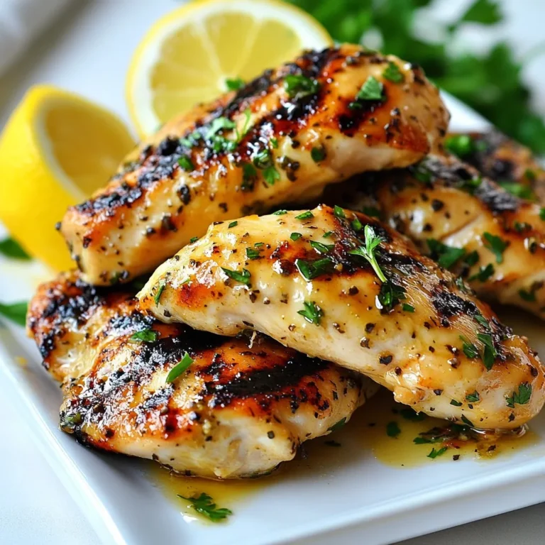 - 4 boneless, skinless chicken breasts - 1/4 cup freshly squeezed lemon juice - 2 tablespoons extra-virgin olive oil - 3 cloves garlic, minced - 2 teaspoons dried oregano - 2 teaspoons fresh thyme leaves - Salt and black pepper, to taste - Fresh parsley, finely chopped (for garnish) - Optional lemon slices for serving When making Lemon Herb Grilled Chicken, gather these key ingredients first. You need boneless, skinless chicken breasts. These cook evenly and stay tender. Fresh lemon juice adds a bright, zesty flavor, while extra-virgin olive oil keeps the chicken moist. Next, we add herbs and spices. Garlic gives a strong, savory punch. Dried oregano and fresh thyme add depth. Use fresh thyme if you can; it has more flavor. Don’t forget salt and black pepper. They enhance all the other tastes. Fresh parsley is great for garnish. It adds color and freshness. You can also use lemon slices to serve. They look nice and add extra zing. With these simple ingredients, you create a dish that is both tasty and easy to make. Each bite bursts with flavor, making it a family favorite. {{ingredient_image_2}} - In a medium bowl, whisk together 1/4 cup lemon juice and 2 tablespoons olive oil. - Add the zest of 1 lemon, 3 minced garlic cloves, 2 teaspoons oregano, and 2 teaspoons fresh thyme. - Mix in a pinch of salt and pepper. This marinade will add flavor to your chicken. - Place 4 chicken breasts in a resealable bag or a shallow dish. - Pour the marinade over the chicken and make sure each piece is coated. - Seal the bag tightly or cover the dish. Refrigerate for at least 1 hour. For the best taste, marinate overnight. - Preheat your grill to medium-high heat. This ensures a good sear. - Remove the chicken from the marinade and discard any leftover liquid. - Place the chicken on the grill, cooking for 6-7 minutes on one side. Do not move them to get nice grill marks. - Flip the chicken and grill for another 6-7 minutes. Check that it reaches 165°F (75°C). - Once cooked, transfer the chicken to a cutting board. Let it rest for 5 minutes before slicing. - Garnish with fresh parsley and lemon slices for a nice touch. The right marination time makes a big difference. For great flavor, marinate for at least one hour. If you have time, let the chicken soak overnight. This helps the chicken absorb all the tasty herbs and lemon juice. When sealing the bag, make sure it is tight. A good seal keeps the marinade close to the chicken. This keeps the chicken juicy and full of flavor. When grilling, flare-ups can ruin your meal. To avoid this, always discard leftover marinade before grilling. Place the chicken gently on the grill. Don’t move it for the first few minutes. This helps to get nice grill marks. To cook evenly, flip the chicken halfway through the grilling time. Keep an eye on the grill temperature. You want it hot enough to sear but not too hot to burn. Resting the chicken is key for juiciness. If you slice it right after grilling, the juices run out. Let the chicken rest for about five minutes. This time allows the juices to settle back into the meat. After resting, slice the chicken for the best taste. Enjoy your juicy, flavorful lemon herb grilled chicken! Pro Tips Marinate Longer for More Flavor: For the best flavor infusion, marinate the chicken overnight. The longer the chicken sits in the marinade, the more tender and flavorful it will become. Perfect Grill Marks: To achieve beautiful grill marks, avoid moving the chicken around on the grill. Let it sear undisturbed for the first half of the cooking time. Check Doneness with a Thermometer: Always use a meat thermometer to check for doneness. The chicken should reach an internal temperature of 165°F (75°C) for safe consumption. Rest Before Slicing: Allow the grilled chicken to rest for at least 5 minutes after cooking. This helps the juices redistribute, resulting in a juicier and more tender chicken. {{image_4}} You can change the flavor of the chicken by using different herbs. For example, try adding rosemary for a woodsy taste. You can also adjust the acidity by using vinegar instead of lemon juice. Balsamic or apple cider vinegar works well. This change can give the chicken a tangy kick. You don’t need a grill to enjoy this dish. You can cook the chicken in an oven or on a stovetop grill pan. For the oven, preheat it to 400°F (200°C). Place the marinated chicken on a baking sheet, and cook for about 20-25 minutes. If you prefer broiling, set your oven to broil and cook the chicken for about 6-8 minutes on each side. This method gives a nice char without a grill. Lemon herb grilled chicken pairs well with various side dishes. Fresh salads or grains like quinoa complement the dish nicely. You can also serve it with dips or sauces. A yogurt sauce or chimichurri adds a fresh, zesty touch. Consider adding some lemon slices for a bright visual and flavor boost. To store your grilled chicken, let it cool first. Place the chicken in an airtight container. This keeps it fresh and safe. You can store it in the fridge for up to 3 days. Always check for any off smells or changes before eating. If you want to freeze your chicken, wrap it tightly in plastic wrap. Then, place it in a freezer bag. This helps prevent freezer burn. Frozen grilled chicken can last up to 3 months. When ready to eat, thaw it in the fridge overnight for the best results. To reheat grilled chicken, use a microwave or an oven. If using a microwave, cover it with a damp paper towel. This keeps moisture in. For the oven, heat it at 350°F (175°C) for about 15-20 minutes. Always check the internal temperature to ensure it reaches 165°F (75°C). This way, your chicken stays juicy, not dry. Marinate chicken for at least 1 hour. For the best taste, let it soak overnight. This helps the chicken absorb all the lemon and herb goodness. Grilled chicken should reach an internal temperature of 165°F (75°C). Use a meat thermometer to check. This ensures the chicken is cooked through and safe to eat. Yes, you can use bone-in chicken. Just adjust the cooking time. Bone-in pieces may take longer to cook than boneless chicken. Great side dishes include: - Grilled vegetables - Rice or quinoa - A fresh garden salad - Roasted potatoes These pair well with the bright flavors of the chicken. Absolutely! You can prepare the marinade a day in advance. Just store it in the fridge until ready to use. This makes meal prep easier and saves time on cooking day. This guide covers how to make lemon herb grilled chicken. You learned about the main ingredients, preparation steps, and grilling tips. Remember to marinate the chicken well for juicy flavor. Use various herbs to mix it up and try different cooking methods. Store leftovers safely and reheat carefully without drying out. Enjoy this dish with your favorite sides for a complete meal. By following these steps, you can create a tasty and healthy chicken that everyone will love.