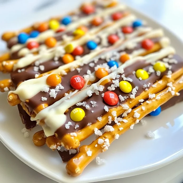 - 2 cups pretzel sticks - 1 cup semi-sweet chocolate chips - 1 cup white chocolate chips - 1/2 cup mini M&M's - 1/4 cup chopped nuts (almonds or peanuts) - Sea salt for sprinkling Gather these ingredients before you start. The pretzel sticks give a nice crunch. Semi-sweet and white chocolate chips add sweetness. Mini M&M's bring color and fun. Chopped nuts add a tasty crunch. Sea salt balances the sweetness. Make sure you measure them out first. This will help you keep track as you go. Having everything ready makes cooking easy and fun! {{ingredient_image_2}} Start by preheating your refrigerator. This helps the bark set quickly. Next, grab a standard baking sheet. Line it with parchment paper. Make sure the paper is large enough for all your pretzel sticks. You want them in a single layer. This ensures even cooling and easy removal later. For the semi-sweet chocolate, take a microwave-safe bowl. Add the chocolate chips to the bowl. Microwave on high for 30 seconds. After that, take it out and stir. Repeat this until the chocolate is smooth. This will take about 1-2 minutes in total. Now, do the same for the white chocolate. Use a separate bowl. Microwave just like before. Stir until it becomes velvety and smooth. Take half of the pretzel sticks and dip them in the melted semi-sweet chocolate. Let any extra chocolate drip off. Place them on the lined baking sheet in a single layer. Make sure they do not touch each other. Next, drizzle the warm white chocolate over the chocolate-covered pretzels. Use a spoon or a piping bag for a nice zigzag pattern. This makes it look fancy. While the white chocolate is still warm, add mini M&M's and chopped nuts. Gently press them down so they stick. Finally, sprinkle sea salt over the entire bark. This adds a tasty sweet and salty contrast. Focus on spots with less chocolate. Carefully place the baking sheet in the refrigerator. Chill it for at least 30 minutes. This step is very important. It helps the chocolate harden and makes breaking the bark easier. Once the chocolate is set, take the bark out of the refrigerator. Break it into irregular pieces by hand for a rustic look. You can also use a sharp knife to cut it into neat squares. Choose whichever way you like best. Enjoy your chocolate-covered pretzel bark treat! To make your Chocolate Covered Pretzel Bark even tastier, think of fun toppings. You can add crushed Oreos or a sprinkle of toffee bits. These choices give great flavor and crunch. You can also use different nuts, like walnuts or pecans. They add a nice twist. Using quality chocolate is key. Choose chocolate with a high cocoa content. This makes a big difference in taste. Good chocolate melts smoothly and has a richer flavor. It makes your bark taste gourmet. For a great presentation, arrange the bark on a colorful platter. You can add extra M&M's and chopped nuts around the edges. This makes the plate look vibrant and inviting. You might also drizzle more melted white chocolate on top for flair. If you want to gift this treat, think about fun packaging. Use clear bags tied with colorful ribbons. You can also place pieces in small boxes. This adds a personal touch and makes it special. Pro Tips Use Quality Chocolate: For the best flavor, choose high-quality chocolate chips. They melt better and provide a richer taste to your bark. Experiment with Toppings: Feel free to customize your bark with different toppings like dried fruits, coconut flakes, or even crushed cookies for added texture. Keep It Cool: Make sure to chill your bark in the refrigerator until fully set. This ensures it breaks easily and maintains its shape when serving. Be Creative with Presentation: When serving, arrange the bark on a decorative platter and add colorful sprinkles or additional toppings for an eye-catching display. {{image_4}} You can mix things up with different types of chocolate. Use milk chocolate for a creamier taste. Dark chocolate works well for a richer flavor. I love how both options change the bark's feel and taste. Each type brings its unique charm. Feel free to experiment to find your favorite! You can add many fun toppings to your pretzel bark. Try using crushed candy bars, sprinkles, or even dried fruit. Chopped nuts like walnuts or pecans also add a nice crunch. For holidays, think about seasonal options. For Halloween, use candy corn. For Christmas, sprinkle on crushed peppermint or festive colors. These choices make your bark exciting and fun for any occasion! To keep your chocolate covered pretzel bark fresh, store it in an airtight container. Use a container with a tight seal to prevent air from getting in. This way, your bark stays crisp and tasty. If you plan to share, use smaller containers for easy gifting. You can store your chocolate covered pretzel bark in the fridge for up to two weeks. If you keep it at room temperature, it will last about one week. Just make sure it is in a cool, dry place. Avoid direct sunlight and heat to keep the chocolate from melting. You can easily make this bark without nuts by simply omitting them. Instead, add more mini M&M's or use a different topping. You could also add dried fruit like raisins or cranberries. This keeps the crunch while making it nut-free. Always check the labels if you have allergies. Yes, you can use other pretzel types. Try pretzel rods, pretzel crisps, or even flavored pretzels. Each type will bring a unique taste and crunch to your bark. Flavored pretzels like cheese or garlic can add a fun twist. The best way to melt chocolate is in the microwave. Use a microwave-safe bowl and heat in short bursts, about 30 seconds. Stir in between to prevent burning. You want it smooth and shiny. If using a double boiler, ensure no water touches the chocolate. Many stores have pre-made Chocolate Covered Pretzel Bark. Look in the snack aisle or the candy section. Brands like Bark Thins or Trader Joe's often carry options. You can also find it in specialty shops or online retailers. This post outlined a fun and tasty recipe for Chocolate Covered Pretzel Bark. We covered ingredients, step-by-step instructions, and helpful tips for perfecting your bark. You can easily customize flavors and toppings to fit any occasion. Store your bark for long-lasting snacks or gifts. Enjoy making this treat with family and friends. It’s sure to bring smiles all around!