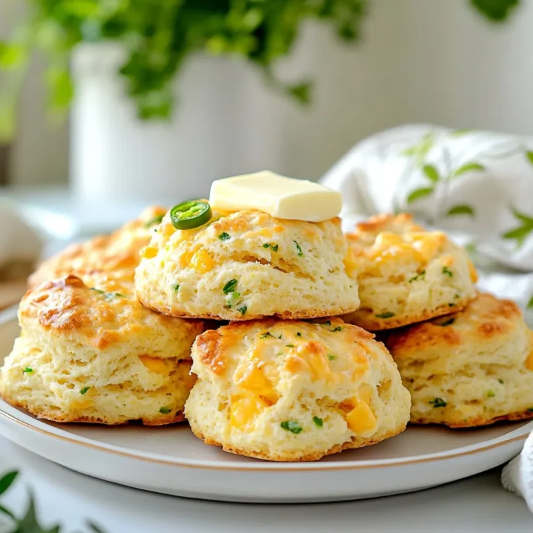 The key to great Cheddar Jalapeño Drop Biscuits is in the ingredients. Here’s what you need: - 2 cups all-purpose flour - 1 tablespoon baking powder - 1 teaspoon salt - 1/2 teaspoon garlic powder - 1/4 teaspoon black pepper - 1/2 cup cold unsalted butter, cut into small cubes - 1 cup shredded sharp cheddar cheese - 1-2 fresh jalapeños, finely chopped - 3/4 cup buttermilk - 1/4 cup green onions, sliced (optional) Each ingredient plays a role in the final taste and texture. All-purpose flour gives the biscuits structure. It holds everything together. Baking powder helps the biscuits rise. This makes them light and fluffy. Salt enhances the flavors. It balances the cheese and jalapeños. These spices add extra flavor. They bring warmth without overpowering the dish. Cold butter creates flaky layers. It melts during baking, adding richness. Sharp cheddar brings a strong flavor. It pairs perfectly with the spicy jalapeños. Jalapeños add heat. You can adjust the amount for your spice level. Buttermilk keeps the biscuits moist. It also reacts with the baking powder for a good rise. Adding green onions gives a fresh touch. They add color and a mild onion flavor. Gather these ingredients before you start. They are simple, but together they create a tasty treat! {{ingredient_image_2}} Start by preheating your oven to 425°F (220°C). This temperature helps the biscuits rise and become fluffy. Next, line a baking sheet with parchment paper. This step keeps the biscuits from sticking and makes cleanup easy. In a large bowl, combine the following dry ingredients: - 2 cups all-purpose flour - 1 tablespoon baking powder - 1 teaspoon salt - 1/2 teaspoon garlic powder - 1/4 teaspoon black pepper Whisk these ingredients together until they blend well. This step ensures your biscuits have a nice, even flavor. Add 1/2 cup of cold unsalted butter, cut into small cubes, to the dry mix. Use your fingers or a pastry cutter to mix the butter into the flour. Keep mixing until it looks like coarse crumbs. You should still see some small pieces of butter. Then, fold in 1 cup of shredded sharp cheddar cheese. This cheese adds a rich flavor to the biscuits. Next, pour in 3/4 cup of buttermilk. If you want a bit more flavor, add 1/4 cup of sliced green onions too. Gently stir the mix until just combined. Make sure not to overmix; the dough should feel slightly sticky. Finally, add 1-2 finely chopped fresh jalapeños. Adjust the amount based on how spicy you want your biscuits. Using a large spoon or an ice cream scoop, drop generous spoonfuls of the dough onto your prepared baking sheet. Space them about 2 inches apart so they have room to spread. This ensures even baking. Place your baking sheet in the oven. Bake the biscuits for 12-15 minutes. They are done when they turn golden brown on top. Once baked, take them out and let them cool for a few minutes. After that, you can move them to a wire rack or a serving plate. Enjoy the warm, cheesy, and spicy goodness of your cheddar jalapeño drop biscuits! To get the best texture, use cold butter. Cold butter helps make the biscuits flaky. When mixing, do not overwork the dough. Stop mixing as soon as it comes together. The dough should be a bit sticky, not dry. This ensures your biscuits stay light and airy. Want more heat? Add more jalapeños! Start with one jalapeño for a mild kick. If you love spice, use two. Remove the seeds for less heat. You can also add some cayenne pepper for a different flavor. Always taste and adjust based on your preference. Serve these biscuits warm for the best flavor. They pair well with a pat of butter. A drizzle of honey adds a sweet touch that balances the spice. You can also enjoy them with chili or soup. For a fun twist, try them with a creamy dip or cheese spread. Pro Tips Keep Ingredients Cold: Ensure your butter and buttermilk are cold to achieve flaky biscuits. Cold ingredients prevent the fat from melting before baking, which is key for a tender texture. Adjust Spice Level: Modify the number of jalapeños based on your heat preference. For milder biscuits, remove the seeds and membranes from the jalapeños before chopping. Don't Overmix: Mix the dough just until combined to avoid tough biscuits. Overmixing activates the gluten in the flour, leading to a denser texture. Experiment with Cheese: While sharp cheddar is delicious, feel free to experiment with other cheeses like pepper jack or a blend of cheeses for a unique flavor profile. {{image_4}} You can change up these biscuits with fun add-ins. Try different cheeses for unique flavors. Pepper jack adds heat, while mozzarella gives a mild taste. For a herb twist, mix in fresh herbs like chives or thyme. You can swap jalapeños with roasted red peppers for a sweeter bite. If you want a crunch, add corn kernels. These additions keep it exciting and tasty! You can make these biscuits gluten-free easily. Just swap the all-purpose flour with a gluten-free blend. Look for a blend that works for baking. It should contain xanthan gum for better texture. The rest of the recipe stays the same. You’ll get fluffy biscuits that everyone can enjoy, even those with gluten sensitivities. Want smaller bites? Make biscuit bites instead! Simply scoop smaller portions of dough onto the baking sheet. Bake them for about 10-12 minutes instead of the full time. These mini biscuits are perfect for parties or snacks. Serve them warm with dipping sauces for an extra treat. They are fun to eat and great for sharing! To store leftover biscuits, let them cool completely. Place them in an airtight container. Store them at room temperature for up to two days. If you want to keep them longer, the fridge is a good option. They can last up to a week in the fridge. When you want to enjoy your biscuits again, preheat your oven to 350°F (175°C). Place the biscuits on a baking sheet. Heat them for about 10 minutes, or until warm. This method helps keep them crispy outside and soft inside. You can also use a microwave, but they may become a bit soggy. If using a microwave, heat for 15-20 seconds at a time. Freezing biscuits is easy. After they cool, wrap each biscuit in plastic wrap. Then, place them in a freezer bag. You can freeze them for up to three months. When you're ready to eat, thaw them in the fridge overnight. Reheat in the oven for best results. Enjoy them fresh, even after freezing! Yes, you can use frozen butter. Just grate it into your dry mix. This helps keep the biscuits light and flaky. The cold butter creates air pockets while baking. These pockets make your biscuits nice and fluffy. To reduce the spice, use fewer jalapeños. You can also remove the seeds and ribs from the peppers. This makes them milder. If you want more flavor without heat, try adding sweet bell peppers instead. They add color and taste without the kick. You can use regular milk, but the biscuits may not be as tender. Buttermilk adds a nice tang and helps with rising. If you don't have buttermilk, make a quick substitute. Mix 3/4 cup of milk with 1 tablespoon of vinegar or lemon juice. Let it sit for five minutes. This creates a similar effect. In this blog post, I shared a simple way to make delicious cheddar jalapeño biscuits. You learned the key ingredients and followed the steps to prepare, bake, and serve. I included tips to keep them fluffy and ideas for storage. Experimenting with flavors can make your biscuits unique. Enjoy your baking journey and share your tasty results with friends. Happy cooking!