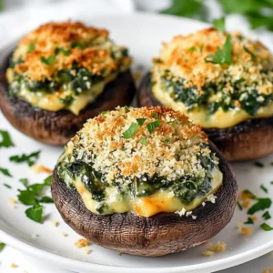 - 12 large portobello mushrooms, stems carefully removed - 2 cups fresh spinach, coarsely chopped - 1 cup cream cheese, brought to room temperature - 1/2 cup grated Parmesan cheese - 1/4 cup breadcrumbs (preferably panko for extra crunch) - 2 cloves garlic, finely minced - 1 tablespoon fresh lemon juice - 1 teaspoon dried oregano - Salt and freshly ground black pepper, to taste - 2 tablespoons olive oil - Fresh parsley, finely chopped for garnishing You can adjust the recipe to fit different dietary needs. For a vegan option, use plant-based cream cheese and nutritional yeast instead of Parmesan. If you want it gluten-free, swap panko breadcrumbs for gluten-free ones. Gather a few simple tools before you start. You will need: - A baking sheet - A skillet - A mixing bowl - A spoon for filling the mushrooms - A damp cloth for cleaning the mushrooms This list keeps things clear and simple. You can focus on the joy of cooking! {{ingredient_image_2}} 1. Preheat your oven to 375°F (190°C). This warms the oven for baking. 2. Clean the portobello mushrooms with a damp cloth. Remove dirt gently. Place them on a baking sheet, gill side up. 3. Heat a skillet over medium heat. Add olive oil and minced garlic. Cook for about 30 seconds to release the garlic's aroma. 4. Add the chopped spinach to the skillet. Stir and cook for 2-3 minutes until it wilts. Remove from heat and let it cool. 5. In a bowl, mix the cream cheese, grated Parmesan, lemon juice, and oregano. Season with salt and pepper. Stir until smooth and creamy. 6. Fold the sautéed spinach into the cream cheese mixture. Combine until the colors blend well. 7. Spoon the creamy spinach filling into each portobello mushroom's gills. Make sure to fill them evenly. 8. Sprinkle breadcrumbs on top of each stuffed mushroom. This adds a nice crunch. 9. Place the baking sheet in the oven. Bake for 20-25 minutes. The mushrooms should be tender, and the breadcrumbs golden brown. 10. After baking, remove the mushrooms from the oven. Let them cool for one minute. Garnish the mushrooms with finely chopped parsley. This adds freshness and color. Serve them warm for a delicious appetizer or side dish. Pair them with a simple salad or crusty bread to create a lovely meal. Enjoy the creamy, savory goodness! To make the filling creamy, use room temperature cream cheese. It mixes better and blends smoothly with the spinach. When you sauté garlic, do it gently. This helps keep the flavor bright without burning. Add the spinach just until it wilts. Overcooking can make it lose that fresh taste. Don’t skip cleaning the mushrooms. Dirt can ruin the taste. Make sure to fill the mushrooms generously. If they are underfilled, they may dry out while baking. Watch the breadcrumbs closely. You want them golden, not burnt. For a zestier taste, add more lemon juice. It brightens the dish. Try mixing in some red pepper flakes for heat. Fresh herbs, like thyme or basil, can also boost the flavor. A sprinkle of extra Parmesan before baking adds a nice touch. Pro Tips Choose Fresh Mushrooms: Selecting fresh portobello mushrooms ensures maximum flavor and texture. Look for firm, smooth caps without blemishes. Customize the Filling: Feel free to add other ingredients like cooked bacon bits or artichoke hearts to the spinach filling for extra flavor. Perfect Crispiness: For an extra crispy topping, broil the stuffed mushrooms for the last 2-3 minutes of baking, watching carefully to prevent burning. Make Ahead: You can prepare the mushrooms in advance and store them in the refrigerator. Bake them just before serving for a warm, delicious appetizer. {{image_4}} You can change the cheese in this recipe for new flavors. Try using feta cheese for a tangy twist. Goat cheese adds a creamy texture and a unique taste. For a sharper bite, use aged cheddar. Each cheese will give the dish a different feel and taste. Spinach is great, but you can swap it for other greens. Kale or Swiss chard can work well too. You might add artichoke hearts for a fun twist. Just chop them small so they mix well with the cream cheese. To make this dish vegan, use dairy-free cream cheese. Nutritional yeast can replace Parmesan and add a cheesy flavor. For gluten-free options, use gluten-free breadcrumbs. These changes keep the taste while making it suitable for different diets. After enjoying your creamy spinach stuffed mushrooms, store any leftovers in an airtight container. Keep them in the fridge for up to three days. Make sure they cool down to room temperature before sealing them. This way, they stay fresh and tasty. To reheat your mushrooms, preheat the oven to 350°F (175°C). Place the mushrooms on a baking sheet. Cover them with aluminum foil to avoid drying out. Heat for about 10-15 minutes. You can also use the microwave, but the oven helps keep the texture. You can freeze stuffed mushrooms for later use. Place them in a single layer on a baking sheet to freeze. Once frozen, transfer them to a freezer-safe bag. They can last up to three months. When ready to eat, bake them from frozen at 375°F (190°C) for about 25-30 minutes. You can tell the mushrooms are done when they are tender and golden. The tops should be crispy and nicely browned. This usually takes about 20 to 25 minutes in the oven. Keep an eye on them after 20 minutes. If the mushrooms look soft and the breadcrumbs are golden, they are ready to enjoy. Yes, you can make this recipe ahead of time. Prepare the stuffed mushrooms and store them in the fridge. Cover them well to keep them fresh. You can bake them later when you are ready to serve. Just add a few extra minutes to the baking time if they are cold. Creamy spinach stuffed mushrooms pair well with many dishes. Here are some ideas: - A crisp green salad with a light dressing. - Garlic bread or breadsticks for dipping. - Grilled chicken or fish for a complete meal. - A refreshing soup, like tomato or minestrone. These options will complement the flavors of the mushrooms and make your meal more satisfying. You learned about the ingredients, substitutions, and equipment needed for creamy spinach stuffed mushrooms. I shared step-by-step instructions to guide you through the preparation and cooking process. We looked at tips to perfect your filling and avoid common mistakes. I also provided variations for different tastes and diets, plus storage and reheating tips. Using this guide, you can confidently make this dish. Enjoy your cooking journey and let your creativity shine in the kitchen!