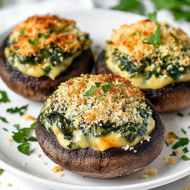 - 12 large portobello mushrooms, stems carefully removed - 2 cups fresh spinach, coarsely chopped - 1 cup cream cheese, brought to room temperature - 1/2 cup grated Parmesan cheese - 1/4 cup breadcrumbs (preferably panko for extra crunch) - 2 cloves garlic, finely minced - 1 tablespoon fresh lemon juice - 1 teaspoon dried oregano - Salt and freshly ground black pepper, to taste - 2 tablespoons olive oil - Fresh parsley, finely chopped for garnishing You can adjust the recipe to fit different dietary needs. For a vegan option, use plant-based cream cheese and nutritional yeast instead of Parmesan. If you want it gluten-free, swap panko breadcrumbs for gluten-free ones. Gather a few simple tools before you start. You will need: - A baking sheet - A skillet - A mixing bowl - A spoon for filling the mushrooms - A damp cloth for cleaning the mushrooms This list keeps things clear and simple. You can focus on the joy of cooking! {{ingredient_image_2}} 1. Preheat your oven to 375°F (190°C). This warms the oven for baking. 2. Clean the portobello mushrooms with a damp cloth. Remove dirt gently. Place them on a baking sheet, gill side up. 3. Heat a skillet over medium heat. Add olive oil and minced garlic. Cook for about 30 seconds to release the garlic's aroma. 4. Add the chopped spinach to the skillet. Stir and cook for 2-3 minutes until it wilts. Remove from heat and let it cool. 5. In a bowl, mix the cream cheese, grated Parmesan, lemon juice, and oregano. Season with salt and pepper. Stir until smooth and creamy. 6. Fold the sautéed spinach into the cream cheese mixture. Combine until the colors blend well. 7. Spoon the creamy spinach filling into each portobello mushroom's gills. Make sure to fill them evenly. 8. Sprinkle breadcrumbs on top of each stuffed mushroom. This adds a nice crunch. 9. Place the baking sheet in the oven. Bake for 20-25 minutes. The mushrooms should be tender, and the breadcrumbs golden brown. 10. After baking, remove the mushrooms from the oven. Let them cool for one minute. Garnish the mushrooms with finely chopped parsley. This adds freshness and color. Serve them warm for a delicious appetizer or side dish. Pair them with a simple salad or crusty bread to create a lovely meal. Enjoy the creamy, savory goodness! To make the filling creamy, use room temperature cream cheese. It mixes better and blends smoothly with the spinach. When you sauté garlic, do it gently. This helps keep the flavor bright without burning. Add the spinach just until it wilts. Overcooking can make it lose that fresh taste. Don’t skip cleaning the mushrooms. Dirt can ruin the taste. Make sure to fill the mushrooms generously. If they are underfilled, they may dry out while baking. Watch the breadcrumbs closely. You want them golden, not burnt. For a zestier taste, add more lemon juice. It brightens the dish. Try mixing in some red pepper flakes for heat. Fresh herbs, like thyme or basil, can also boost the flavor. A sprinkle of extra Parmesan before baking adds a nice touch. Pro Tips Choose Fresh Mushrooms: Selecting fresh portobello mushrooms ensures maximum flavor and texture. Look for firm, smooth caps without blemishes. Customize the Filling: Feel free to add other ingredients like cooked bacon bits or artichoke hearts to the spinach filling for extra flavor. Perfect Crispiness: For an extra crispy topping, broil the stuffed mushrooms for the last 2-3 minutes of baking, watching carefully to prevent burning. Make Ahead: You can prepare the mushrooms in advance and store them in the refrigerator. Bake them just before serving for a warm, delicious appetizer. {{image_4}} You can change the cheese in this recipe for new flavors. Try using feta cheese for a tangy twist. Goat cheese adds a creamy texture and a unique taste. For a sharper bite, use aged cheddar. Each cheese will give the dish a different feel and taste. Spinach is great, but you can swap it for other greens. Kale or Swiss chard can work well too. You might add artichoke hearts for a fun twist. Just chop them small so they mix well with the cream cheese. To make this dish vegan, use dairy-free cream cheese. Nutritional yeast can replace Parmesan and add a cheesy flavor. For gluten-free options, use gluten-free breadcrumbs. These changes keep the taste while making it suitable for different diets. After enjoying your creamy spinach stuffed mushrooms, store any leftovers in an airtight container. Keep them in the fridge for up to three days. Make sure they cool down to room temperature before sealing them. This way, they stay fresh and tasty. To reheat your mushrooms, preheat the oven to 350°F (175°C). Place the mushrooms on a baking sheet. Cover them with aluminum foil to avoid drying out. Heat for about 10-15 minutes. You can also use the microwave, but the oven helps keep the texture. You can freeze stuffed mushrooms for later use. Place them in a single layer on a baking sheet to freeze. Once frozen, transfer them to a freezer-safe bag. They can last up to three months. When ready to eat, bake them from frozen at 375°F (190°C) for about 25-30 minutes. You can tell the mushrooms are done when they are tender and golden. The tops should be crispy and nicely browned. This usually takes about 20 to 25 minutes in the oven. Keep an eye on them after 20 minutes. If the mushrooms look soft and the breadcrumbs are golden, they are ready to enjoy. Yes, you can make this recipe ahead of time. Prepare the stuffed mushrooms and store them in the fridge. Cover them well to keep them fresh. You can bake them later when you are ready to serve. Just add a few extra minutes to the baking time if they are cold. Creamy spinach stuffed mushrooms pair well with many dishes. Here are some ideas: - A crisp green salad with a light dressing. - Garlic bread or breadsticks for dipping. - Grilled chicken or fish for a complete meal. - A refreshing soup, like tomato or minestrone. These options will complement the flavors of the mushrooms and make your meal more satisfying. You learned about the ingredients, substitutions, and equipment needed for creamy spinach stuffed mushrooms. I shared step-by-step instructions to guide you through the preparation and cooking process. We looked at tips to perfect your filling and avoid common mistakes. I also provided variations for different tastes and diets, plus storage and reheating tips. Using this guide, you can confidently make this dish. Enjoy your cooking journey and let your creativity shine in the kitchen!