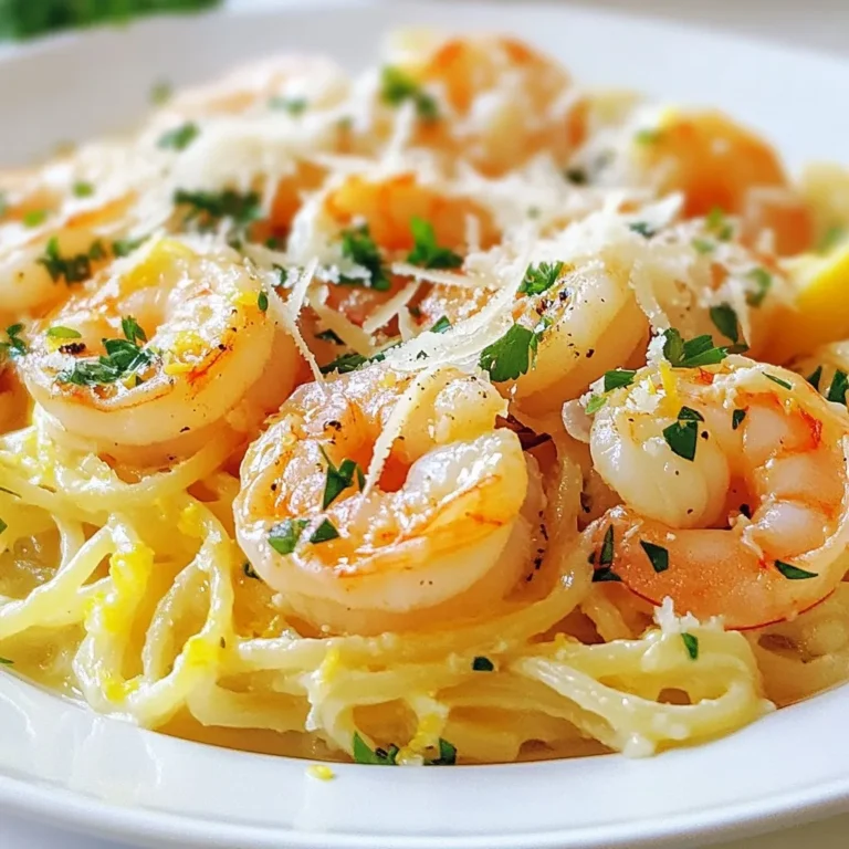 To make Creamy Lemon Garlic Shrimp, gather these simple items: - 1 pound large shrimp, peeled and deveined - 2 tablespoons extra virgin olive oil - 3 tablespoons unsalted butter - 4 cloves garlic, finely minced - 1 cup heavy cream - Zest and juice of 1 large lemon - 1/2 cup freshly grated Parmesan cheese - 1 teaspoon Italian seasoning blend - Salt and freshly ground black pepper, to taste - Fresh parsley, chopped, for a vibrant garnish - Cooked pasta or fluffy rice, for serving If you cannot find large shrimp, medium shrimp works well too. Try using coconut milk instead of heavy cream for a lighter sauce. For the cheese, you can swap the Parmesan with Pecorino Romano for a sharper taste. If you want a different herb flavor, fresh basil or thyme can add a nice twist. Fresh shrimp should smell clean and not fishy. Look for shells that are firm and shiny. Always check the color; fresh shrimp should be gray or light pink. When using garlic, fresh cloves give the best flavor. If you can, buy organic lemon to avoid pesticides. The zest adds a bright kick to the sauce, so don’t skip it! {{ingredient_image_2}} First, heat 2 tablespoons of extra virgin olive oil in a large skillet over medium heat. When the oil shimmers, add 1 pound of peeled and deveined shrimp. Season them with salt and freshly cracked pepper. Sauté the shrimp for 2 to 3 minutes on each side. They should turn pink and opaque. Use a slotted spoon to take them out and set aside on a plate. In the same skillet, reduce the heat slightly. Add 3 tablespoons of unsalted butter until it melts. Next, add 4 cloves of finely minced garlic. Sauté for about 1 minute. Keep a close eye on it. You want the garlic fragrant and golden, not burnt. Now, pour in 1 cup of heavy cream while stirring with a wooden spoon. Add the zest and juice of 1 large lemon along with 1 teaspoon of Italian seasoning. Raise the heat a little to bring the mixture to a gentle simmer. This helps the flavors blend well. Return the sautéed shrimp back to the skillet. Stir well to coat them in the creamy sauce. Cook for another minute to heat the shrimp through and let them soak up the flavors from the sauce. Taste the sauce and adjust it as needed. Add more salt and freshly ground black pepper if necessary. Serve the creamy lemon garlic shrimp over cooked pasta or fluffy rice. Don’t forget to garnish with fresh, chopped parsley for a burst of color and flavor. Enjoy this simple dinner delight! When choosing shrimp, look for clear, shiny shells. The color should be bright and firm. Avoid shrimp with a strong fishy smell. Fresh shrimp has a mild scent of the sea. If possible, buy shrimp with the shell on for the best flavor. Check for any black spots on the shell, as these can indicate age. To achieve a creamier sauce, use heavy cream instead of milk. Heavy cream has a higher fat content, which adds richness. You can also add more Parmesan cheese for extra creaminess. If you want a touch of tang, a splash of cream cheese can elevate the flavor. Whisk the sauce as you add ingredients, ensuring a smooth texture. Shrimp cooks quickly, usually in about 2-3 minutes per side. Watch for the shrimp to turn pink and opaque. Overcooking makes shrimp tough and chewy. Remove shrimp from the pan just before they are fully cooked. The heat from the sauce will finish cooking them. Keep the heat at medium to avoid burning the garlic or sauce. Pro Tips Fresh Shrimp: Always use the freshest shrimp you can find for the best flavor and texture. Look for shrimp that have a mild scent and a firm texture. Adjust Creaminess: If you prefer a lighter sauce, you can substitute half of the heavy cream with chicken or vegetable broth while still maintaining a rich flavor. Perfect Pasta: Cook your pasta al dente and reserve a bit of the pasta cooking water. This starchy water can help adjust the sauce consistency if needed. Herb Variations: Experiment with different herbs or seasonings, such as dill or thyme, to give the dish a unique twist that complements the lemon and garlic. {{image_4}} You can boost the nutrition of your creamy lemon garlic shrimp by adding vegetables. Think about adding spinach, cherry tomatoes, or bell peppers. These veggies add color and flavor. For spinach, stir it in just before serving. Cherry tomatoes add sweetness and pop. Bell peppers provide crunch. Cook them with the shrimp for extra taste. If you want to switch things up, try different proteins. Chicken or scallops work well in this dish. For chicken, cut it into small pieces and sauté it like the shrimp. If you prefer scallops, they cook quickly and soak up the flavors. Both options give you a tasty twist on the classic recipe. You can adjust the seasoning to match your taste. Try adding a pinch of red pepper flakes for heat. Fresh herbs like basil or dill can give a new flavor. If you love a bit of spice, add some Cajun seasoning. These changes let you personalize your creamy lemon garlic shrimp for any mood or occasion. Store leftover creamy lemon garlic shrimp in an airtight container. Keep it in the fridge for up to three days. Make sure to let it cool to room temperature before sealing. This helps maintain the dish's creamy texture. To reheat, place the shrimp in a skillet over medium heat. Add a splash of cream or broth to keep it moist. Stir gently until heated through, about 5 minutes. You can also use the microwave, heating in short bursts of 30 seconds, stirring in between to avoid overcooking. If you have more shrimp than you can eat, freezing is a great option. Place the cooled shrimp in a freezer-safe bag. Remove as much air as possible before sealing. You can freeze for up to three months. When ready to eat, thaw it overnight in the fridge before reheating. You can serve this dish with many sides. Pasta is a classic choice. It soaks up the creamy sauce well. Fluffy rice also pairs perfectly. If you want greens, try a fresh salad. Garlic bread is a tasty option too. You can even serve it over zucchini noodles for a fun twist. To make this dish low-carb, swap out the pasta or rice. Use spiralized zucchini or cauliflower rice instead. Both options give you a great base without the carbs. You can add more veggies, like spinach or broccoli, for extra nutrients. This keeps the dish light and still delicious. Yes, you can use frozen shrimp! Just make sure to thaw them first. Place them in cold water for about 15 minutes. This helps them cook evenly. Pat them dry before adding them to the pan. They will taste just as good as fresh shrimp. This article covers everything you need to make creamy lemon garlic shrimp. We discussed key ingredients, fresh alternatives, and how to ensure quality. You learned step-by-step instructions for perfect sautéing. Tips for selecting fresh shrimp and cooking times were shared as well. Variations give you options with veggies and proteins. Finally, storage info keeps your leftovers tasty. With these insights, you can now create a dish that impresses every time. Enjoy your cooking adventure!