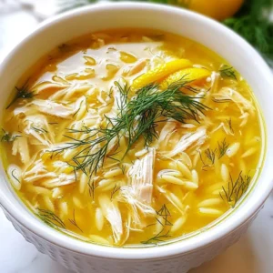 - 1 pound boneless, skinless chicken breast - 6 cups chicken broth - 1 cup orzo pasta - 3 large eggs - 1/3 cup fresh lemon juice - Zest of 1 lemon - 1 medium onion - 2 cloves garlic - 2 tablespoons olive oil - Salt and pepper - Fresh dill or parsley To make Greek lemon chicken soup (Avgolemono), you need fresh and simple ingredients. Each one plays a key role in creating the bright, tangy flavor of the soup. The chicken breast is the heart of this dish. It gives a nice, tender texture. Use homemade chicken broth for the best taste. If you can’t make it, choose low-sodium broth to keep it healthy. Orzo pasta adds a delightful chewiness. It soaks up the broth and makes the soup hearty. The eggs create that classic Avgolemono creaminess. They give the soup a rich, velvety feel. The fresh lemon juice and zest bring bright, tangy notes. They balance the dish perfectly, making each bite refreshing. Don’t forget the onion and garlic. They add depth and warmth to the flavor. Finally, use olive oil to sauté the aromatics. It helps to enhance the dish’s overall taste. Season it with salt and pepper to your liking. Top it off with fresh dill or parsley for a pop of color and flavor. Gather these ingredients, and you're ready to dive into making this comforting soup! {{ingredient_image_2}} Start by sautéing the onion and garlic. Heat olive oil in a large pot over medium heat. Add the finely chopped onion and cook for about 5 minutes. Wait until the onion turns soft and translucent. This step is key for a deep flavor. Next, stir in the minced garlic and cook for one more minute. The garlic will release a lovely aroma that fills your kitchen. Timing is important here, as overcooking can make garlic bitter. To bring the broth to a boil, pour in the chicken broth after the aromatics are ready. Increase the heat until it bubbles gently. This is when the flavors start to blend. Now, carefully add the chicken breasts to the pot. Reduce the heat to low and let it simmer for 15 to 20 minutes. You want the chicken to cook all the way through. A good tip is to check if it’s no longer pink in the center. After cooking, remove the chicken from the pot and let it cool. Once cool enough to handle, shred it into bite-sized pieces. This makes it easy to eat in the soup. Return the shredded chicken to the pot to warm it back up. Next, add the orzo pasta to the bubbling broth. Follow the package instructions, usually about 8 to 10 minutes, stirring occasionally. You want it to be al dente, so keep an eye on it. Now, prepare the egg mixture. In a separate bowl, whisk together the eggs, fresh lemon juice, and lemon zest. Aim for a smooth consistency here, as it adds creaminess to the soup. To prevent the eggs from scrambling, temper them. Slowly add a ladle of hot broth into the egg mixture while whisking. This warms the eggs gently. Finally, combine the egg mixture back into the pot. Stir gently as you add it to keep the soup creamy. Taste the soup and adjust seasoning with salt and pepper to your liking. For a finishing touch, serve the soup hot. Garnish with fresh dill or parsley for a burst of color and flavor. This adds a lovely touch to the dish. Preventing scrambled eggs in the soup To avoid scrambled eggs, you must temper them. Slowly mix hot broth into the egg mixture. Whisk continuously as you do this. This warms the eggs without cooking them too fast. If you skip this step, the eggs may curdle, ruining your soup. Achieving the right consistency A smooth soup is key. If it's too thick, add more broth. If it's too thin, let it simmer a bit longer. Stir often to keep things mixed. The orzo will absorb some liquid, so adjust as needed. Best types of chicken broth Opt for homemade chicken broth when you can. It has a deeper flavor. If you're short on time, low-sodium store-bought broth works well too. The key is using quality broth for the best taste. Adding additional herbs and spices Fresh herbs like dill or parsley enhance the soup's flavor. You can also add a pinch of thyme or oregano for an extra kick. Experiment with spices, but keep it simple to let the lemon shine. What to serve with Avgolemono Serve Avgolemono with crusty bread or a simple salad. These pair well and balance the soup's rich taste. You can also add a side of roasted vegetables for more color and nutrients. Storage and reheating tips Store leftover soup in an airtight container in the fridge. It lasts about three days. When reheating, do it slowly over low heat. Stir often to keep the texture smooth. If it thickens too much, add a bit of broth to loosen it up. Pro Tips Use Homemade Broth: For the best flavor, try using homemade chicken broth. It adds depth and richness to the soup that store-bought versions often lack. Perfectly Cooked Orzo: Be careful not to overcook the orzo. It should be al dente to maintain its texture and prevent it from becoming mushy in the soup. Fresh Lemon Juice: Always use fresh lemon juice for the best flavor. Bottled lemon juice lacks the vibrant taste that fresh lemons bring to the soup. Garnish Wisely: Garnishing with fresh dill or parsley not only enhances the presentation but also adds a burst of fresh flavor that complements the soup beautifully. {{image_4}} For a vegetarian twist on Avgolemono, you can easily swap chicken for vegetables. Consider using hearty choices like carrots, zucchini, or mushrooms. These veggies will bring fresh flavors and textures to the soup. You can also add greens like spinach or kale for more nutrients. Instead of chicken broth, use vegetable broth. It adds great taste while keeping the soup light. Look for low-sodium options to control the salt. You can still enjoy that lovely lemon flavor with this change. Orzo is a classic in Avgolemono, but you can try other pasta types. Small pasta shapes like ditalini or even mini shells work well. They will soak up the soup's flavors and keep a nice bite. If you need gluten-free options, use rice or gluten-free pasta. Quinoa is another great choice that adds protein. Just be sure to adjust the cooking times as needed. To make Avgolemono even tastier, consider adding extra vegetables. Peas, corn, or bell peppers can brighten the soup. They add color and nutrition while enhancing the overall flavor. You can also incorporate spices for new taste profiles. A pinch of cumin or coriander can add warmth. For a kick, try a dash of cayenne. Just remember, start small and taste as you go. This way, you can find the perfect balance for your taste buds. Avgolemono lasts about 3 to 4 days in the fridge. Store it in airtight containers. This keeps it fresh and tasty. Make sure to cool the soup before sealing it up. You can freeze Avgolemono for up to 3 months. To do this, let it cool fully. Pour it into freezer-safe bags or containers. Label them with the date. When ready to eat, thaw it overnight in the fridge. Reheat gently on the stove or in the microwave. Stir often to ensure even warming. To prep ahead, cook the chicken and orzo separately. Store them in containers. Keep the soup base in a separate container. This way, everything stays fresh. When you are ready to eat, combine them and heat. This method saves time and keeps your flavors bright. Avgolemono is a Greek soup. It blends chicken, lemon, and egg. The name comes from the Greek words for egg (avgo) and lemon (lemono). It holds a special place in Greek culture. Many families enjoy it during gatherings. This soup is warm, bright, and comforting. It is a perfect dish for any season. Yes, using leftover chicken works great! Shred the chicken into bite-sized pieces. Add it to the soup when you simmer the broth. This saves time and adds flavor. You can use rotisserie chicken for an easy option. Just make sure it is moist and tasty. If you cannot find orzo, don’t worry! You can use other pasta types. Try small shapes like ditalini or acini di pepe. For gluten-free options, use quinoa or rice. Both choices work well in the soup. Make sure to adjust the cooking time as needed. To boost creaminess, use more egg yolks. This adds richness to the soup. You can also whisk in some heavy cream. Another option is to blend a bit of the soup and return it to the pot. This gives a smooth texture. Don’t forget to temper the eggs first! This keeps them from scrambling. This article covered how to make Avgolemono soup, a delicious dish. We explored the key ingredients, from chicken and orzo to fresh herbs. I detailed the cooking process, making the broth, and adding that perfect lemon touch. Tips helped avoid common mistakes and highlighted flavor secrets. Finally, we looked at variations and storage options. Experimenting with this recipe can lead to your own tasty twist. Enjoy making Avgolemono, and savor the results!
