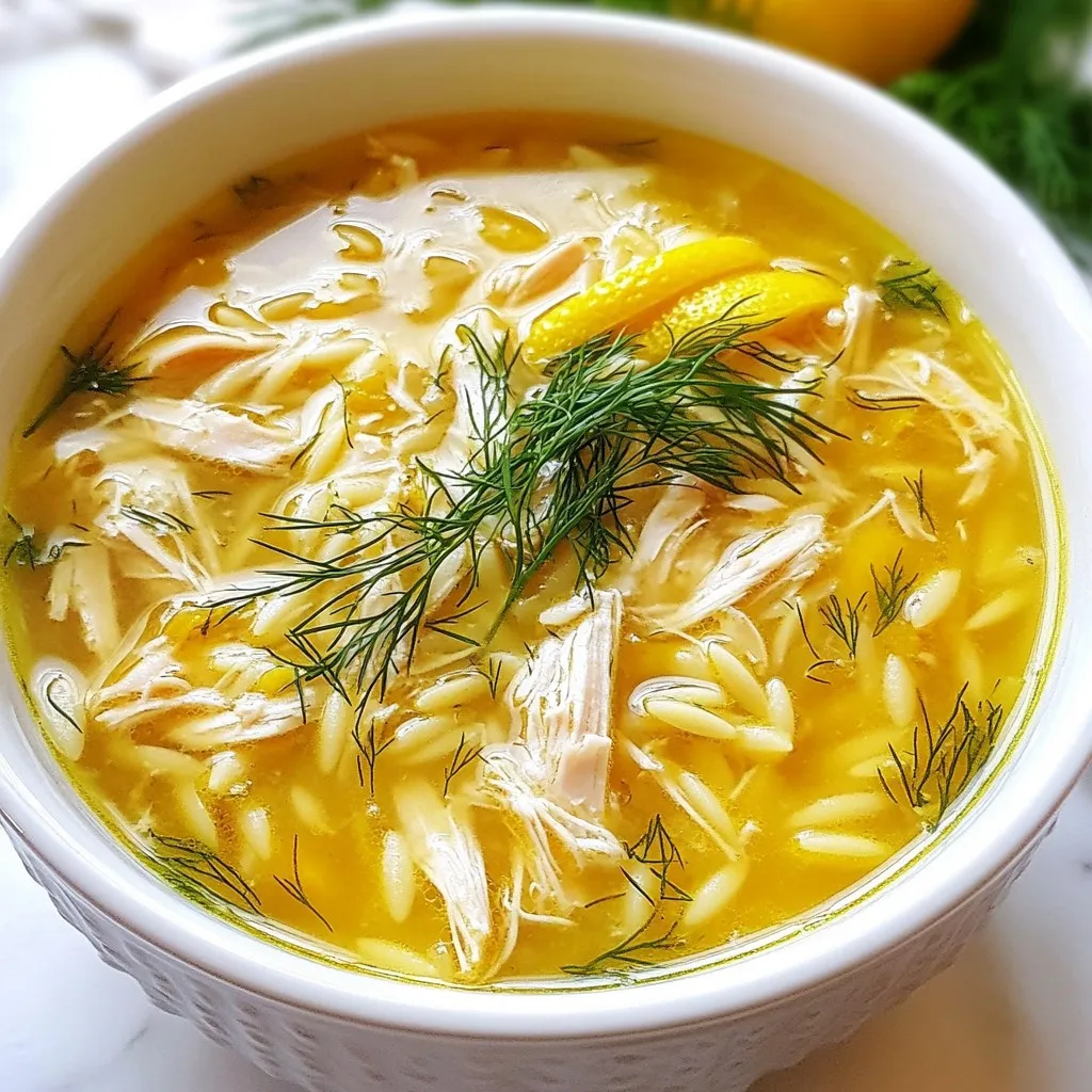 - 1 pound boneless, skinless chicken breast - 6 cups chicken broth - 1 cup orzo pasta - 3 large eggs - 1/3 cup fresh lemon juice - Zest of 1 lemon - 1 medium onion - 2 cloves garlic - 2 tablespoons olive oil - Salt and pepper - Fresh dill or parsley To make Greek lemon chicken soup (Avgolemono), you need fresh and simple ingredients. Each one plays a key role in creating the bright, tangy flavor of the soup. The chicken breast is the heart of this dish. It gives a nice, tender texture. Use homemade chicken broth for the best taste. If you can’t make it, choose low-sodium broth to keep it healthy. Orzo pasta adds a delightful chewiness. It soaks up the broth and makes the soup hearty. The eggs create that classic Avgolemono creaminess. They give the soup a rich, velvety feel. The fresh lemon juice and zest bring bright, tangy notes. They balance the dish perfectly, making each bite refreshing. Don’t forget the onion and garlic. They add depth and warmth to the flavor. Finally, use olive oil to sauté the aromatics. It helps to enhance the dish’s overall taste. Season it with salt and pepper to your liking. Top it off with fresh dill or parsley for a pop of color and flavor. Gather these ingredients, and you're ready to dive into making this comforting soup! {{ingredient_image_2}} Start by sautéing the onion and garlic. Heat olive oil in a large pot over medium heat. Add the finely chopped onion and cook for about 5 minutes. Wait until the onion turns soft and translucent. This step is key for a deep flavor. Next, stir in the minced garlic and cook for one more minute. The garlic will release a lovely aroma that fills your kitchen. Timing is important here, as overcooking can make garlic bitter. To bring the broth to a boil, pour in the chicken broth after the aromatics are ready. Increase the heat until it bubbles gently. This is when the flavors start to blend. Now, carefully add the chicken breasts to the pot. Reduce the heat to low and let it simmer for 15 to 20 minutes. You want the chicken to cook all the way through. A good tip is to check if it’s no longer pink in the center. After cooking, remove the chicken from the pot and let it cool. Once cool enough to handle, shred it into bite-sized pieces. This makes it easy to eat in the soup. Return the shredded chicken to the pot to warm it back up. Next, add the orzo pasta to the bubbling broth. Follow the package instructions, usually about 8 to 10 minutes, stirring occasionally. You want it to be al dente, so keep an eye on it. Now, prepare the egg mixture. In a separate bowl, whisk together the eggs, fresh lemon juice, and lemon zest. Aim for a smooth consistency here, as it adds creaminess to the soup. To prevent the eggs from scrambling, temper them. Slowly add a ladle of hot broth into the egg mixture while whisking. This warms the eggs gently. Finally, combine the egg mixture back into the pot. Stir gently as you add it to keep the soup creamy. Taste the soup and adjust seasoning with salt and pepper to your liking. For a finishing touch, serve the soup hot. Garnish with fresh dill or parsley for a burst of color and flavor. This adds a lovely touch to the dish. Preventing scrambled eggs in the soup To avoid scrambled eggs, you must temper them. Slowly mix hot broth into the egg mixture. Whisk continuously as you do this. This warms the eggs without cooking them too fast. If you skip this step, the eggs may curdle, ruining your soup. Achieving the right consistency A smooth soup is key. If it's too thick, add more broth. If it's too thin, let it simmer a bit longer. Stir often to keep things mixed. The orzo will absorb some liquid, so adjust as needed. Best types of chicken broth Opt for homemade chicken broth when you can. It has a deeper flavor. If you're short on time, low-sodium store-bought broth works well too. The key is using quality broth for the best taste. Adding additional herbs and spices Fresh herbs like dill or parsley enhance the soup's flavor. You can also add a pinch of thyme or oregano for an extra kick. Experiment with spices, but keep it simple to let the lemon shine. What to serve with Avgolemono Serve Avgolemono with crusty bread or a simple salad. These pair well and balance the soup's rich taste. You can also add a side of roasted vegetables for more color and nutrients. Storage and reheating tips Store leftover soup in an airtight container in the fridge. It lasts about three days. When reheating, do it slowly over low heat. Stir often to keep the texture smooth. If it thickens too much, add a bit of broth to loosen it up. Pro Tips Use Homemade Broth: For the best flavor, try using homemade chicken broth. It adds depth and richness to the soup that store-bought versions often lack. Perfectly Cooked Orzo: Be careful not to overcook the orzo. It should be al dente to maintain its texture and prevent it from becoming mushy in the soup. Fresh Lemon Juice: Always use fresh lemon juice for the best flavor. Bottled lemon juice lacks the vibrant taste that fresh lemons bring to the soup. Garnish Wisely: Garnishing with fresh dill or parsley not only enhances the presentation but also adds a burst of fresh flavor that complements the soup beautifully. {{image_4}} For a vegetarian twist on Avgolemono, you can easily swap chicken for vegetables. Consider using hearty choices like carrots, zucchini, or mushrooms. These veggies will bring fresh flavors and textures to the soup. You can also add greens like spinach or kale for more nutrients. Instead of chicken broth, use vegetable broth. It adds great taste while keeping the soup light. Look for low-sodium options to control the salt. You can still enjoy that lovely lemon flavor with this change. Orzo is a classic in Avgolemono, but you can try other pasta types. Small pasta shapes like ditalini or even mini shells work well. They will soak up the soup's flavors and keep a nice bite. If you need gluten-free options, use rice or gluten-free pasta. Quinoa is another great choice that adds protein. Just be sure to adjust the cooking times as needed. To make Avgolemono even tastier, consider adding extra vegetables. Peas, corn, or bell peppers can brighten the soup. They add color and nutrition while enhancing the overall flavor. You can also incorporate spices for new taste profiles. A pinch of cumin or coriander can add warmth. For a kick, try a dash of cayenne. Just remember, start small and taste as you go. This way, you can find the perfect balance for your taste buds. Avgolemono lasts about 3 to 4 days in the fridge. Store it in airtight containers. This keeps it fresh and tasty. Make sure to cool the soup before sealing it up. You can freeze Avgolemono for up to 3 months. To do this, let it cool fully. Pour it into freezer-safe bags or containers. Label them with the date. When ready to eat, thaw it overnight in the fridge. Reheat gently on the stove or in the microwave. Stir often to ensure even warming. To prep ahead, cook the chicken and orzo separately. Store them in containers. Keep the soup base in a separate container. This way, everything stays fresh. When you are ready to eat, combine them and heat. This method saves time and keeps your flavors bright. Avgolemono is a Greek soup. It blends chicken, lemon, and egg. The name comes from the Greek words for egg (avgo) and lemon (lemono). It holds a special place in Greek culture. Many families enjoy it during gatherings. This soup is warm, bright, and comforting. It is a perfect dish for any season. Yes, using leftover chicken works great! Shred the chicken into bite-sized pieces. Add it to the soup when you simmer the broth. This saves time and adds flavor. You can use rotisserie chicken for an easy option. Just make sure it is moist and tasty. If you cannot find orzo, don’t worry! You can use other pasta types. Try small shapes like ditalini or acini di pepe. For gluten-free options, use quinoa or rice. Both choices work well in the soup. Make sure to adjust the cooking time as needed. To boost creaminess, use more egg yolks. This adds richness to the soup. You can also whisk in some heavy cream. Another option is to blend a bit of the soup and return it to the pot. This gives a smooth texture. Don’t forget to temper the eggs first! This keeps them from scrambling. This article covered how to make Avgolemono soup, a delicious dish. We explored the key ingredients, from chicken and orzo to fresh herbs. I detailed the cooking process, making the broth, and adding that perfect lemon touch. Tips helped avoid common mistakes and highlighted flavor secrets. Finally, we looked at variations and storage options. Experimenting with this recipe can lead to your own tasty twist. Enjoy making Avgolemono, and savor the results!