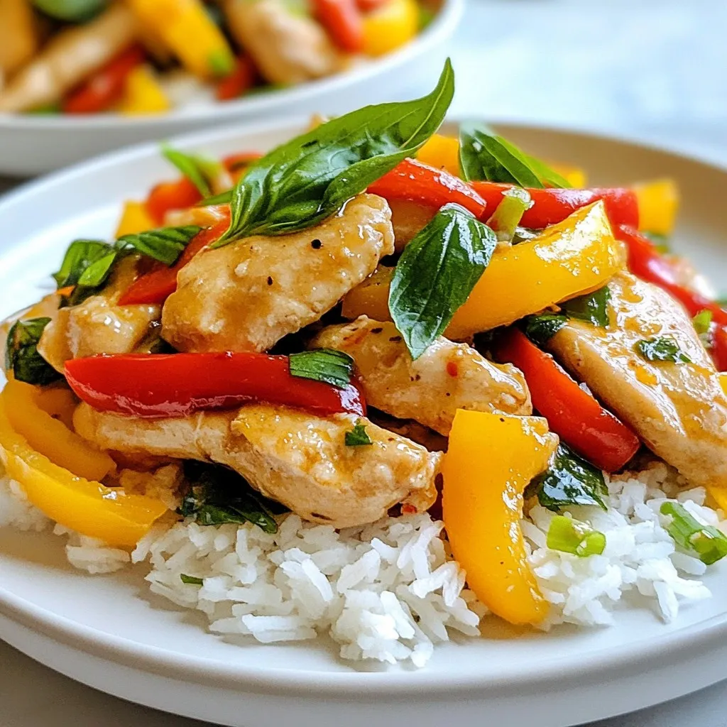 To make Thai Basil Chicken Stir Fry, gather the following ingredients: - Chicken: 1 lb (450g) thinly sliced - Fresh Thai basil: 2 cups, stems removed - Bell Peppers: 1 red and 1 yellow, sliced - Garlic: 4 cloves, minced - Thai bird’s eye chilies: 2-3, thinly sliced - Sauces: soy sauce, fish sauce, oyster sauce - Sugar: 1 teaspoon - Vegetable oil: 2 tablespoons - Jasmine rice: 1 cup (for serving) - Optional garnishes: sliced green onions These ingredients create a vibrant dish full of rich flavors. Fresh Thai basil gives it a sweet and slightly spicy taste. The bell peppers add crunch and color, while the chilies provide heat. The sauces deepen the umami flavor, making each bite a delight. When cooking, I recommend using fresh ingredients. They make a big difference in taste. Always choose high-quality chicken and vibrant vegetables. This way, your stir fry will be not just tasty but also beautiful on the plate. If you want to add more layers to your dish, consider garnishing with green onions. They add a fresh crunch and enhance the overall look. Enjoy preparing this vibrant and flavorful meal! {{ingredient_image_2}} - First, rinse the jasmine rice under cold water. You want the water to run clear. This helps remove extra starch. - Next, cook the rice according to the package instructions. Usually, it takes about 15 minutes. This rice will be fluffy and great with your stir fry. - In a medium bowl, mix the sliced chicken with soy sauce, fish sauce, oyster sauce, and sugar. Make sure to coat the chicken well. - Let the chicken marinate for 15-20 minutes. This time allows the flavors to seep in and makes the chicken tasty. - Heat the vegetable oil in a large wok over medium-high heat. Wait until the oil shimmers; this shows it’s hot enough. - Carefully add the minced garlic and sliced chilies to the hot oil. Stir for about 30 seconds. You want to smell the garlic but not burn it. - Add the marinated chicken to the wok in a single layer. Let it sear for about 2 minutes without stirring. Then, stir-fry for 5-7 minutes. The chicken should be cooked through and lightly browned. - Toss in the sliced red and yellow bell peppers. Stir-fry for 2-3 minutes. You want the peppers to stay tender but still have a little crunch. - Remove the wok from heat and fold in the fresh Thai basil leaves. Toss them gently until they wilt. This keeps their color and flavor bright. - Serve the stir fry over fluffy jasmine rice. For a fresh touch, add sliced green onions on top before serving. - Heat levels for stir-frying: Use medium-high heat for the best results. This helps the chicken cook quickly while keeping it tender. If your heat is too low, the chicken will steam instead of sear. - Importance of marination: Marinate the chicken for 15-20 minutes. This allows the flavors from the soy sauce, fish sauce, and oyster sauce to soak in. It makes the chicken tasty and juicy. - Adjusting spice levels: If you like it spicy, add more Thai bird's eye chilies. Start with one and taste as you go. You can always add more, but it's hard to take spice away. - Using fresh ingredients: Always use fresh Thai basil and vegetables. Fresh ingredients boost the dish's flavor and aroma. They make your stir fry vibrant and colorful, too. - Serving suggestions: Serve the stir fry in bright bowls. This highlights the colorful peppers and green basil. Pair it with jasmine rice for a complete meal. - Garnishing ideas for added appeal: Add sliced green onions on top for a fresh touch. A wedge of lime on the side adds a zesty kick and makes it look even better. Pro Tips Marinate for Maximum Flavor: Allow the chicken to marinate for at least 20 minutes to absorb the flavors of the sauces. For even deeper flavor, consider marinating it for a few hours in the refrigerator. Adjust Spice Level: If you prefer a milder dish, remove the seeds from the bird’s eye chilies before slicing. Alternatively, you can substitute with a less spicy chili variety. Use Fresh Ingredients: Fresh Thai basil is key to this recipe. Look for vibrant green leaves without any browning or wilting for the best flavor and presentation. Stir-Fry Technique: Ensure the oil is hot enough before adding the chicken to achieve a nice sear. Cooking in batches can prevent overcrowding and steaming, leading to a better texture. {{image_4}} You can switch up the protein in this dish. Using beef or tofu gives it a different taste. Slice beef thinly and marinate it just like chicken. Tofu works well if you want a plant-based meal. Press it first to remove extra moisture. Then, cut it into cubes and marinate. Shrimp is another fun option. It cooks fast and adds sweetness. Just sauté the shrimp until they turn pink, then add the veggies and basil. Feel free to get creative with your veggies. You can try other colors of bell peppers. Green or orange peppers add a nice twist. You can also toss in more vegetables, like snap peas or carrots. They add color and crunch. Just remember to cut them thinly so they cook quickly. The goal is to keep them crisp and bright. If you need a gluten-free dish, use gluten-free soy sauce. It tastes great and works well in the stir fry. For vegan adaptations, skip the fish sauce and oyster sauce. Use extra soy sauce or a vegan stir-fry sauce instead. This way, you keep all the flavor without the animal products. Enjoy your meal while sticking to your diet! Store your Thai Basil Chicken Stir Fry in an airtight container. This keeps it fresh and safe to eat. Put it in the fridge if you plan to eat it within three days. The flavors will blend and taste even better on the second day! If you want to keep it longer, freeze the stir fry. Use a freezer-safe container and leave some space for expansion. It will last up to three months in the freezer. Just make sure to label it with the date! To reheat your stir fry, the best method is using a skillet. Heat it on medium. Add a splash of water or broth to keep it moist. Stir gently until it's hot throughout, about 5-7 minutes. You can also use the microwave. Place the stir fry in a microwave-safe dish. Cover it with a damp paper towel to keep it from drying out. Heat in short bursts of 30 seconds. Stir in between until it's hot. This way, you keep the texture and flavor intact. The spice level in Thai Basil Chicken can vary. You can adjust it based on your taste. If you like it mild, use fewer bird’s eye chilies. Start with one chili, then add more if you want more heat. For those who love spice, leave the seeds in the chilies. This adds extra kick. Always taste as you cook. This way, you can find the right balance for you. Yes, you can prepare this dish ahead of time. The chicken can marinate for a few hours or overnight. This makes the flavors even better. Cook the stir fry just before serving for the best taste. If you want to save time, chop the veggies earlier. Store them in the fridge. This lets you whip up the meal quickly. This dish pairs well with jasmine rice. The fluffy rice soaks up the sauce. You can also add a side salad for crunch. A simple cucumber salad works great. For an extra touch, serve lime wedges on the side. The lime adds a fresh burst of flavor that complements the dish. This blog post details how to make a tasty Thai basil chicken stir fry. You learned the key ingredients and step-by-step cooking methods. I explained tips for better flavor and how to store leftovers. You also discovered variations using different proteins and vegetables. Cooking can be fun and rewarding. Don't be afraid to try new things in the kitchen. Enjoy your meal and impress your friends with this delicious dish!