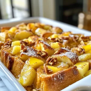 To make the perfect Cinnamon Apple French Toast Bake, gather these simple ingredients: - 1 loaf of French bread, cut into 1-inch cubes - 4 large eggs - 2 cups whole milk - 1/2 cup granulated sugar - 1 teaspoon vanilla extract - 2 teaspoons ground cinnamon - 1/4 teaspoon ground nutmeg - 2 large apples, peeled, cored, and diced into small cubes - 1/2 cup chopped pecans (optional) - 1/4 cup pure maple syrup - Powdered sugar for dusting (optional) Each ingredient plays a special role in creating a warm and cozy dish. The French bread gives the bake its soft texture. Eggs and milk bind everything together. Sugar adds sweetness, while cinnamon and nutmeg bring warmth and spice. The apples add a fresh crunch, and pecans give an extra layer of flavor. Maple syrup drizzled on top makes it even more delightful. Finally, a dusting of powdered sugar can make your dish look fancy. Make sure to use fresh ingredients for the best taste. Enjoy the process of gathering your items; it sets the stage for a fun cooking experience! {{ingredient_image_2}} 1. Preheat your oven to 350°F (175°C). This helps cook the dish evenly. 2. Grease a 9x13-inch baking dish with butter or cooking spray. This keeps the bake from sticking. 3. In a large bowl, whisk together the eggs, milk, sugar, vanilla, cinnamon, and nutmeg. Mix until smooth. 4. Cut the French bread into 1-inch cubes and fold them into the egg mixture. Let it soak for 10 minutes. This helps the bread absorb the flavors. 1. In a medium bowl, toss the diced apples with a tablespoon of sugar and a pinch of cinnamon. This makes the apples sweeter. 2. In the greased baking dish, layer half of the soaked bread mixture first. Spread it evenly. 3. Next, add half of the diced apples on top. If you want, sprinkle half of the chopped pecans now. 4. Repeat the layers with the remaining bread, apples, and pecans. This creates a nice mix of flavors. 1. Drizzle maple syrup over the top layer. This adds a sweet touch. 2. Cover the dish with aluminum foil. This traps moisture while baking. 3. Bake in the preheated oven for 30 minutes. After that, remove the foil. 4. Continue baking for 15-20 more minutes until the top is golden brown. This shows it’s done. To get a nice golden top, make sure to spread the bread evenly in the dish. This helps each piece bake well. Also, allow the bread to soak in the egg mixture for at least 10 minutes. This soaking time helps the bread soak up all those yummy flavors. Serving your bake warm makes it extra cozy. You can serve it straight from the dish or on a nice platter. For a fun twist, add a dollop of whipped cream or a scoop of ice cream. Dust the top with powdered sugar for a lovely finish that looks great. Want to change things up? You can swap apples for other fruits like pears or berries. You can also add nuts, like walnuts or almonds, for some crunch. If you like it sweeter, just add a bit more sugar or maple syrup to fit your taste. Pro Tips Use Day-Old Bread: For the best texture, use bread that is a day or two old. This will help it absorb the custard mixture without becoming too soggy. Experiment with Apples: Different apple varieties can change the flavor profile. Try using Granny Smith for a tart contrast or Honeycrisp for sweetness. Add a Touch of Salt: A pinch of salt in the custard mixture enhances the flavors and balances the sweetness of the dish. Make Ahead: This dish can be prepared the night before. Just cover the assembled bake and refrigerate, then bake it in the morning for a quick breakfast. {{image_4}} You can easily adjust this recipe to fit your diet. If you need gluten-free options, try gluten-free bread. Many stores offer tasty gluten-free loaves. They work well in this bake and keep the dish delicious. For those who want a dairy-free version, swap whole milk with almond or oat milk. These alternatives blend well and keep the creaminess. You can also use a dairy-free yogurt instead of eggs. This keeps the texture similar while catering to your needs. To make this dish even more exciting, add spices like cardamom or allspice. These spices give a warm flavor that pairs well with apples. Just a pinch can change the profile and make it unique. You might also add chocolate chips or dried fruits. Chocolate brings a rich sweetness, while dried fruits add chewy bites. Raisins or cranberries can work great here, adding both flavor and texture. Think about the seasons when you make this dish. For fall, try adding pumpkin spice. Mixing it in with the apples makes a cozy, autumn-inspired treat. In the summer, switch to fresh berries. Strawberries or blueberries can brighten the dish. They add a fresh taste and a pop of color. You can mix these fruits right in, or layer them for a pretty look. To keep your Cinnamon Apple French Toast Bake fresh, store leftovers in the fridge. Place the cooled bake in an airtight container. It will stay good for up to three days. If you want to save it longer, freeze it. Wrap it tightly in plastic wrap, then put it in a freezer-safe bag. This way, it can last for about three months. When it's time to enjoy your leftovers, reheating is key. The best way is to use the oven. Preheat to 350°F (175°C). Place the bake in a baking dish, cover it with foil, and heat for about 20 minutes. This keeps the texture soft and warm. You can also use the microwave, but it may not keep the same texture. Heat it in 30-second intervals, checking often. You can easily adjust portions for your gatherings. If you have a big crowd, simply double the recipe. Use two baking dishes if needed. This makes it perfect for brunches or family get-togethers. Each dish serves about eight to ten people, so you can feed a lot! How do I make Cinnamon Apple French Toast Bake ahead of time? You can prepare it the night before. Just mix all the ingredients as usual. Place the dish in the fridge overnight. Bake it in the morning. This saves time and is so easy! Can I use a different type of bread for this recipe? Yes, you can! Brioche or challah works well. They add a nice texture and flavor. Just make sure to cut them into cubes like the French bread. What can I substitute for maple syrup? You can use honey or agave syrup instead. Both add sweetness without changing the taste too much. You can also skip the syrup and use fruit preserves. Why is my French toast bake soggy? If it’s soggy, it might not have soaked long enough. Ensure the bread sits in the egg mix for about 10 minutes. Also, check your oven temperature. It should be at 350°F (175°C). How do I know when it’s fully cooked? Look for a golden brown top! You can also insert a knife in the center. If it comes out clean, it’s done. Let it rest for a bit before serving. What can I serve with Cinnamon Apple French Toast Bake? Serve it warm with whipped cream or vanilla ice cream. A sprinkle of powdered sugar adds a nice touch, too. Fresh fruit on the side is great for color and flavor. Is this recipe suitable for special occasions? Absolutely! It’s perfect for brunch, holidays, or family gatherings. The warm, cozy flavors make it a crowd-pleaser. Everyone will love it! You have all the steps to make a delightful Cinnamon Apple French Toast Bake. We covered the key ingredients, easy preparation, and baking tips. Remember to let the bread soak well. Customize it with your favorite fruits or nuts for extra flavor. Store leftovers properly to enjoy later. This recipe is perfect for any occasion and will impress your guests. Now, gather your ingredients and start baking a delicious treat! You won't regret it.