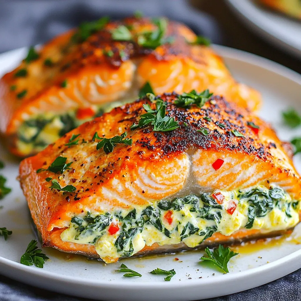 - 4 salmon fillets (6 oz each) - 2 cups fresh spinach, chopped - 1 cup cream cheese, softened - 1/2 cup grated Parmesan cheese - 1/4 cup roasted red peppers, chopped - 2 cloves garlic, minced - 1 tablespoon lemon juice - 1/2 teaspoon salt - 1/4 teaspoon black pepper - 1 tablespoon olive oil - Fresh parsley for garnish I love using fresh ingredients in this recipe. The salmon fillets are rich and tasty. Spinach adds a nice green color and health benefits. Cream cheese makes the filling creamy and smooth. Parmesan gives it a salty bite that pairs well with the fish. Roasted red peppers add a sweet, smoky flavor. Garlic gives a nice kick that brightens the dish. The lemon juice adds freshness and balance. - Calories per serving: Around 400 - Macronutrient breakdown: - Protein: 30g - Carbohydrates: 5g - Fats: 30g This dish offers a good mix of protein and healthy fats. It fits well into a low-carb diet. Enjoy this meal knowing it is rich in nutrients. {{ingredient_image_2}} - Preheat the oven to 375°F (190°C). This gets the oven ready for baking. - Prepare the spinach filling. In a bowl, mix 2 cups chopped spinach, 1 cup softened cream cheese, and 1/2 cup grated Parmesan cheese. Add 1/4 cup chopped roasted red peppers, 2 minced garlic cloves, 1 tablespoon lemon juice, 1/2 teaspoon salt, and 1/4 teaspoon black pepper. Stir until creamy and smooth. - Prepare the salmon fillets. Place 4 salmon fillets, skin side down, on a cutting board. Use a sharp knife to cut a pocket in each fillet. Cut gently, stopping before you cut all the way through. - Fill the salmon with the mixture. Take the creamy spinach filling and carefully stuff each salmon fillet. Use your fingers or a spoon to gently press the filling inside. - Sear and bake the salmon. Heat 1 tablespoon olive oil in a large oven-safe pan over medium-high heat. Add the filled salmon, skin side down. Sear for about 3-4 minutes until the skin is crispy. Flip the fillets carefully and place the pan in the oven. Bake for 10-12 minutes until the salmon is cooked through and flakes easily with a fork. - How to serve the stuffed salmon. Take the pan out of the oven and let the salmon rest for a few minutes. - Presentation tips and garnish. Serve the stuffed salmon on a large white plate. This makes the colors pop. Add a lemon slice on the side for a fresh touch and sprinkle fresh parsley on top for a lovely finish. - Avoid overcooking the salmon. Salmon cooks fast. Check it at 10 minutes in the oven. The fish should flake easily with a fork. Overcooked salmon becomes dry and tough. - How to achieve crispy skin. Start with dry skin. Pat the salmon with paper towels before cooking. Heat the pan until hot, then add the salmon skin-side down. This helps the skin get crispy. - Best ways to store leftovers. Let the salmon cool to room temperature. Place it in an airtight container. Store it in the fridge for up to three days. - Reheating instructions. Use the oven to reheat. Preheat to 350°F (175°C). Put the salmon on a baking sheet and cover it with foil. Heat for about 10-15 minutes or until warm. - Alternatives for cream cheese. You can use Greek yogurt for a lighter option. Mascarpone cheese also works well for a rich flavor. - Vegetable substitutions for spinach or red peppers. Kale or Swiss chard can replace spinach. For red peppers, try sun-dried tomatoes or artichokes for a different taste. Pro Tips Use Fresh Spinach: Fresh spinach gives a vibrant flavor and color to the dish. Avoid using frozen spinach as it can release excess moisture and make the filling watery. Adjust Seasoning: Taste the filling before stuffing the salmon. Feel free to adjust the salt and pepper to your preference, or add a pinch of red pepper flakes for a spicy kick. Perfectly Cooked Salmon: To ensure your salmon is perfectly cooked, use a meat thermometer; it should reach an internal temperature of 145°F (63°C). Make Ahead: You can prepare the filling a day in advance and store it in the refrigerator. Just stuff the salmon right before cooking for a quick and easy meal. {{image_4}} You can change the cheese in this recipe. Feta cheese adds a nice tang. It pairs well with spinach and gives a unique taste. For a creamier filling, try soft cheese like goat cheese or ricotta. These options make the dish special and tasty. Adding herbs can bring new life to your filling. Fresh basil or dill works great. These herbs add freshness and aroma. You can also play with spices. A pinch of cayenne pepper adds warmth. Smoked paprika gives a nice depth of flavor. Experiment with what you like best. Think about what to serve with your salmon. Light salads or roasted vegetables make great sides. They balance the richness of the salmon. For drinks, white wine is a perfect match. A crisp Sauvignon Blanc or a smooth Chardonnay enhances the meal nicely. Enjoy the flavors together! You can tell salmon is cooked when it changes color. The flesh turns from bright pink to a pale, opaque shade. Another sign is when it flakes easily with a fork. If you poke it with a fork, the flesh should separate without effort. The thickest part should reach 145°F (63°C). Use a meat thermometer for the best results. Yes, you can freeze this dish. First, let it cool fully before freezing. Wrap each piece tightly in plastic wrap or foil. Place it in a freezer bag to keep air out. When ready to eat, thaw it overnight in the fridge. Bake it again at 375°F (190°C) until heated through. This dish pairs well with many sides. Here are a few ideas: - Steamed asparagus - Garlic mashed potatoes - Quinoa salad - Roasted vegetables - A fresh green salad These sides add color and balance to your meal. Enjoy mixing and matching to find your favorite combos! Check out this video tutorial that shows how to make creamy spinach stuffed salmon. It gives you a step-by-step view of the process, from preparing the filling to baking the salmon. Watching it will help you get the technique just right. [Watch the video here](#). If you love salmon, here are some other tasty recipes to try: - Lemon Dill Salmon - A bright and zesty dish that's easy to make. [Read more here](#). - Honey Garlic Salmon - Sweet and savory, this recipe is a crowd-pleaser. [Check it out here](#). - Teriyaki Salmon - A flavorful twist with an Asian flair. [Explore this recipe here](#). For more spinach dishes, try these: - Spinach and Feta Stuffed Chicken - A great way to enjoy fresh spinach. [Find the recipe here](#). - Creamy Spinach Pasta - Pasta lovers will adore this creamy dish. [Discover it here](#). To make creamy spinach stuffed salmon, you’ll need some handy kitchen tools: - Sharp Knife - Perfect for cutting pockets in the salmon fillets. [Get yours here](#). - Mixing Bowl - Ideal for mixing the creamy filling. [Purchase a set here](#). - Oven-Safe Skillet - Great for searing and baking the salmon. [Find one here](#). - Spatula - Useful for flipping the salmon without breaking it. [Check it out here](#). These tools will help you create the best salmon dish ever! This recipe for creamy spinach stuffed salmon combines simple ingredients with bold flavors. You learned how to prepare, cook, and serve this dish. Plus, I shared tips to make it perfect every time. Cooking should be fun and rewarding. I hope you feel ready to try this recipe! Enjoy this meal paired with your favorite sides and watch your loved ones smile. Get creative with variations and make it your own. Happy cooking!