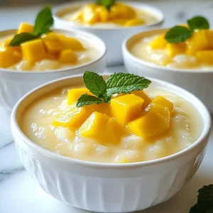 - 1/2 cup small tapioca pearls - 2 cups creamy coconut milk - 1 cup mango puree - 1/4 cup sugar - 1/2 teaspoon pure vanilla extract - 1/4 teaspoon salt - 1 ripe mango, diced - Fresh mint leaves for garnish The main ingredients create a rich and tropical flavor. Small tapioca pearls give the pudding its unique texture. Creamy coconut milk adds a luscious base, while mango puree brings sweetness and vibrant color. You may adjust the sugar based on your taste. A hint of vanilla and salt enhances all the flavors. Finally, fresh mango and mint make for a beautiful topping. - Additional toppings (e.g., toasted coconut, nuts) - Sweetener alternatives (e.g., honey, maple syrup) You can get creative with optional toppings. Toasted coconut or nuts add crunch and extra flavor. If you prefer, substitute sugar with honey or maple syrup for a natural sweet touch. These choices let you customize your pudding to fit your taste. - Dairy-free alternatives for coconut milk - Adjusting sweetness with natural sweeteners If you want a dairy-free option, almond or oat milk works well instead of coconut milk. For sweetness, try using mashed bananas or dates as a healthier alternative. These swaps keep the pudding delicious and cater to different dietary needs. {{ingredient_image_2}} 1. First, rinse the tapioca pearls. Place them in a fine-mesh strainer. Run them under cold water until the water runs clear. This step removes extra starch and helps the pearls cook better. 2. Next, combine the coconut milk, sugar, and salt in a medium-sized saucepan. Heat the mixture over medium heat. Stir it occasionally, but do not let it boil. This helps the sugar dissolve and flavors blend. 1. Once the mixture is warm, gently add the rinsed tapioca pearls. Stir them in until they mix well with the coconut milk. 2. Lower the heat to a simmer. Cook the mixture for about 15 to 20 minutes. Stir it occasionally to prevent sticking. The tapioca pearls should turn translucent, and the pudding will thicken. 3. After it thickens, remove the saucepan from heat. Stir in the pure vanilla extract. Fold in half of the mango puree, keeping the rest for later. Mix until everything combines well. 1. Allow the tapioca pudding to cool slightly. Then, transfer it into individual serving bowls or cups. 2. Place the bowls in the refrigerator. Chill them for at least 2 hours. This helps the pudding set nicely. 3. When ready to serve, take the bowls out of the fridge. Top each with the remaining mango puree and freshly diced mango. Finish with a sprinkle of fresh mint leaves. This adds color and freshness to your dish. - To get the perfect tapioca texture, rinse the pearls well. This removes extra starch. - After rinsing, add the pearls to warm coconut milk. Stir often to prevent sticking. - Cook the tapioca until it turns soft and translucent. This usually takes about 15 to 20 minutes. - Avoid boiling the mixture. A gentle simmer works best for a smooth pudding. - For extra flavor, add a pinch of nutmeg or cinnamon. These spices bring warmth to your pudding. - You can also infuse the coconut milk. Try adding lemongrass or ginger while heating the milk. - Adding lime or lemon zest gives a fresh twist to the taste. It balances the sweetness of the mango. - Choose clear glass bowls or cups for serving. This way, guests can see the layers of fruit and tapioca. - For a fun touch, drizzle a bit of coconut milk on top. It adds a nice finish. - Garnish with fresh mint leaves. They add color and a pop of flavor to your dessert. - Diced mango on top creates a beautiful contrast against the creamy pudding. Pro Tips Rinse the Tapioca Pearls: Always rinse the tapioca pearls thoroughly before cooking to remove excess starch, which can cause the pudding to become gummy. Adjust Sweetness to Taste: Taste the coconut milk mixture before adding the tapioca pearls to ensure it’s sweet enough for your preference; you can always add more sugar later. Chill for Best Texture: Allow the pudding to chill in the refrigerator for at least 2 hours. This not only sets the pudding but also enhances the flavors. Layer for Presentation: For an appealing presentation, layer the mango puree and diced mango on top of the pudding just before serving. {{image_4}} You can switch things up with different fruits. Try using pineapple or kiwi for a fresh twist. These fruits add a tangy taste that pairs well with the creamy pudding. You can also explore chocolate options. Mix cocoa powder into your pudding for a rich flavor. This change creates a fun dessert that surprises your taste buds. If you want a vegan version, swap the coconut milk with almond or oat milk. Both taste great and keep the pudding creamy. For a gluten-free treat, this recipe is already perfect. Just check your tapioca pearls for any added gluten. If you need a low-sugar option, use stevia or monk fruit sweetener. These alternatives keep the sweetness without the extra calories. Serving this pudding can be fun. Pair it with a slice of cake or some cookies for a dessert platter. You can also use it as a topping for pancakes or waffles. At parties, serve it in small cups for easy handling. Add a mini spoon for a cute touch. You can even layer the pudding in jars with fruits for a colorful display. This makes it look fancy and inviting! Coconut mango tapioca pudding lasts about 3 to 5 days in the fridge. Store it in an airtight container to keep it fresh. Make sure to let it cool before sealing. This helps prevent condensation, which can make the pudding watery. When you want to enjoy it again, just scoop some out and add a little fresh mango on top. You can freeze tapioca pudding, but its texture may change. It can become grainy after thawing. If you want to try it, place the pudding in a freezer-safe container. Leave some space at the top, as it will expand when frozen. To thaw, move it to the fridge overnight. Reheat gently on the stove or in the microwave. Stir well to help restore the creaminess. Understanding the shelf life of your ingredients is key. Tapioca pearls can last up to a year if kept dry. Coconut milk, once opened, usually lasts about 5 to 7 days in the fridge. Check the expiration dates on canned mango puree and sugar too. Proper storage keeps your ingredients fresh and tasty for your next creamy treat! How long does it take for tapioca pudding to thicken? Tapioca pudding usually takes about 15 to 20 minutes to thicken. When you cook the pudding, the small tapioca pearls become translucent. Stir occasionally to ensure even cooking and to avoid sticking. This also ensures a smooth texture. Can I use frozen mango for this recipe? Yes, you can use frozen mango for this recipe. Just thaw and puree it before using. This option is great if fresh mango is not available. Make sure to drain any excess water after thawing for the best flavor and texture. Why did my tapioca pudding turn out gummy? If your tapioca pudding is gummy, it may be because the pearls were overcooked. Make sure to watch the cooking time closely. Stirring often helps prevent clumping and ensures even cooking. Rinsing the pearls before cooking also helps remove excess starch. How to fix overly sweet or bland pudding? To fix overly sweet pudding, add a pinch of salt or a splash of coconut milk. For bland pudding, try adding a little more vanilla extract or a squeeze of lime juice. Both options enhance flavor without overpowering the dish. Can this be made in advance? Yes, you can make this pudding in advance. Just prepare it, chill it, and store it in the fridge. This dessert tastes great after sitting for a few hours or even overnight. It allows the flavors to meld beautifully. What's the best way to enjoy tapioca pudding: chilled or at room temperature? I recommend serving tapioca pudding chilled. Chilling the pudding gives it a creamy texture and refreshing taste. It also enhances the flavors of coconut and mango. However, you can enjoy it at room temperature if you prefer that. This blog post covered all you need to know about making delicious tapioca pudding. We looked at key ingredients, step-by-step instructions, and tips for perfecting the dish. You can explore flavors and variations to fit your taste. Remember, proper storage keeps your pudding fresh. Whether you go for traditional or try new ingredients, this tasty treat is sure to please. Enjoy experimenting with your version and share it with friends!