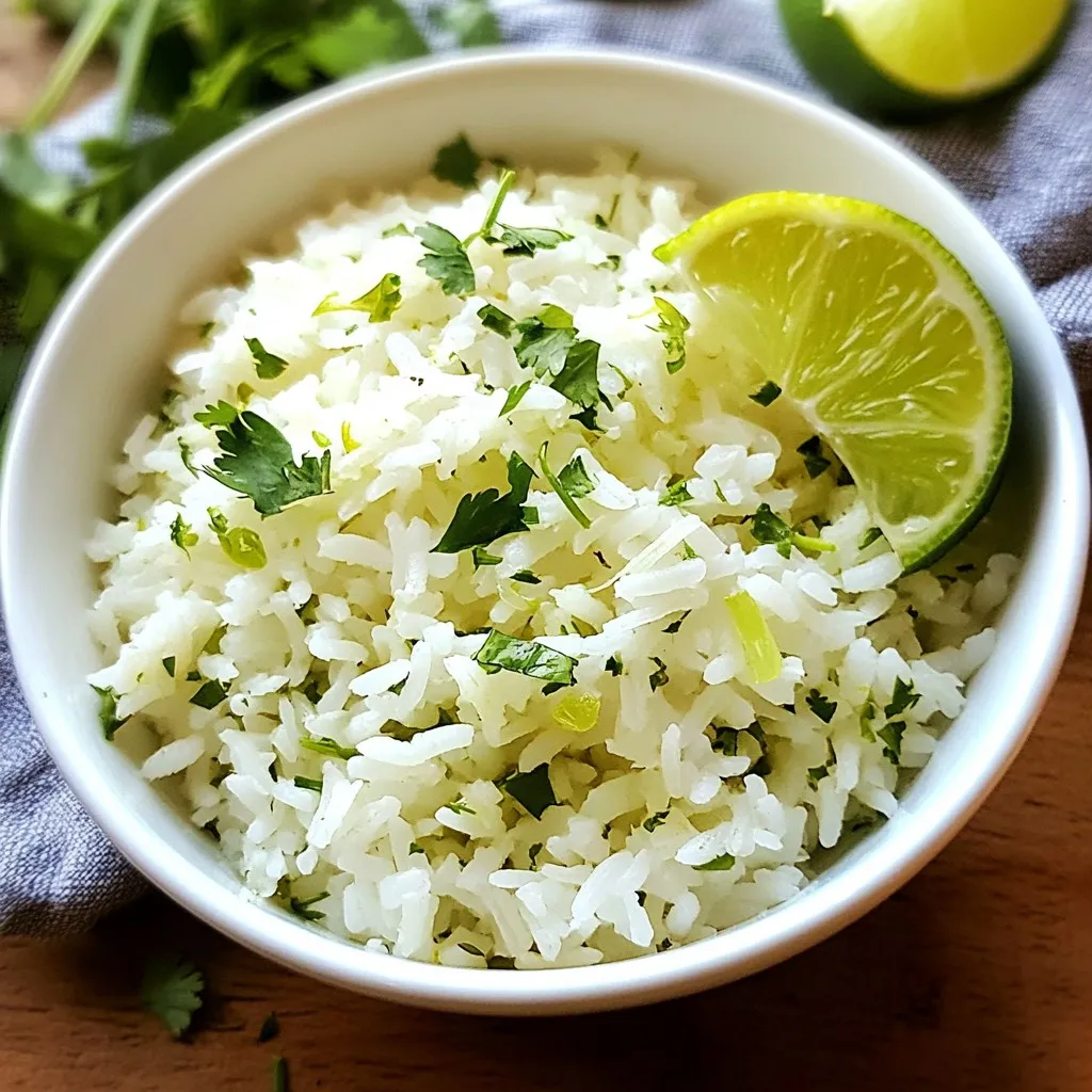 To make Zesty Cilantro Lime Rice, gather these key ingredients: - 1 cup long-grain white rice - 2 cups vegetable broth (or water) - 1 tablespoon olive oil - 1 clove garlic, finely minced - Zest of 1 lime - Juice of 2 limes - 1 cup fresh cilantro, coarsely chopped - 1 teaspoon salt - 1/2 teaspoon black pepper These items are easy to find and form the base of this tasty dish. If you want to kick up the flavor, consider adding: - 1-2 diced jalapeños for a spicy kick These jalapeños can really make the rice pop with heat. Adjust the amount based on how spicy you like your food. You can swap some ingredients if needed: - Use chicken broth instead of vegetable broth for a richer taste. - Replace olive oil with coconut oil for a tropical twist. - If lime is not available, lemon juice can work as a substitute. These substitutions can help you customize the dish to your taste or what you have at home. {{ingredient_image_2}} 1. Rinse the rice under cold water until the water is clear. This helps keep the rice from becoming sticky. 2. Drain the rice well and set it aside. 1. In a medium saucepan, heat the olive oil on medium heat. 2. Once hot, add the minced garlic. Stir it for about one minute until it smells nice but does not brown. 3. Add the rinsed rice to the pan. Cook the rice for 2-3 minutes. Stir it often. This gives the rice a lovely golden color. 4. Carefully pour in the vegetable broth or water. Raise the heat until it gently boils. 5. Once boiling, add the salt and black pepper. 6. Lower the heat, cover the pot, and let it simmer for 15-18 minutes. The rice should absorb all the liquid and become tender. 7. After cooking, take the pot off the heat but keep it covered for 5 more minutes. This step makes the rice fluffy. 1. Use a fork to fluff the rice gently. 2. Stir in the lime zest, lime juice, and chopped cilantro. Mix well to blend the flavors. 3. If you want some heat, add diced jalapeños. Adjust the amount to fit your taste. Presentation is key! Serve your zesty rice in a nice bowl, adding fresh cilantro on top for color. You can also put lime wedges on the side for extra zing. Enjoy your meal! Rinsing rice is key to great texture. Start by placing the rice in a fine-mesh strainer. Run cold water over the rice. Gently move the rice around with your hands. Keep rinsing until the water runs clear. This step washes away extra starch. Less starch means fluffier rice! To cook rice perfectly, use the right water ratio. For one cup of rice, use two cups of liquid. This helps the rice absorb just enough moisture. Bring the liquid to a boil before adding rice. After that, lower the heat and cover the pot. Let it simmer without lifting the lid. This keeps steam inside and cooks the rice evenly. To make your rice even tastier, think about adding lime! The zest gives a bright burst of flavor. Fresh cilantro adds a wonderful herbal note. If you like spice, try adding diced jalapeños. Adjust the amount based on your taste. For a creamy touch, consider a bit of coconut milk. These changes can elevate your dish to new heights! Pro Tips Rinse the Rice: Always rinse your rice under cold water until the water runs clear to remove excess starch. This prevents a gummy texture and helps achieve fluffy rice. Toasting the Rice: Toasting the rinsed rice in olive oil with garlic enhances its flavor and gives it a nice, nutty aroma. Make sure to stir frequently to avoid burning. Resting Period: After cooking, let the rice sit covered for an additional 5 minutes. This step allows it to steam and ensures a fluffy texture. Adjusting Heat: If you like your rice spicy, add diced jalapeños according to your heat preference. Start with a small amount and increase it gradually to find your perfect balance. {{image_4}} You can easily add heat to your zesty cilantro lime rice. Just fold in 1-2 diced jalapeños after cooking. This adds a nice kick. Adjust the amount based on how spicy you like it. Remember, fresh jalapeños have a bright flavor that pairs well with lime. If you want more heat, keep the seeds. For less heat, remove them before dicing. This rice is already vegan. It uses vegetable broth, so you can enjoy it guilt-free. For extra flavor, consider adding black beans or corn. Both add protein and texture. You can also mix in some diced avocado for creaminess. This makes the dish more filling while keeping it fresh and vibrant. Cilantro is great, but you can mix in other herbs too. Try fresh parsley for a milder taste. You could use basil for a sweet twist or mint for a refreshing touch. Chives also add a mild onion flavor. Feel free to experiment and find your favorite blend. Mixing herbs can give your rice a unique flair. After you enjoy your meal, store any leftover rice in a sealed container. Let it cool to room temperature first. Then, place it in the fridge. It will stay fresh for about three to four days. When you're ready to eat the rice again, add a splash of water. This helps the rice steam and stay moist. Microwave it for about one to two minutes. Stir halfway through to ensure even heating. You can also reheat it on the stove. Just add a little water in a pan and warm it over low heat. If you want to keep the rice longer, freezing is a great option. Allow the rice to cool completely, then portion it into freezer bags. Squeeze out excess air before sealing. Label the bags with the date. You can freeze it for up to three months. When ready to use, thaw it overnight in the fridge. Reheat as instructed above. Yes, you can use brown rice. However, it will take longer to cook. Brown rice needs about 40-45 minutes, while white rice cooks in 15-18 minutes. Adjust the water ratio too; use 2.5 cups of liquid for every cup of brown rice. This will help the rice cook properly and absorb flavor. To reduce the sour taste, use less lime juice. Start with just one lime. Taste the rice, then add more if you like. You can also add a pinch of sugar. This will balance the flavors and make the dish less tangy. Zesty Cilantro Lime Rice pairs well with many dishes. Here are some great options: - Grilled chicken or fish - Tacos or burritos - Black beans or refried beans - Fajitas or quesadillas - Fresh salads or vegetable stir-fries These pairings enhance the fresh flavors of the rice and create a complete meal. Enjoy! In this post, we explored the key ingredients for Zesty Cilantro Lime Rice, plus optional ones for added taste. I shared step-by-step instructions, from preparation to cooking and final touches. We discussed tips for perfect rice and variations like spicy and vegan options. Lastly, I covered storage and reheating tips. Zesty Cilantro Lime Rice is fun to make and enjoy. Experiment with flavors and find your favorite twist!