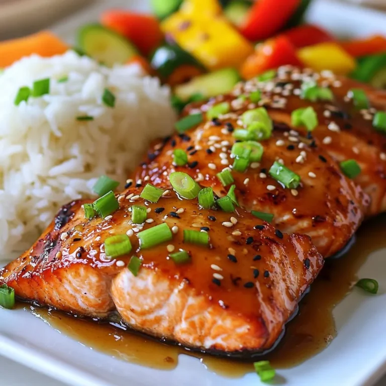 To make Honey Garlic Soy Salmon, you need the following ingredients: - 4 salmon fillets - 1/4 cup honey - 1/4 cup low-sodium soy sauce - 3 cloves garlic, finely minced - 1 tablespoon fresh ginger, freshly grated - 2 tablespoons sesame oil - 1 tablespoon rice vinegar - 1 tablespoon cornstarch (optional, for a thicker sauce) - Salt and pepper, to taste - 2 green onions, thinly sliced (for garnish) - Sesame seeds, for garnish This simple list makes it easy to shop. Salmon is the star here, but honey, soy sauce, and garlic bring the flavor. Fresh ginger adds a nice kick. The sesame oil gives a lovely nutty taste. Rice vinegar adds a little zing. You can use cornstarch if you want a thicker sauce. Don’t forget salt and pepper for seasoning. The green onions and sesame seeds make a tasty and pretty garnish. Each ingredient plays a part in making this dish pop! {{ingredient_image_2}} To make the marinade, start by mixing the following ingredients in a medium bowl: - 1/4 cup honey - 1/4 cup low-sodium soy sauce - 3 cloves garlic, finely minced - 1 tablespoon fresh ginger, freshly grated - 2 tablespoons sesame oil - 1 tablespoon rice vinegar Whisk them together until they blend well. This creates a tasty and fragrant mix. Tips for whisking properly: - Use a whisk or fork for a smooth mix. - Make sure the honey dissolves completely. Next, season each salmon fillet with salt and pepper on both sides. This step adds flavor to the fish. Place the fillets in the bowl with the marinade. Make sure each piece is fully coated. Recommended marinating time: Let the salmon sit in the fridge for at least 30 minutes. This helps the salmon absorb all those delicious flavors. Now it's time to bake the salmon. Preheat your oven to 400°F (200°C). Line a baking sheet with parchment paper. This makes cleanup easy and stops the fish from sticking. After marinating, take the salmon out of the bowl and place it on the lined baking sheet, skin side down. Save the leftover marinade for later. Cooking time and doneness indicators: Bake the salmon for about 12-15 minutes. You’ll know it’s done when it flakes easily with a fork. This means it’s perfectly cooked and ready to enjoy! Cooking salmon skin-side down is key. This helps keep the fish moist and adds flavor. The skin protects the flesh from drying out. It also crisps up nicely, giving you a tasty texture. To check for doneness, gently poke the fish with a fork. If it flakes easily, it is ready. You can also use a meat thermometer. A safe internal temperature is 145°F (63°C). Using fresh ingredients makes a big difference. Fresh garlic and ginger add bold flavors. Dried herbs or spices can work, but fresh is best. If you want more depth, try adding a splash of lime juice or a pinch of red pepper flakes. You can also enhance the dish with sesame seeds or chopped herbs. These small additions can boost both flavor and visual appeal. For serving, place the salmon on a bed of fluffy rice. This adds color and makes the dish more filling. You can also serve it with grilled veggies for a rainbow of flavors. When plating, drizzle the thickened sauce over the salmon. Then, sprinkle with green onions and sesame seeds. This makes the dish look fancy and inviting. Pro Tips Marinate Longer for Deeper Flavor: For an even richer taste, consider marinating the salmon for 1-2 hours or even overnight. This allows the salmon to absorb more of the marinade's flavors. Use Fresh Ingredients: Fresh garlic and ginger will enhance the overall taste of the dish. If possible, avoid powdered substitutes for the best results. Don’t Overcook the Salmon: Keep an eye on the salmon while it bakes. It’s done when it flakes easily with a fork. Overcooking can lead to dry salmon. Serve with a Side: Pair the salmon with steamed rice, quinoa, or grilled vegetables to create a balanced meal and add color to your plate. {{image_4}} If you want to switch things up, try different proteins. Cod or tilapia work great. Both have mild flavors that soak up the marinade well. For a vegetarian option, use tofu. Firm tofu holds up well and absorbs all the delicious flavors. You can change the sweetness in the sauce. If you like it sweeter, add more honey. If you want less, cut back a bit. For some heat, sprinkle in chili flakes. This gives the dish a nice kick without overpowering it. Pair your salmon with simple sides. Steamed rice makes a great base. You can also add vibrant grilled vegetables. They add color and nutrition to your plate. For sauce pairings, consider a light soy sauce or a tangy vinaigrette. These options enhance the meal and offer variety. After you cook the honey garlic soy salmon, let it cool. Store leftovers in an airtight container. This keeps the fish fresh and prevents odors. The salmon lasts up to three days in the fridge. Always check for any off smells before eating. To freeze the salmon, wrap it tightly in plastic wrap or foil. Then, place it in a freezer bag. This helps avoid freezer burn. The salmon can stay good for up to three months. When you want to eat it, thaw it in the fridge overnight. This keeps the texture nice and moist. Reheating salmon can dry it out. To keep it moist, try using a microwave with a cover. Heat it for short bursts, about 30 seconds at a time. You can also reheat it in the oven at 275°F (135°C). This method keeps the fish tender. Make sure to check that it warms through but does not overcook. Enjoy your tasty salmon! You can easily make honey garlic soy salmon on the stovetop. First, heat a skillet over medium heat. Add sesame oil until it is hot. Place the salmon fillets skin-side down in the pan. Cook for about 5-6 minutes without moving them. This helps create a nice crust. Then, flip the fillets carefully. Pour the marinade over the salmon. Cover the pan and let it cook for another 4-5 minutes. This ensures the salmon cooks through and stays moist. Sesame oil adds a rich, nutty flavor to the dish. However, if you don't have it, you can use other oils. Olive oil or canola oil work well as substitutes. You can also add a splash of toasted sesame oil at the end for extra flavor. Just remember, the taste will change a bit without sesame oil. Yes, you can use regular soy sauce. Just keep in mind it has more salt. This can make your dish saltier than expected. If you choose regular soy sauce, reduce the added salt in the recipe. Taste as you go to find the right balance. Adjustments help you enjoy the right flavor without it being too salty. This recipe highlights how to make honey garlic soy salmon. You learned about essential ingredients like salmon, honey, and soy sauce. I shared step-by-step instructions for marinating and baking, along with helpful tips and variations. By trying this dish, you can impress anyone at your table. Cooking at home can be fun and rewarding. Enjoy creating your own version, and remember that the right techniques can elevate your meal. Happy cooking!
