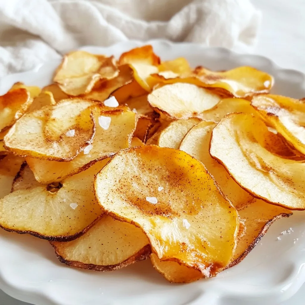 - 2 large apples (favorite variety) - 1 teaspoon ground cinnamon - 1 tablespoon granulated sugar (optional) - A pinch of salt - 1 teaspoon fresh lemon juice To make air fryer apple chips, you need simple ingredients. I recommend using your favorite apples. Sweet varieties work great. The apples give natural sweetness, while the spices enhance the flavor. Ground cinnamon adds warmth and depth to the chips. You can add sugar, but it is not necessary. The lemon juice prevents browning and brightens the taste. A small pinch of salt balances the sweetness. Gather these ingredients before you start. This way, you can make the process smooth and fun. Enjoy the health benefits of this tasty snack! {{ingredient_image_2}} Set your air fryer to 160°F (70°C). This step ensures the apple chips cook evenly. Preheating takes about 5 minutes. Wash your apples under running water. Dry them with a clean towel. Next, core the apples to remove the seeds. Slice them thinly, about 1/8 inch thick. A mandoline slicer works best for even slices, but a sharp knife is fine too. In a bowl, mix the apple slices with 1 teaspoon of fresh lemon juice. Add 1 teaspoon of ground cinnamon, a pinch of salt, and sugar if you like. Toss gently to coat all the apple slices. This helps enhance flavor and prevent browning. Carefully place the apple slices in a single layer in the air fryer basket. Avoid overlapping the slices. You may need to fry them in batches. Set the air fryer to 160°F (70°C) and cook for 10 to 15 minutes. Check for crispness and flip the slices halfway through. Thicker slices may need extra time. Aim for a golden, crisp texture without burning. Once done, remove the apple chips and let them cool on a wire rack. Cooling helps them get even crispier. After cooling, store them in an airtight container to keep them fresh. To get crispy apple chips, slice apples thinly. Aim for 1/8 inch thick slices. Thicker slices will take longer to cook and may not crisp up well. After air frying, let the chips cool on a wire rack. This cooling step helps them become crispier. You can make your apple chips more delicious by adding spices. Nutmeg or allspice can enhance the flavor. If you like sweetness, adjust the granulated sugar. You can use less or skip it altogether for a healthier snack. When using your air fryer, avoid overlapping apple slices. This allows hot air to circulate and cook them evenly. Set your air fryer to 160°F (70°C) for best results. Cooking time should be around 10 to 15 minutes. Flip the slices halfway through to avoid burning. Pro Tips Choose the Right Apples: Different apple varieties yield different textures and flavors. For the crispiest chips, opt for firm apples like Fuji or Granny Smith. Use a Mandoline Slicer: For uniform thickness, a mandoline slicer is your best friend. This ensures even cooking and perfect crispness. Experiment with Spices: Feel free to add other spices like nutmeg or allspice to customize the flavor of your apple chips. Store Properly: To maintain crispness, store your apple chips in an airtight container in a cool, dry place. Avoid exposure to moisture. {{image_4}} Not all apples are the same. Some work better for air frying than others. My top picks are Fuji, Honeycrisp, and Granny Smith. These apples give great flavor and crispness. You can also mix different types for a unique taste. Try combining a sweet apple with a tart one for balance. Want to spice things up? Adding a splash of vanilla extract can enhance the sweetness. You can also combine apple chips with other fruits. Slices of pear or even banana add a new twist. Just make sure the slices are thin for even cooking. Get creative with your seasonings! Maple syrup or honey can add natural sweetness. Drizzle a little before air frying. If you prefer savory chips, sprinkle some herbs like rosemary or thyme. These options give your apple chips a fun, new flair. To keep your apple chips fresh, use an airtight container. Glass jars or plastic containers work well. Make sure the container seals tightly. Store your chips in a cool, dry place. This helps maintain their crunch. Avoid storing them in the fridge, as moisture can make them soggy. Apple chips can last about two weeks when stored correctly. After two weeks, they may lose some crispness. Signs of spoilage include a soft texture or a change in smell. If they smell off or feel chewy, it’s best to toss them. If your apple chips soften, don’t worry! You can restore their crispness. Simply place them in the air fryer at 160°F for about 5 minutes. Check them often to avoid burning. You can also use an oven set to low heat. Spread them on a baking sheet and bake for 5 to 10 minutes. This will bring back the delightful crunch you love. Yes, you can make apple chips without sugar. To adjust the recipe, simply leave out the granulated sugar. The natural sweetness of the apples shines through. You can add a sprinkle of extra cinnamon for more flavor. This makes your apple chips even healthier. Yes, air-fried apple chips are healthy. They have less fat than chips made in oil. Regular frying adds extra calories and fat. Air frying uses hot air to cook, which makes them crispy without all that oil. Plus, apples are full of vitamins and fiber. Apple chips are done when they are golden and crisp. Look for a light brown color with a crunchy texture. If they feel soft, they need more time. Flip them halfway through cooking for even crispness. When they cool, they will get even crunchier. You learned how to make crispy air-fried apple chips. We covered ingredients, steps, and helpful tips. Remember to tweak flavors by trying different spices and apples. Store your chips in a container to keep them fresh. They last a while, but check for spoilage signs. If they get soft, use your air fryer to crisp them up again. Enjoy your tasty snack, and feel free to experiment with new flavors. Happy cooking!