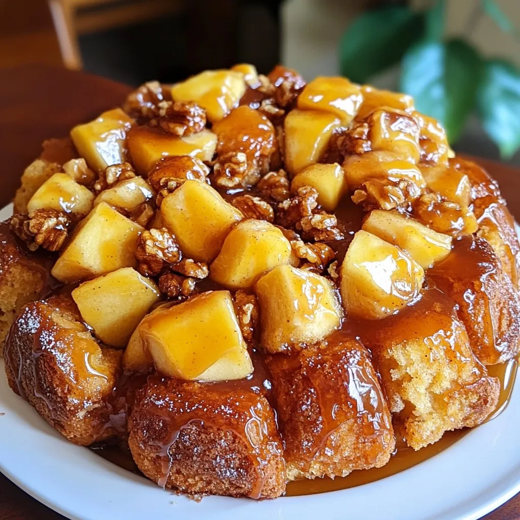 To create a delicious Caramel Apple Monkey Bread, you need these key ingredients: - 2 cans (16 oz each) refrigerated biscuit dough - 2 apples, peeled, cored, and diced (Granny Smith or Honeycrisp recommended) - 1 cup brown sugar, packed - 1/2 cup granulated sugar - 1 teaspoon ground cinnamon - 1/2 cup unsalted butter, melted - 1/4 cup caramel sauce (store-bought or homemade) - 1/4 teaspoon salt You can add these ingredients for extra flavor and texture: - 1/2 cup chopped walnuts or pecans - Whipped cream (for serving) If you want to change things up, here are some ideas: - Use different fruits like pears or peaches instead of apples. - Swap the nuts for chocolate chips for a sweeter twist. - For a dairy-free version, use a vegan butter substitute. - You can use maple syrup in place of caramel sauce for a unique flavor. These options allow you to customize the recipe to fit your taste. Enjoy experimenting! {{ingredient_image_2}} Start by preheating your oven to 350°F (175°C). Grease your bundt pan well with non-stick spray or softened butter. This step is key for easy release later. Make sure you cover every nook and cranny. This helps the monkey bread come out smoothly. In a medium bowl, mix the granulated sugar, brown sugar, ground cinnamon, and salt. Stir until everything is well combined. This sugar mix adds flavor and sweetness. You want it to look uniform with no lumps. Open the cans of biscuit dough and cut each biscuit into quarters. Toss the biscuit pieces in the sugar mixture. Make sure every piece gets a nice coating. Layer half of the coated pieces in the bundt pan. Add half of the diced apples and nuts over this layer. Drizzle half of the melted butter on top. Next, add the remaining biscuit pieces, then layer the rest of the apples and nuts. Drizzle the rest of the melted butter over this second layer. Sprinkle the rest of the sugar mixture on top. Finally, drizzle caramel sauce over everything. This allows the sauce to seep into the layers. Bake the monkey bread for 30-35 minutes. It should turn golden brown. Check with a toothpick; it should come out clean. Let it cool in the pan for about 10 minutes. Carefully invert the pan onto a plate. Allow it to cool a bit more before serving. Enjoy your warm caramel apple monkey bread with extra caramel sauce and whipped cream if you like! Cutting biscuit dough can be tricky, but it’s easy with a few tips. First, use kitchen scissors or a sharp knife. Cut each biscuit into four equal pieces. This helps the dough cook evenly. By keeping the pieces small, they absorb the yummy flavors better. Toss them in the sugar mixture right after cutting. This ensures each piece gets a sweet coat. A few common mistakes can ruin your monkey bread. One big mistake is not greasing the bundt pan well. If you skip this step, your bread may stick. Make sure to use enough non-stick spray or butter. Another mistake is not mixing the sugar and spices well. If you don’t mix evenly, some biscuit pieces may taste bland. Lastly, be careful not to overbake. Check your bread after 30 minutes. It should be golden brown and a toothpick should come out clean. Serving your caramel apple monkey bread can be fun and easy. Drizzle extra caramel sauce over the top for a sweet touch. You can also add a dollop of whipped cream on the side. If you like nuts, sprinkle some chopped walnuts or pecans on top. This adds a nice crunch. For an extra treat, serve it warm with a scoop of vanilla ice cream. Enjoying it fresh out of the oven makes every bite a delight. Pro Tips Choose the Right Apples: Opt for tart apples like Granny Smith or Honeycrisp for a perfect balance of sweetness and tang in your monkey bread. Coat Evenly: Ensure each biscuit piece is well coated in the sugar mixture for an even distribution of sweetness throughout the bread. Watch the Baking Time: Keep an eye on the monkey bread as it bakes; if it starts to brown too quickly, cover it loosely with aluminum foil to prevent burning. Serve Warm: For the best experience, serve the monkey bread warm with extra caramel sauce drizzled on top and a dollop of whipped cream. {{image_4}} You can switch up the apples for other fruits. Try pears for a softer taste. Berries can add a nice pop of color. Cherries bring a sweet-tart flavor that many love. Bananas work well too, adding a unique twist. Choose fruits that you enjoy for a personal touch. You can use various nuts to change the flavor. Walnuts add a rich, buttery taste. Pecans give a sweet, crunchy bite. Almonds add a nice crunch and light flavor. If you want, skip the nuts entirely for a nut-free version. Each nut gives a new texture and taste. To make this recipe vegan, use plant-based butter. Replace the caramel with a vegan version. For gluten-free, use gluten-free biscuit dough. Check the labels to ensure all ingredients fit your needs. These changes let everyone enjoy this sweet treat! After baking your Caramel Apple Monkey Bread, let it cool in the pan for about 10 minutes. This step is key. It helps the bread set. Cooling too quickly can cause it to break apart. After 10 minutes, invert the bundt pan onto a serving plate. Be gentle to avoid spills. Let it cool for a few more minutes before you dig in. This extra time helps the caramel thicken up and makes it easier to slice. If you have leftovers, store them properly to maintain freshness. First, let the monkey bread cool completely. Then, wrap it tightly in plastic wrap or aluminum foil. You can also place it in an airtight container. This keeps it moist and prevents it from drying out. Store it in the fridge for up to 3 days. If you want to enjoy it longer, consider freezing it. Just make sure to wrap it well to avoid freezer burn. To reheat your Caramel Apple Monkey Bread, preheat your oven to 350°F (175°C). Place the leftover monkey bread in an oven-safe dish. Cover it with aluminum foil to keep it from getting too dry. Heat for about 10-15 minutes or until warm. If you like it extra gooey, drizzle some caramel sauce on top before reheating. You can also microwave individual pieces for about 20-30 seconds. Enjoy it warm for a delightful treat! Yes, you can freeze this treat. First, let it cool completely. Wrap it tightly in plastic wrap, then in foil. You can store it in the freezer for up to three months. To eat, let it thaw in the fridge overnight. Warm it in the oven for a few minutes before serving. If you need a substitute, try butterscotch sauce or chocolate sauce. Both add great flavor. For a homemade option, mix brown sugar, butter, and cream in a pot. Cook until smooth and thick. This will give you a sweet drizzle that works well. Caramel Apple Monkey Bread stays fresh for about two days at room temperature. Store it in an airtight container to keep it moist. If you refrigerate it, it can last up to a week. Just remember to warm it up for the best taste! In this post, we covered how to make Caramel Apple Monkey Bread. We looked at essential and optional ingredients, plus useful substitutions. You learned step-by-step how to prepare the pan, mix the sugar, and layer the ingredients for baking. I shared tips to avoid mistakes and how to serve this dish. We also explored variations with fruits and nuts, as well as storage tips for leftovers. Now, enjoy making your own delicious monkey bread and impress everyone with your skills!