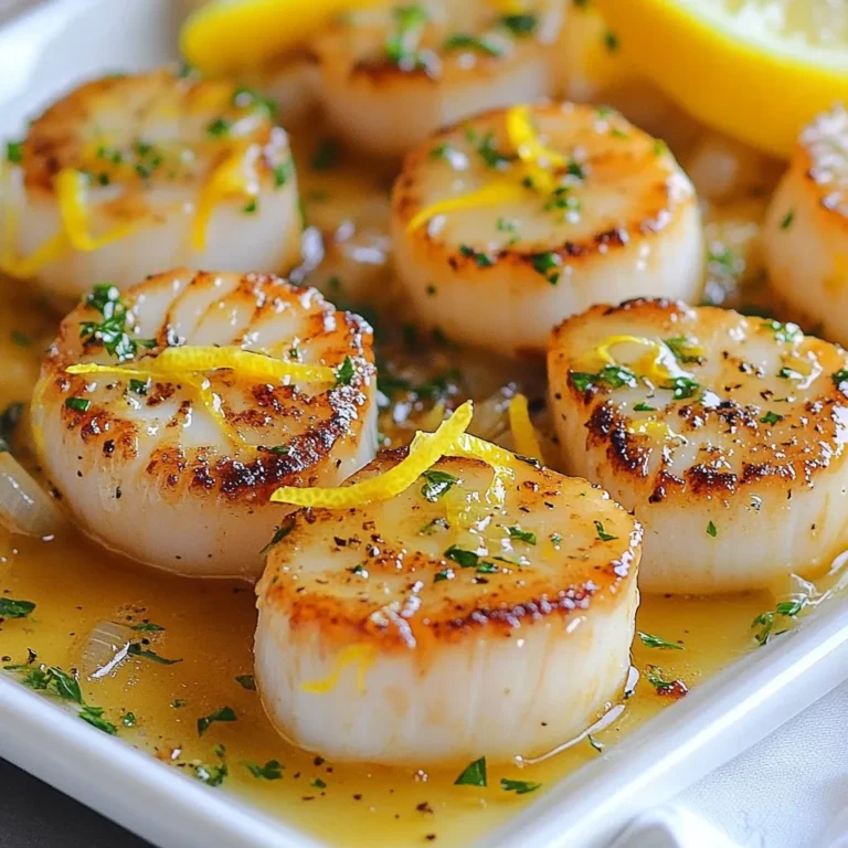 You need 1 pound of fresh sea scallops for this dish. Make sure they are cleaned and patted dry. Dry scallops sear better and will have a nice crust. Use 4 tablespoons of unsalted butter. This adds rich flavor. Combine it with 2 tablespoons of extra virgin olive oil. The oil raises the smoke point, helping you sear the scallops without burning. For a tasty boost, you will need 2 cloves of finely minced garlic. The garlic adds depth. Also, zest one medium lemon and squeeze 2 tablespoons of fresh lemon juice. The zest gives a bright aroma while the juice adds a tangy finish. Add salt and pepper to taste. These simple seasonings enhance the scallops' natural flavor. Finally, finely chop some fresh parsley for garnish. It adds a pop of color and freshness to your dish. {{ingredient_image_2}} Start with fresh sea scallops. Make sure they are clean and dry. Pat them down with paper towels. This helps to get a nice sear. If you skip this step, they won’t brown well. Grab a heavy skillet. Add 2 tablespoons of unsalted butter and 2 tablespoons of olive oil. Heat it over medium-high heat. Wait until the mixture shines but does not smoke. This makes the perfect setting for searing. Carefully place the scallops in the hot skillet. Do not crowd them. Leave some space between each scallop. Sear them on one side for 2-3 minutes. Look for a golden crust to form. This shows they are ready to flip. Gently flip each scallop. Add minced garlic and the rest of the butter. Cook for another 2-3 minutes. The scallops should turn opaque. Be careful not to overcook them, or they will get tough. Remove the pan from heat. Drizzle fresh lemon juice over the scallops right away. This helps all the flavors combine. Serve the scallops on a platter. Pour the buttery garlic sauce over them. Lastly, sprinkle chopped parsley for color and taste. To get that nice golden crust, start with dry scallops. After cleaning, pat them with paper towels. A dry surface helps in searing. Use a hot pan with a mix of butter and olive oil. The heat should shimmer but not smoke. When you add scallops, avoid crowding the pan. This allows each scallop to sear evenly. Cook for 2-3 minutes without moving them. Look for a beautiful golden color before flipping. Scallops cook fast, so watch them closely. After flipping, they only need another 2-3 minutes. They should turn opaque when done. If they feel hard, you’ve cooked them too long. Use a timer if needed. Remember, it’s better to undercook than overcook. You can always give them a little more time. To make your scallops even tastier, try adding herbs. Fresh parsley is a great garnish. You can also use thyme or basil for extra flavor. A splash of white wine can brighten the dish. If you like some heat, add red pepper flakes. For a richer taste, try using garlic butter. These little touches can make a big difference! Pro Tips Pat Dry for Perfection: Ensure the scallops are thoroughly dried before cooking to achieve a beautiful sear and prevent steaming. Don't Overcrowd the Pan: Cook the scallops in batches if necessary, as overcrowding can lead to uneven cooking and prevent a good sear. Watch the Cooking Time: Keep a close eye on the scallops, as they cook quickly; overcooking can result in a rubbery texture. Enhance with Fresh Herbs: Garnish with fresh parsley or even dill for an aromatic finish that elevates the dish's flavors. {{image_4}} To add a fresh twist, try herb-infused lemon butter scallops. You can use herbs like thyme or basil. Chop them finely and add them into the butter while it melts. This adds a great depth of flavor. The herbs will mix with the butter and make your dish shine. You’ll enjoy a delightful aroma and taste with every bite. If you like heat, scallops with a spicy twist are for you. Add red pepper flakes to the butter while it heats. This will give your scallops a warm kick. You can also toss in some diced jalapeños for extra spice. Just be careful not to overdo it! This spicy variation makes the dish exciting and perfect for spice lovers. Serving lemon butter scallops can fit any event. For a fancy dinner, arrange them on a plate with lemon slices and fresh herbs. For a casual night, serve them in a bowl with crusty bread. You can pair scallops with rice or pasta for a hearty meal. They also go well with a crisp salad. Choose your side based on the mood and occasion! To store leftover scallops, place them in an airtight container. Cover them with plastic wrap to keep moisture in. Make sure the scallops cool down to room temperature first. Store them in the fridge for up to two days. Use a marker to label the container with the date. This helps to track freshness. When reheating scallops, use a skillet for the best results. Heat the skillet over low to medium heat. Add a small amount of butter or oil to the pan. Place the scallops in the skillet and warm them slowly. This keeps them from getting tough. Cook for about two to three minutes on each side. Check the temperature with a food thermometer. They should reach 145°F to be safe to eat. You can freeze scallops if you want to save them for later. First, make sure they are clean and dry. Place them in a single layer on a baking sheet. Freeze them for about one hour. Once frozen, transfer the scallops to a freezer bag. Be sure to remove as much air as you can. Label the bag with the date. Frozen scallops can last for up to three months. To use them, thaw in the fridge overnight before cooking. To clean scallops, start by rinsing them under cold water. Next, remove the side muscle, which looks like a small rectangle. This muscle can be tough. After that, pat them dry with paper towels. Dry scallops sear better and taste great. Yes, you can use frozen scallops. Thaw them in the fridge overnight for best results. If you're in a hurry, put them in cold water for 30 minutes. Make sure to dry them well before cooking. This helps keep them tender and juicy. Lemon Butter Scallops pair well with many sides. Consider serving them with: - Garlic bread - Steamed asparagus - Creamy risotto - Fresh salad - Mashed potatoes These sides balance the rich flavors of the scallops. To make this dish dairy-free, use olive oil instead of butter. You can also try vegan butter for a similar taste. Use the same amount as in the recipe. This keeps the dish rich and flavorful while meeting your dietary needs. Cooking fresh sea scallops is simple and rewarding. We covered key ingredients, from scallops to garlic and lemon. The steps to prepare, sear, and serve scallops ensure a tasty dish. Tips and tricks help you avoid overcooking and enhance flavor. With variations, you can get creative for any occasion. Finally, proper storage and reheating keep leftovers fresh. Enjoy making scallops a regular part of your meals!