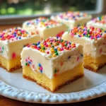 Here’s what you need to make these Funfetti Sugar Cookie Bars: - 2 ¾ cups all-purpose flour - 1 teaspoon baking powder - ½ teaspoon baking soda - ½ teaspoon salt - 1 cup unsalted butter, softened - 1 ½ cups granulated sugar - 2 large eggs - 2 teaspoons vanilla extract - ½ cup sprinkles - 1 cup cream cheese frosting - More sprinkles for decoration Each ingredient plays a key role in making these bars soft and sweet. The flour gives structure. The baking powder and soda help them rise. The butter adds richness, while the sugar brings sweetness. Eggs bind everything together. Vanilla adds flavor, and sprinkles bring the fun! Using high-quality ingredients makes a big difference. For instance, fresh butter and eggs improve the taste. Choose colorful sprinkles to make your bars more festive. Don’t forget the cream cheese frosting; it adds a creamy finish. These simple ingredients come together to create a delightful treat. You can find most of them in your kitchen right now. If you’re missing something, a quick trip to the store will solve it. Now, let's get ready to bake! {{ingredient_image_2}} - Preheat the oven to 350°F (175°C). - Grease and line a 9x13 inch baking pan. Start by getting your oven hot. This helps the cookie bars bake evenly. Next, grab your baking pan. Grease it with some butter or oil. Then, line it with parchment paper. Leave some paper hanging over the sides. This makes it easy to lift the bars out later. - Whisk together flour, baking powder, baking soda, and salt. In a medium bowl, combine the dry ingredients. Whisk the flour, baking powder, baking soda, and salt. Make sure there are no lumps. This step is key for even flavor and texture. Set this bowl aside for later. - Cream softened butter and granulated sugar until fluffy (3-4 minutes). Now, take a large bowl. Add the softened butter and granulated sugar. Use an electric mixer to beat them together. Mix for about 3-4 minutes. The mixture should be light and fluffy. This helps give your bars a nice texture. - Incorporate eggs and vanilla extract to the mixture. Next, you will add two large eggs. Add them one at a time. Mix well after each egg. Then, pour in the vanilla extract. This adds a lovely flavor that everyone enjoys. - Gradually mix in dry ingredients with wet ingredients. - Fold in sprinkles. Now, it is time to combine. Slowly add the dry mix to the wet mix. Stir until just combined. Be careful not to overmix. Then, gently fold in the sprinkles. This adds fun color and joy to your bars. - Spread dough in the pan and bake for 20-25 minutes. Spread the dough evenly in the baking pan. Use a spatula to smooth the top. Place it in your preheated oven. Bake for 20-25 minutes. The edges should be golden brown. You can check with a toothpick. If it comes out clean, they are done! To keep your funfetti sugar cookie bars soft, avoid overmixing the dough. When you mix the dry and wet ingredients, do so gently. Just combine them until you see no dry flour. If you mix too much, the bars will turn out tough. You want them to be soft and chewy. Cooling the bars properly is key. After baking, let them sit in the pan for about 10 minutes. This helps them set. Then, lift them out using the parchment paper. Place them on a wire rack to cool completely. If you frost too soon, the frosting will melt. Wait until the bars are cool for the best frosting results. For a festive display, serve your funfetti bars on a colorful platter. Add extra sprinkles around the bars for a joyful look. You can also cut them into fun shapes using cookie cutters. This makes them even more exciting for parties or get-togethers. Pro Tips Use Room Temperature Ingredients: Make sure your butter and eggs are at room temperature for better mixing and to achieve a fluffy texture in your cookie bars. Don’t Overmix the Dough: Mix until just combined to ensure the cookie bars remain soft and chewy rather than tough and dry. Chill the Dough (Optional): For thicker bars, consider chilling the dough for 30 minutes before baking to help them hold their shape better. Customize Your Sprinkles: Feel free to use themed sprinkles for different occasions, like holiday shapes for festive celebrations! {{image_4}} You can switch up the flavor of your Funfetti Sugar Cookie Bars easily. Try using almond extract instead of vanilla for a nutty touch. This small change can make a big difference. You can also use flavored frostings. Think about lemon or chocolate frosting! These flavors can add fun and surprise to every bite. If you need gluten-free options, swap all-purpose flour for gluten-free flour. This keeps the bars tasty and safe for those with gluten issues. For a vegan twist, use plant-based butter and flax eggs instead of regular eggs. These changes help you enjoy these treats, no matter your diet. Make your cookie bars fit the season! Use holiday-themed sprinkles for special occasions. Red and green sprinkles for Christmas or pastel colors for Easter can make your bars festive. You can also add seasonal toppings like pumpkin spice in the fall or peppermint in winter. These little touches can turn a great treat into a celebration! To keep your funfetti sugar cookie bars fresh, store them in an airtight container. This helps keep the bars soft and moist. If you plan to eat them within a few days, you can leave them at room temperature. For longer storage, keep them in the fridge. They will stay fresh for about a week this way. Just remember to allow them to come to room temperature before serving. If you want to save some cookie bars for later, freezing is simple! First, let the bars cool completely. Next, cut them into squares. Wrap each piece in plastic wrap. Then, place them in a freezer-safe bag or container. Be sure to label the bag with the date. They can last in the freezer for up to three months. When you’re ready to enjoy them, just thaw them in the fridge overnight. To reheat your cookie bars, preheat your oven to 350°F (175°C). Place the bars on a baking sheet. Cover them with aluminum foil to prevent drying out. Heat them for about 10 minutes. You can also use the microwave. Just place a bar on a microwave-safe plate and warm it for 10-15 seconds. Enjoy them warm, with the frosting slightly melty for extra sweetness! To check if your cookie bars are done, look for two signs. First, the edges should turn golden brown. Second, use a toothpick. Insert it in the center; if it comes out clean, the bars are ready. This means they are baked through and not doughy. Yes, you can use different frostings. Cream cheese, buttercream, or even chocolate frosting work well. If you want a lighter taste, go for whipped topping. You can also mix flavors, like adding cocoa powder to your buttercream for a chocolate twist. Don't be afraid to get creative here! If you need a butter substitute, use coconut oil or margarine. For a dairy-free option, try vegan butter or applesauce. Applesauce keeps the bars moist and adds sweetness. You can also use nut butters for a unique flavor twist. Just remember, each substitute may change the final taste and texture a bit. This article shared key steps to make delicious cookie bars. You learned about the right ingredients, mixing methods, and baking tips. With simple adjustments, you can customize these bars for any occasion. Remember to cool them before frosting for best results. You can also store or freeze them for later enjoyment. Overall, these cookie bars are fun to make and taste great. Enjoy baking and sharing your sweet treats!