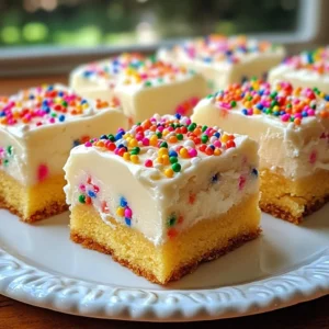 Here’s what you need to make these Funfetti Sugar Cookie Bars: - 2 ¾ cups all-purpose flour - 1 teaspoon baking powder - ½ teaspoon baking soda - ½ teaspoon salt - 1 cup unsalted butter, softened - 1 ½ cups granulated sugar - 2 large eggs - 2 teaspoons vanilla extract - ½ cup sprinkles - 1 cup cream cheese frosting - More sprinkles for decoration Each ingredient plays a key role in making these bars soft and sweet. The flour gives structure. The baking powder and soda help them rise. The butter adds richness, while the sugar brings sweetness. Eggs bind everything together. Vanilla adds flavor, and sprinkles bring the fun! Using high-quality ingredients makes a big difference. For instance, fresh butter and eggs improve the taste. Choose colorful sprinkles to make your bars more festive. Don’t forget the cream cheese frosting; it adds a creamy finish. These simple ingredients come together to create a delightful treat. You can find most of them in your kitchen right now. If you’re missing something, a quick trip to the store will solve it. Now, let's get ready to bake! {{ingredient_image_2}} - Preheat the oven to 350°F (175°C). - Grease and line a 9x13 inch baking pan. Start by getting your oven hot. This helps the cookie bars bake evenly. Next, grab your baking pan. Grease it with some butter or oil. Then, line it with parchment paper. Leave some paper hanging over the sides. This makes it easy to lift the bars out later. - Whisk together flour, baking powder, baking soda, and salt. In a medium bowl, combine the dry ingredients. Whisk the flour, baking powder, baking soda, and salt. Make sure there are no lumps. This step is key for even flavor and texture. Set this bowl aside for later. - Cream softened butter and granulated sugar until fluffy (3-4 minutes). Now, take a large bowl. Add the softened butter and granulated sugar. Use an electric mixer to beat them together. Mix for about 3-4 minutes. The mixture should be light and fluffy. This helps give your bars a nice texture. - Incorporate eggs and vanilla extract to the mixture. Next, you will add two large eggs. Add them one at a time. Mix well after each egg. Then, pour in the vanilla extract. This adds a lovely flavor that everyone enjoys. - Gradually mix in dry ingredients with wet ingredients. - Fold in sprinkles. Now, it is time to combine. Slowly add the dry mix to the wet mix. Stir until just combined. Be careful not to overmix. Then, gently fold in the sprinkles. This adds fun color and joy to your bars. - Spread dough in the pan and bake for 20-25 minutes. Spread the dough evenly in the baking pan. Use a spatula to smooth the top. Place it in your preheated oven. Bake for 20-25 minutes. The edges should be golden brown. You can check with a toothpick. If it comes out clean, they are done! To keep your funfetti sugar cookie bars soft, avoid overmixing the dough. When you mix the dry and wet ingredients, do so gently. Just combine them until you see no dry flour. If you mix too much, the bars will turn out tough. You want them to be soft and chewy. Cooling the bars properly is key. After baking, let them sit in the pan for about 10 minutes. This helps them set. Then, lift them out using the parchment paper. Place them on a wire rack to cool completely. If you frost too soon, the frosting will melt. Wait until the bars are cool for the best frosting results. For a festive display, serve your funfetti bars on a colorful platter. Add extra sprinkles around the bars for a joyful look. You can also cut them into fun shapes using cookie cutters. This makes them even more exciting for parties or get-togethers. Pro Tips Use Room Temperature Ingredients: Make sure your butter and eggs are at room temperature for better mixing and to achieve a fluffy texture in your cookie bars. Don’t Overmix the Dough: Mix until just combined to ensure the cookie bars remain soft and chewy rather than tough and dry. Chill the Dough (Optional): For thicker bars, consider chilling the dough for 30 minutes before baking to help them hold their shape better. Customize Your Sprinkles: Feel free to use themed sprinkles for different occasions, like holiday shapes for festive celebrations! {{image_4}} You can switch up the flavor of your Funfetti Sugar Cookie Bars easily. Try using almond extract instead of vanilla for a nutty touch. This small change can make a big difference. You can also use flavored frostings. Think about lemon or chocolate frosting! These flavors can add fun and surprise to every bite. If you need gluten-free options, swap all-purpose flour for gluten-free flour. This keeps the bars tasty and safe for those with gluten issues. For a vegan twist, use plant-based butter and flax eggs instead of regular eggs. These changes help you enjoy these treats, no matter your diet. Make your cookie bars fit the season! Use holiday-themed sprinkles for special occasions. Red and green sprinkles for Christmas or pastel colors for Easter can make your bars festive. You can also add seasonal toppings like pumpkin spice in the fall or peppermint in winter. These little touches can turn a great treat into a celebration! To keep your funfetti sugar cookie bars fresh, store them in an airtight container. This helps keep the bars soft and moist. If you plan to eat them within a few days, you can leave them at room temperature. For longer storage, keep them in the fridge. They will stay fresh for about a week this way. Just remember to allow them to come to room temperature before serving. If you want to save some cookie bars for later, freezing is simple! First, let the bars cool completely. Next, cut them into squares. Wrap each piece in plastic wrap. Then, place them in a freezer-safe bag or container. Be sure to label the bag with the date. They can last in the freezer for up to three months. When you’re ready to enjoy them, just thaw them in the fridge overnight. To reheat your cookie bars, preheat your oven to 350°F (175°C). Place the bars on a baking sheet. Cover them with aluminum foil to prevent drying out. Heat them for about 10 minutes. You can also use the microwave. Just place a bar on a microwave-safe plate and warm it for 10-15 seconds. Enjoy them warm, with the frosting slightly melty for extra sweetness! To check if your cookie bars are done, look for two signs. First, the edges should turn golden brown. Second, use a toothpick. Insert it in the center; if it comes out clean, the bars are ready. This means they are baked through and not doughy. Yes, you can use different frostings. Cream cheese, buttercream, or even chocolate frosting work well. If you want a lighter taste, go for whipped topping. You can also mix flavors, like adding cocoa powder to your buttercream for a chocolate twist. Don't be afraid to get creative here! If you need a butter substitute, use coconut oil or margarine. For a dairy-free option, try vegan butter or applesauce. Applesauce keeps the bars moist and adds sweetness. You can also use nut butters for a unique flavor twist. Just remember, each substitute may change the final taste and texture a bit. This article shared key steps to make delicious cookie bars. You learned about the right ingredients, mixing methods, and baking tips. With simple adjustments, you can customize these bars for any occasion. Remember to cool them before frosting for best results. You can also store or freeze them for later enjoyment. Overall, these cookie bars are fun to make and taste great. Enjoy baking and sharing your sweet treats!