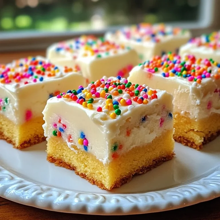 Here’s what you need to make these Funfetti Sugar Cookie Bars: - 2 ¾ cups all-purpose flour - 1 teaspoon baking powder - ½ teaspoon baking soda - ½ teaspoon salt - 1 cup unsalted butter, softened - 1 ½ cups granulated sugar - 2 large eggs - 2 teaspoons vanilla extract - ½ cup sprinkles - 1 cup cream cheese frosting - More sprinkles for decoration Each ingredient plays a key role in making these bars soft and sweet. The flour gives structure. The baking powder and soda help them rise. The butter adds richness, while the sugar brings sweetness. Eggs bind everything together. Vanilla adds flavor, and sprinkles bring the fun! Using high-quality ingredients makes a big difference. For instance, fresh butter and eggs improve the taste. Choose colorful sprinkles to make your bars more festive. Don’t forget the cream cheese frosting; it adds a creamy finish. These simple ingredients come together to create a delightful treat. You can find most of them in your kitchen right now. If you’re missing something, a quick trip to the store will solve it. Now, let's get ready to bake! {{ingredient_image_2}} - Preheat the oven to 350°F (175°C). - Grease and line a 9x13 inch baking pan. Start by getting your oven hot. This helps the cookie bars bake evenly. Next, grab your baking pan. Grease it with some butter or oil. Then, line it with parchment paper. Leave some paper hanging over the sides. This makes it easy to lift the bars out later. - Whisk together flour, baking powder, baking soda, and salt. In a medium bowl, combine the dry ingredients. Whisk the flour, baking powder, baking soda, and salt. Make sure there are no lumps. This step is key for even flavor and texture. Set this bowl aside for later. - Cream softened butter and granulated sugar until fluffy (3-4 minutes). Now, take a large bowl. Add the softened butter and granulated sugar. Use an electric mixer to beat them together. Mix for about 3-4 minutes. The mixture should be light and fluffy. This helps give your bars a nice texture. - Incorporate eggs and vanilla extract to the mixture. Next, you will add two large eggs. Add them one at a time. Mix well after each egg. Then, pour in the vanilla extract. This adds a lovely flavor that everyone enjoys. - Gradually mix in dry ingredients with wet ingredients. - Fold in sprinkles. Now, it is time to combine. Slowly add the dry mix to the wet mix. Stir until just combined. Be careful not to overmix. Then, gently fold in the sprinkles. This adds fun color and joy to your bars. - Spread dough in the pan and bake for 20-25 minutes. Spread the dough evenly in the baking pan. Use a spatula to smooth the top. Place it in your preheated oven. Bake for 20-25 minutes. The edges should be golden brown. You can check with a toothpick. If it comes out clean, they are done! To keep your funfetti sugar cookie bars soft, avoid overmixing the dough. When you mix the dry and wet ingredients, do so gently. Just combine them until you see no dry flour. If you mix too much, the bars will turn out tough. You want them to be soft and chewy. Cooling the bars properly is key. After baking, let them sit in the pan for about 10 minutes. This helps them set. Then, lift them out using the parchment paper. Place them on a wire rack to cool completely. If you frost too soon, the frosting will melt. Wait until the bars are cool for the best frosting results. For a festive display, serve your funfetti bars on a colorful platter. Add extra sprinkles around the bars for a joyful look. You can also cut them into fun shapes using cookie cutters. This makes them even more exciting for parties or get-togethers. Pro Tips Use Room Temperature Ingredients: Make sure your butter and eggs are at room temperature for better mixing and to achieve a fluffy texture in your cookie bars. Don’t Overmix the Dough: Mix until just combined to ensure the cookie bars remain soft and chewy rather than tough and dry. Chill the Dough (Optional): For thicker bars, consider chilling the dough for 30 minutes before baking to help them hold their shape better. Customize Your Sprinkles: Feel free to use themed sprinkles for different occasions, like holiday shapes for festive celebrations! {{image_4}} You can switch up the flavor of your Funfetti Sugar Cookie Bars easily. Try using almond extract instead of vanilla for a nutty touch. This small change can make a big difference. You can also use flavored frostings. Think about lemon or chocolate frosting! These flavors can add fun and surprise to every bite. If you need gluten-free options, swap all-purpose flour for gluten-free flour. This keeps the bars tasty and safe for those with gluten issues. For a vegan twist, use plant-based butter and flax eggs instead of regular eggs. These changes help you enjoy these treats, no matter your diet. Make your cookie bars fit the season! Use holiday-themed sprinkles for special occasions. Red and green sprinkles for Christmas or pastel colors for Easter can make your bars festive. You can also add seasonal toppings like pumpkin spice in the fall or peppermint in winter. These little touches can turn a great treat into a celebration! To keep your funfetti sugar cookie bars fresh, store them in an airtight container. This helps keep the bars soft and moist. If you plan to eat them within a few days, you can leave them at room temperature. For longer storage, keep them in the fridge. They will stay fresh for about a week this way. Just remember to allow them to come to room temperature before serving. If you want to save some cookie bars for later, freezing is simple! First, let the bars cool completely. Next, cut them into squares. Wrap each piece in plastic wrap. Then, place them in a freezer-safe bag or container. Be sure to label the bag with the date. They can last in the freezer for up to three months. When you’re ready to enjoy them, just thaw them in the fridge overnight. To reheat your cookie bars, preheat your oven to 350°F (175°C). Place the bars on a baking sheet. Cover them with aluminum foil to prevent drying out. Heat them for about 10 minutes. You can also use the microwave. Just place a bar on a microwave-safe plate and warm it for 10-15 seconds. Enjoy them warm, with the frosting slightly melty for extra sweetness! To check if your cookie bars are done, look for two signs. First, the edges should turn golden brown. Second, use a toothpick. Insert it in the center; if it comes out clean, the bars are ready. This means they are baked through and not doughy. Yes, you can use different frostings. Cream cheese, buttercream, or even chocolate frosting work well. If you want a lighter taste, go for whipped topping. You can also mix flavors, like adding cocoa powder to your buttercream for a chocolate twist. Don't be afraid to get creative here! If you need a butter substitute, use coconut oil or margarine. For a dairy-free option, try vegan butter or applesauce. Applesauce keeps the bars moist and adds sweetness. You can also use nut butters for a unique flavor twist. Just remember, each substitute may change the final taste and texture a bit. This article shared key steps to make delicious cookie bars. You learned about the right ingredients, mixing methods, and baking tips. With simple adjustments, you can customize these bars for any occasion. Remember to cool them before frosting for best results. You can also store or freeze them for later enjoyment. Overall, these cookie bars are fun to make and taste great. Enjoy baking and sharing your sweet treats!