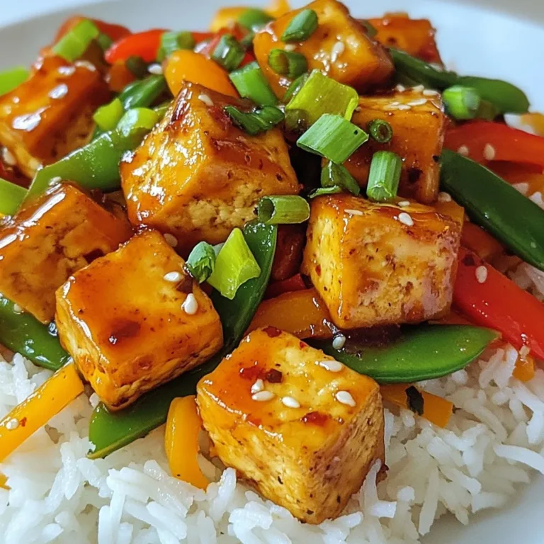 - 1 block firm tofu, pressed and cubed - 2 tablespoons honey - 3 cloves garlic, finely minced - 1 tablespoon soy sauce - 1 tablespoon sesame oil - 1 bell pepper, sliced (your choice of color for vibrancy) - 1 cup snap peas, trimmed - 1 carrot, julienned - 1 tablespoon fresh ginger, finely minced - 2 green onions, chopped (for garnish) - 1 tablespoon cornstarch - Salt and pepper to taste - Cooked rice or noodles of your choice, for serving In this tasty dish, the main ingredients bring a delightful balance. Firm tofu serves as a great protein base. Honey adds sweetness, while garlic gives it a punch. Soy sauce adds depth, and sesame oil brings a nutty flavor. The vegetables add both color and crunch. A bell pepper brightens the plate, and snap peas add a fresh, crisp bite. Julienned carrots provide sweetness and texture. Fresh ginger gives a warm kick, and chopped green onions finish it off with a fresh taste. You also need cornstarch for a crispy tofu texture. A pinch of salt and pepper brightens the flavors. Finally, serve it over rice or noodles to create a complete meal. Enjoy this vibrant and healthy dish! {{ingredient_image_2}} First, press the tofu. This helps remove extra water. Place the tofu block between two plates. Add something heavy on top. Let it sit for 15-20 minutes. This makes the tofu crispy when cooked. After pressing, cut the tofu into bite-sized cubes. This helps it cook evenly and makes it easy to eat. Next, make your stir-fry sauce. In a small bowl, combine honey, minced garlic, soy sauce, and sesame oil. Mix well until it looks smooth. Let it sit so the flavors blend together. This sauce adds great taste to the dish. Now, it’s time to cook the tofu. Sprinkle cornstarch over the tofu cubes. Ensure each piece is covered. This makes the outside crispy. Heat a non-stick skillet over medium-high heat. Add a splash of sesame oil. Once hot, gently place the tofu in the skillet. Cook for about 5-7 minutes. Turn the tofu so it browns evenly. When golden and crispy, take it out and set it aside. In the same skillet, add more sesame oil if needed. Toss in sliced bell pepper, snap peas, and julienned carrot. Stir-fry these veggies for about 3-4 minutes. They should be tender, yet crispy. This adds color and crunch to the dish. Now, add minced ginger and the crispy tofu back to the skillet. Pour the honey-garlic sauce over everything. Make sure all the pieces get coated. Cook for another 2-3 minutes. This allows the sauce to thicken a bit. You want it to have a nice glossy finish. Finally, season with salt and pepper to taste. Just before you serve, sprinkle chopped green onions on top. This adds a fresh touch. Enjoy the beautiful colors and flavors of your dish! To make your tofu crispy, start by pressing it. Pressing removes extra water. This step helps the tofu become nice and crunchy. You can use a clean towel and a heavy pan. Let it press for about 15 to 20 minutes. After pressing, cut the tofu into small cubes. This helps it cook evenly. Now, coat the cubes with cornstarch. Sprinkle cornstarch over the tofu and toss gently. Ensure each piece is covered. This coating is key for that crispy texture. When you fry it, the cornstarch creates a golden crust. To enhance the flavor, try adding spices. A pinch of red pepper flakes can add heat. You can also sprinkle sesame seeds for nutty notes. Fresh ginger brings a bright zing too. Always use fresh ingredients. Fresh veggies taste better and add more color. Serve your stir fry over cooked rice or noodles. Fluffy rice absorbs the sauce well. Noodles offer a delightful chew. For a beautiful plate, add extra green onions on top. You can also sprinkle sesame seeds for a crunchy touch. This adds color and makes the dish look gourmet. Enjoy the vibrant mix of flavors and textures! Pro Tips Press Tofu Properly: Ensure that you press the tofu adequately to remove moisture; this step is essential for achieving a crispy texture when frying. Customize Your Sauce: Feel free to adjust the honey and soy sauce ratio based on your sweetness preference; add a splash of rice vinegar for extra depth of flavor. Vegetable Variety: Mix and match your favorite vegetables for this stir-fry; broccoli, bok choy, or mushrooms can add unique flavors and textures. Garnishing for Appeal: Beyond green onions, consider adding toasted sesame seeds or crushed peanuts as a garnish for added crunch and visual appeal. {{image_4}} You can switch out tofu for tempeh or chicken. Tempeh adds a nutty taste and more protein. It cooks similarly to tofu, so it’s a great choice. If you prefer chicken, cut it into bite-sized pieces. Cook it until it's golden brown before adding your sauce. This change gives your dish a new twist. Feel free to change the veggies in your stir fry. Broccoli, zucchini, or mushrooms all work well. Each option brings its own flavor and texture. You can mix and match to find your favorite combo. Just make sure to chop them evenly. This helps them cook at the same time. You can adjust the sweetness or spice of the sauce. If you want it sweeter, add more honey. For a spicy kick, include some red pepper flakes or sriracha. Taste as you go to find the right balance for you. A little change can make a big difference in flavor. To store leftovers safely, let the stir-fry cool first. Place it in an airtight container. Keep it in the fridge for up to three days. This helps keep the tofu and veggies fresh. For reheating, use a skillet over medium heat. Add a splash of water or oil to keep it moist. Stir often for even heating. You can also use the microwave. Heat in short bursts, stirring in between. This way, you avoid overcooking the tofu. To freeze the dish, let it cool completely. Use a freezer-safe container or bag. Make sure to remove as much air as possible. It can last up to three months in the freezer. To thaw, place it in the fridge overnight. Reheat it in a skillet for the best taste. Yes, you can make this recipe vegan. Simply swap honey with agave or maple syrup. Both options provide sweetness without the use of animal products. They work great in the sauce. Adjust the amount based on your taste. This change keeps the dish delicious and plant-based. For stir fry, firm or extra-firm tofu is best. Firm tofu holds its shape well during cooking. Extra-firm tofu is even denser and less watery. Both options give you a nice crispy texture when cooked. Avoid soft or silken tofu, as they won't work for stir fry. To add some heat, include red pepper flakes or sriracha. You can mix these into the sauce or sprinkle them on top. Another option is to add sliced fresh chili peppers while cooking the veggies. Just be careful with the amount, so it’s not too spicy for your taste! This blog post shared a simple yet tasty tofu stir-fry recipe. You learned about the key ingredients, including firm tofu, garlic, and fresh veggies. We also covered cooking tips for crispy tofu and flavor boosts. You can customize the recipe with alternative proteins and sauces. Finally, we discussed storage tips to keep your dish fresh. Enjoy this recipe as a quick meal or a fun way to share with friends! Try it out and make it your own!