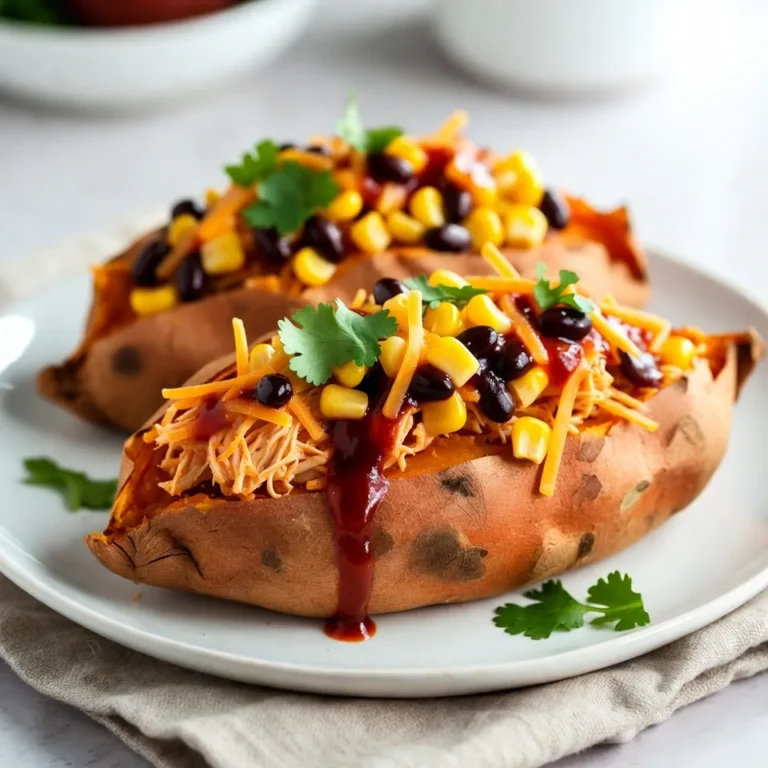 For BBQ chicken stuffed sweet potatoes, gather these items: - 4 medium sweet potatoes - 2 cups cooked chicken, shredded - 1 cup BBQ sauce (store-bought or homemade) - 1 cup corn (canned or frozen, thawed if frozen) - 1 cup black beans, rinsed and drained - 1/2 cup red onion, finely chopped - 1 cup shredded cheddar cheese - 1/4 cup fresh cilantro, chopped - Salt and pepper to taste - Olive oil, for drizzling You can personalize your stuffed sweet potatoes. Here are some ideas: - Add jalapeños for heat - Use different types of cheese like Monterey Jack - Swap black beans for pinto beans - Mix in diced bell peppers for crunch - Top with avocado or sour cream for creaminess Each serving of BBQ chicken stuffed sweet potatoes offers: - Calories: 450 - Protein: 30g - Carbohydrates: 55g - Fat: 15g - Fiber: 12g - Sugars: 8g This dish is hearty and satisfying. You get a good mix of protein, fiber, and healthy carbs. {{ingredient_image_2}} First, you need to preheat your oven to 400°F (200°C). This step gets the oven ready for the sweet potatoes. Next, rinse the sweet potatoes under cold water. Pat them dry with a towel. Use a fork to poke holes all over each potato. This helps steam escape while baking. Drizzle a bit of olive oil on each one and sprinkle with salt. Now, place the sweet potatoes on a baking sheet. Bake them in the oven for about 45 to 60 minutes. They are done when soft and easy to pierce with a fork. While the sweet potatoes bake, take 2 cups of shredded chicken. In a bowl, mix the chicken with 1 cup of BBQ sauce. Use as much sauce as you like. Make sure the chicken is well-coated. In another bowl, combine 1 cup of corn, 1 cup of rinsed black beans, and ½ cup of finely chopped red onion. Add salt and pepper to taste, and mix well. Once the sweet potatoes cool, slice them down the center. Use a fork to fluff the insides. This creates a pocket for your fillings. Stuff each potato with the BBQ chicken mixture. Top with the corn and black bean mix. Add a generous amount of shredded cheddar cheese on top. Return the stuffed potatoes to the oven for 10 more minutes. Once the cheese melts and bubbles, they are ready. Remove from the oven and garnish with chopped cilantro. Serve hot. To get sweet potatoes just right, pick medium-sized ones. They cook evenly and hold the filling well. Before baking, wash them well. Use a fork to poke holes. This lets steam escape and prevents bursting. A light coat of olive oil and a sprinkle of salt add flavor and help with browning. Bake until soft, about 45-60 minutes at 400°F. Test for doneness by piercing with a fork. Choosing the right BBQ sauce can change the dish. You can use store-bought sauces for ease. Look for ones with a good balance of sweet and tangy flavors. If you want more control, make your own! Combine ketchup, brown sugar, vinegar, and spices for a quick mix. Adjust the flavors to fit your taste. Use more or less sauce based on how saucy you like it. Cheddar cheese is a great choice for these stuffed sweet potatoes. To ensure it melts well, shred it fresh instead of using pre-shredded cheese. Freshly shredded cheese melts better and gives a creamier texture. After stuffing the potatoes, top them generously with cheese. Bake them for an extra 10 minutes to get it bubbly and golden. Make your dish look appealing by arranging the sweet potatoes nicely. Use a large wooden board for a rustic feel. Add a sprinkle of fresh cilantro on top for color. Lime wedges on the side add a fresh touch. For extra crunch, consider serving with a side salad. This contrast makes the meal not just tasty, but inviting too! Pro Tips Choose Even Sweet Potatoes: Select sweet potatoes that are similar in size for even cooking, ensuring they all bake to the perfect tenderness. Experiment with BBQ Sauce: Feel free to mix different BBQ sauces or add spices like smoked paprika to create a unique flavor profile that suits your taste. Don’t Skip Fluffing: Fluffing the insides of the sweet potatoes creates more space for the fillings, making each bite even more delicious! Make Ahead: Prepare the BBQ chicken and veggie mixture ahead of time. Stuff the potatoes just before baking to save time during busy weeknights. {{image_4}} You can make a tasty vegetarian version of BBQ chicken stuffed sweet potatoes. Instead of chicken, use shredded jackfruit. Jackfruit has a texture similar to pulled meat, and it absorbs flavors well. Mix it with BBQ sauce just like you would with chicken. Add the same corn, black beans, and red onion for a hearty meal. Top it with cheese or use a vegan cheese for a dairy-free option. You can switch up the protein in these stuffed sweet potatoes to suit your taste. Try shredded turkey or diced tofu for a lighter option. Ground beef or pork also works well if you want something heartier. Each protein adds a unique flavor to the dish. Just mix it with your favorite BBQ sauce to keep it flavorful and juicy. Boost the flavor of your stuffed sweet potatoes with spices and sauces. Add chili powder or cumin to the chicken for a spicy kick. You can also drizzle hot sauce on top before serving for extra heat. For a sweeter touch, mix in some pineapple chunks with the chicken. This adds a tropical flavor that pairs well with BBQ sauce. To store your BBQ chicken stuffed sweet potatoes, let them cool first. Place them in an airtight container. You can keep them in the fridge for up to three days. Make sure they are sealed well to keep them fresh. When you're ready to enjoy leftovers, preheat your oven to 350°F (175°C). Place the stuffed sweet potatoes on a baking sheet. Cover them with foil to keep them moist. Heat for about 20 minutes or until warm. You can also microwave them for a quicker option. Just heat for 2-3 minutes, checking to avoid overheating. If you want to freeze your stuffed sweet potatoes, wrap each one tightly in plastic wrap. Then, place them in a freezer bag. They can stay frozen for up to three months. To reheat, thaw them in the fridge overnight. Then, follow the reheating instructions above. This method helps keep the flavors intact while making it easy for a quick meal later. Yes, you can try other potatoes. Russet or Yukon Gold potatoes work well. They will give a different taste but still taste great. Just keep in mind that cooking times may change. You want your potatoes soft enough to scoop out. You can use several sauces instead of BBQ sauce. Try teriyaki sauce for a sweet touch. A homemade honey mustard mix adds a unique flavor. You can also use hot sauce for a spicy kick. Just pick a sauce you enjoy! To make this dish ahead, you can prep the sweet potatoes. Bake and stuff them, but do not add cheese yet. Store them in the fridge for up to two days. When you are ready to eat, add cheese and bake until hot. Pair these stuffed sweet potatoes with a fresh side salad. A crunchy slaw adds a nice contrast. Grilled veggies also work well. For a bit of crunch, try tortilla chips with salsa on the side. These sides balance the meal and add fun flavors. You learned about the tasty sweet potato recipe and its many parts. We covered ingredients, easy steps to follow, and tips for the best results. You can customize the dish in many ways, so feel free to get creative. Storing leftovers or reheating is simple too. With these insights, you can enjoy a delicious meal your way. Now you have all the tools to make this dish perfect. Dive in and make your kitchen shine with your new skills!