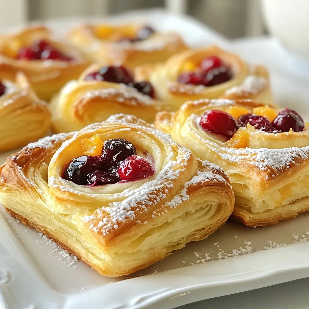 - 1 sheet of puff pastry, thawed - 1 cup fresh cranberries - 1/2 cup granulated sugar (divided into two portions) - 1 large orange, zested and juiced - 1/4 cup cream cheese, softened to room temperature - 1 teaspoon ground cinnamon - Powdered sugar, for dusting - 1 egg, for egg wash The main ingredients are essential for making your Cranberry Orange Danish. Puff pastry gives it a flaky texture. Fresh cranberries add a burst of tartness. The sugar sweetens the filling. Zesting and juicing the orange brings fresh flavor. Cream cheese adds a smooth, rich layer. For optional ingredients, consider using ground cinnamon for warmth. Dusting with powdered sugar makes it look pretty. An egg wash helps achieve that golden color. These extras can elevate your Danish. Feel free to mix and match based on your taste. Enjoy the process of creating this delightful treat! {{ingredient_image_2}} - In a medium saucepan, mix fresh cranberries, 1/4 cup sugar, orange zest, orange juice, and cornstarch. - Stir this mix over medium heat until it bubbles and thickens. - Once thickened, remove from heat and let it cool for about 10 minutes. - Find a clean, lightly floured surface to work on. - Roll out the thawed puff pastry gently to smooth out creases. - Use a sharp knife or pizza cutter to cut the pastry into four equal squares, each about 5x5 inches. - In a medium bowl, blend softened cream cheese, the remaining 1/4 cup sugar, vanilla extract, and ground cinnamon. - Mix until smooth and well combined, ensuring a creamy consistency. - Preheat your oven to 400°F (200°C). - Take one pastry square and place a generous tablespoon of cream cheese mixture in the center. - Spoon the cooled cranberry filling on top, leaving a small border around the edges. - Repeat this for all pastry squares. - In a small bowl, beat the egg until fully combined. - Use a pastry brush to lightly brush the top of each Danish with the egg wash. - Place the baking sheet in the oven and bake for 20-25 minutes. - Look for puffed up, golden brown pastries. - When done, let them cool for 5 minutes, then dust with powdered sugar before serving. To make your Cranberry Orange Danish shine, balance the sweet and tart flavors. Use fresh cranberries for the best taste. Fresh ingredients boost flavor and make a big difference. Always try to use seasonal fruits. The zest and juice from the orange add a bright twist. This gives your Danish a nice, fresh taste. Handling the pastry is key. Keep your puff pastry cold for a flakier texture. Roll it out gently on a floured surface. Watch the Danishes carefully as they bake. Look for a golden brown color and puffed edges. This shows they are ready to eat. Presentation matters! Serve the Danishes warm on a nice platter. Add fresh orange slices or a sprig of mint for color. A dusting of powdered sugar brings a lovely finish. You can also try a drizzle of icing for a sweet touch. These small details make your Danish look and taste special. Pro Tips Chill the Puff Pastry: Make sure your puff pastry is cold before baking. This helps create a flakier texture as it puffs up in the oven. Customize the Filling: Feel free to experiment with different fruits or jams in place of the cranberry filling, such as blueberries or cherry preserves, for a unique twist. Egg Wash Alternatives: For a vegan option, use a mixture of almond milk and maple syrup instead of the egg wash for a nice golden finish. Serve Fresh: These pastries are best enjoyed fresh out of the oven. If you have leftovers, reheat them briefly in the oven to restore their crispiness. {{image_4}} You can get creative with your fruit choices! Try using blueberries, raspberries, or strawberries. Each fruit brings a unique taste. Mixing flavors can also be fun. Combine cranberries with some citrus zest for extra zing. Or, try adding a bit of apple for a sweet crunch. The options are endless! Not a fan of cream cheese? You can swap it out! Try ricotta or mascarpone for a lighter texture. Greek yogurt also works well for a tangy flavor. If you want a twist, mix in some citrus zest or a dash of almond extract. These will add a nice touch to your filling. If you need to avoid gluten, use gluten-free puff pastry. Many brands offer great options that work well. Just be sure to follow package instructions closely. Cooking times may differ, so keep a close eye on your Danishes. They should puff up nicely and turn golden brown, just like the regular version! To store your leftover Cranberry Orange Danish, place them in an airtight container. This keeps them fresh and moist. If you do not have a container, wrap them tightly in plastic wrap or aluminum foil. The Danishes will last up to three days in the fridge. If you want to keep them longer, consider freezing them. They can last up to three months in the freezer. Just ensure you wrap them well to prevent freezer burn. When you are ready to enjoy your Danishes again, preheat your oven to 350°F (175°C). Place the Danishes on a baking sheet. Heat them for about 10-15 minutes. This method warms them evenly. It also helps maintain that crisp texture we all love. Avoid using the microwave. It can make the pastry soggy and chewy. For the best results, check them often as they warm. You can tell if your Danish is done by looking for two signs: - Visual cues: The pastry should be golden brown and puffed up. - Texture to look for: When you tap the pastry lightly, it should sound hollow. Yes, you can freeze your Danish for later enjoyment. Here’s how: - Freezing process: After baking, let the Danishes cool completely. Wrap each Danish in plastic wrap, then place them in a freezer bag. - Thawing recommendations: To thaw, take them out and leave them in the fridge overnight. You can warm them in the oven before serving. Pairing your Danish can enhance the experience. Consider these options: - Beverage pairings: A hot cup of coffee or tea complements the sweet and tart flavors nicely. - Breakfast or dessert options: Serve it as a sweet breakfast treat or a delightful dessert after a meal. If you prefer a less sweet Danish, it’s simple to adjust. - Adjusting sugar levels: Reduce the granulated sugar in the filling. Start with half of the suggested amount. - Other flavor enhancements: Add a pinch of salt or a bit more orange zest to balance the flavors without added sweetness. In this blog post, we explored how to make delicious Cranberry Orange Danishes. We covered the main ingredients, the step-by-step instructions, and helpful tips for the best flavor and texture. You learned about variations and storage options to keep your Danishes fresh. This recipe can be a fun project. Don’t be afraid to experiment with flavors or presentation. Enjoy creating your own tasty treats!