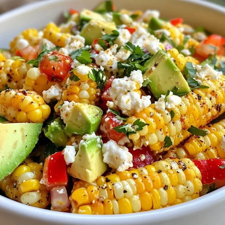 To make a tasty Mexican street corn salad, you need fresh, vibrant ingredients. Here’s what to gather: - 4 ears of fresh corn, husked - 1 red bell pepper, finely diced - 1/4 cup red onion, finely chopped - 1/2 cup queso fresco, crumbled - 1/4 cup fresh cilantro, finely chopped - 2 tablespoons mayonnaise - 1 tablespoon sour cream - 1 tablespoon freshly squeezed lime juice - 1 teaspoon chili powder - Salt and freshly ground black pepper, to taste - 1 avocado, diced (optional for added creaminess) These ingredients come together to create a colorful and zesty salad. Each one adds a unique flavor that makes the dish shine. The corn offers sweetness, while the red bell pepper gives a crisp bite. Queso fresco adds a creamy, salty touch, making it a true delight. When you choose your ingredients, look for fresh corn with bright yellow kernels. A ripe avocado will enhance the creaminess of the salad. Trust me, these details matter! {{ingredient_image_2}} - Preheating the grill: Start by setting your grill to medium-high heat. This helps the corn cook evenly and get nice grill marks. - Grilling the corn: Place the husked corn directly on the grill grates. Grill each ear for about 10 to 12 minutes. Turn the corn every few minutes to avoid burning. Look for a slight char; this adds a great flavor. - Cooling and cutting the corn: Once done, take the corn off the grill. Let it cool for a few minutes. When it's safe to handle, use a sharp knife to slice the kernels off the cob. Put the kernels in a large mixing bowl. - Combining fresh ingredients: In the bowl with the corn, add the finely diced red bell pepper, chopped red onion, and crumbled queso fresco. Gently mix these ingredients to evenly distribute them. - Preparing the dressing: In a small bowl, whisk together the mayonnaise, sour cream, lime juice, chili powder, and a pinch of salt and pepper. Mix until smooth and creamy. - Tossing the salad: Drizzle the dressing over the corn mixture. Toss everything together gently. Make sure every piece is well coated in that delicious dressing. - Adding optional avocado: If you want a creamier texture, fold in the diced avocado now. It brings richness to the salad. - Stirring in cilantro: Next, add the freshly chopped cilantro. This herb gives the salad a bright flavor and makes it more colorful. - Adjusting seasoning to taste: Finally, taste the salad. Add more salt and black pepper if needed, to suit your taste buds. For the best Mexican street corn salad, start with fresh corn. I recommend using sweet corn right off the cob. Look for corn that feels firm and has bright green husks. Fresh corn gives the salad a nice crunch and sweet flavor. When it comes to queso fresco, choose one that is soft and crumbly. A good queso fresco should be creamy with a mild taste. I often find it in Latin markets or specialty cheese shops. This cheese will add a rich flavor to the salad. To kick up the flavor, you can add spices. Try adding smoked paprika or cayenne pepper for an extra kick. Both spices will enhance the smokiness from the grilled corn. For a creamier texture, consider adding diced avocado. It blends well with the dressing and enriches the salad. You can also add more mayonnaise or sour cream if you like it creamier. Just mix it in slowly until you reach your desired consistency. Serve your salad in a colorful bowl. A bright dish will make your salad pop. For garnishing, add extra cilantro on top. A sprinkle of chili powder adds a nice touch too. You can also pair this salad with grilled meats or tacos. It makes a great side dish for any summer gathering. The fresh flavors will impress your guests and keep them coming back for more! Pro Tips Grill to Perfection: Ensure you turn the corn regularly on the grill to achieve an even char and enhance the flavor. The slight charring adds a wonderful smoky taste to the salad. Fresh Ingredients Matter: Use the freshest corn and produce available. Fresh ingredients will elevate the flavor profile of the salad and provide a better texture. Customize Your Spice: Adjust the amount of chili powder according to your heat preference. You can also add diced jalapeños for an extra kick. Serve Chilled: For a refreshing experience, let the salad chill in the fridge for about 30 minutes before serving. This allows the flavors to meld beautifully. {{image_4}} You can make this salad more filling by adding protein. Grilled chicken or shrimp works well. Just cook the protein on the grill alongside the corn. Chop it into small pieces and mix it in. This adds flavor and makes the dish heartier. If you want a vegetarian or vegan salad, you can swap out the dairy. Use vegan mayo instead of regular mayonnaise. For a creamy touch, try using cashew cream or avocado. These options keep the salad rich and delicious without dairy. You can change the flavor of the salad by adding different herbs or spices. Try fresh basil, mint, or even dill. You can also add a bit of cumin for a warm taste. These twists let you customize the salad to your liking. To keep your Mexican street corn salad fresh, store it in an airtight container. Place it in the fridge right after serving. This will help keep the flavors intact. The salad stays good for about 3 days. After that, the corn may lose its crunch. You can freeze the salad if you have leftovers. To freeze, place the salad in a freezer-safe container. Leave some space at the top for expansion. It will last for about 2 months in the freezer. When you’re ready to enjoy it again, thaw the salad in the fridge overnight. After thawing, stir it well before serving. You may want to add a little fresh lime juice to revive its flavor. Mexican Street Corn Salad is a fresh and tasty dish. It comes from Mexico, where people sell grilled corn on the streets. This salad takes those flavors and mixes them into a bowl. You get sweet corn, crunchy peppers, and creamy cheese all in one bite. It’s a great way to enjoy summer flavors! Yes, you can! This salad tastes even better after a few hours. To prep ahead, grill the corn and cut it into kernels. Store it in the fridge until you are ready to mix. Just add the other ingredients before serving. Keep the dressing separate until serving to keep it fresh. This salad has a mild kick. The chili powder adds flavor without too much heat. If you want more spice, you can add hot sauce or more chili powder. If you prefer less heat, skip the chili powder. You can adjust it to match your taste! You can use other cheeses if you can't find queso fresco. Feta cheese offers a similar crumbly texture and salty flavor. Cotija cheese is another great choice, giving a nice tang. Cream cheese can work too, but it will change the texture. Choose based on your favorite flavor! This blog post presented a tasty Mexican Street Corn Salad recipe. You learned about fresh ingredients, simple steps, and useful tips. We explored variations to suit your tastes and the best ways to store leftovers. Incorporating flavor twists and protein options makes the dish more fun. This salad is flexible and easy to prepare. Feel free to experiment, and enjoy sharing this vibrant dish with family and friends.