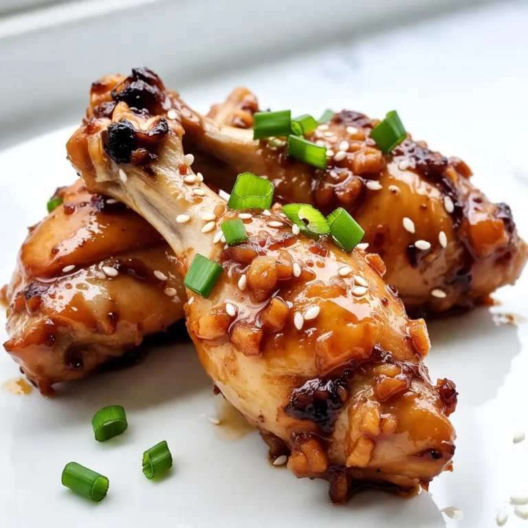 To make honey garlic soy chicken drumsticks, you need some key ingredients. Here’s the list for a tasty meal: - 8 chicken drumsticks - 1/3 cup honey - 1/4 cup low-sodium soy sauce - 3 cloves garlic, finely minced - 1 tablespoon freshly grated ginger - 2 tablespoons olive oil - 1 teaspoon sesame oil - 1/2 teaspoon freshly ground black pepper - 1/2 teaspoon red pepper flakes (optional, for a kick) - 2 green onions, finely chopped (for garnish) - 1 tablespoon sesame seeds (for garnish, toasted if desired) These ingredients blend well to create a flavor-packed dish. Honey gives a sweet touch, while soy sauce adds a savory depth. Garlic and ginger make it aromatic and fresh. The olive and sesame oils bring richness, and black pepper and red pepper flakes add a little heat. I love using fresh green onions and sesame seeds for garnish. They not only look great but also add a nice crunch. This dish is simple, but the flavors will impress anyone who tries it. {{ingredient_image_2}} To start, gather your ingredients. In a medium bowl, take 1/3 cup of honey, 1/4 cup of low-sodium soy sauce, and 3 minced garlic cloves. Add 1 tablespoon of freshly grated ginger, 2 tablespoons of olive oil, and 1 teaspoon of sesame oil. Finally, mix in 1/2 teaspoon of black pepper and, if you like heat, 1/2 teaspoon of red pepper flakes. Now, whisk these ingredients together until smooth. This step is key for a rich flavor. The honey gives sweetness. The soy sauce adds salt. Garlic and ginger bring fresh notes. Next, take 8 chicken drumsticks. Place them in a large resealable bag or a shallow dish. Pour the marinade over the chicken, making sure each piece is well coated. Seal the bag or cover the dish tightly. Refrigerate the chicken for at least 1 hour. For the best taste, let it marinate overnight. This longer time allows the flavors to soak in deeply. Now it’s time to cook. Preheat your oven to 400°F (200°C). This heat helps the skin turn crispy while the meat cooks through. Line a baking sheet with aluminum foil for easy cleanup. Place a wire rack on top of the sheet. This setup ensures heat circulates around the chicken, giving it even cooking. Arrange the marinated drumsticks on the rack. Discard any leftover marinade. Bake the chicken for 35-40 minutes. You want the skin to turn golden and crispy. For a caramelized look, turn on the broiler for the last 2-3 minutes. Watch closely to prevent burning. After baking, let the chicken rest for a few minutes. This helps the juices stay inside. Right before serving, sprinkle chopped green onions and sesame seeds on top. This adds flavor and makes your dish look great. Achieving crispy skin To get that perfect crispy skin, start by patting the chicken drumsticks dry with paper towels. This removes excess moisture and helps the skin crisp up in the oven. When cooking, place the drumsticks on a wire rack over a lined baking sheet. This allows hot air to circulate around the chicken. The result? Juicy meat with a crunchy outer layer. Using the broiler effectively The broiler is your best friend for a golden finish. After baking for 35-40 minutes, switch on the broiler for the last few minutes. This adds a nice caramelization. Keep a close watch to avoid burning. Just a few minutes can make a big difference! Best practices for marinating Marinating is key for flavor. Use a resealable bag or shallow dish to coat the chicken well. Make sure every piece gets the marinade. This helps the flavors soak into the meat. Overnight marinating benefits If you have time, marinate the drumsticks overnight. This deepens the flavor and makes the chicken more tender. Even a few hours can make a big impact, but overnight is best for that rich taste. Pro Tips Marinate Longer for More Flavor: For the best flavor, marinate the chicken drumsticks overnight. This allows the marinade to penetrate the meat, making it more tender and flavorful. Use a Meat Thermometer: To ensure that your chicken is cooked perfectly, use a meat thermometer. The internal temperature should reach 165°F (75°C) for safe consumption. Broiling for Extra Crispiness: If you want an extra crispy skin, turn on the broiler for the last few minutes of cooking. Just be sure to keep an eye on the chicken to prevent burning. Experiment with Marinade Variations: Feel free to customize the marinade by adding other ingredients like orange juice, lime, or even sriracha for a different flavor profile. This will keep your dish exciting! {{image_4}} You can easily make this dish gluten-free. Use tamari instead of soy sauce. Tamari gives a similar taste without gluten. If you want to lower the sodium, choose low-sodium soy sauce. This keeps the flavor while reducing salt. You can also skip the soy sauce and use coconut aminos. This option is tasty and low in sodium. To spice things up, add more red pepper flakes. This will give your chicken a nice kick. You can also add a touch of cayenne pepper for extra heat. If you prefer a sweeter taste, add more honey. A tablespoon or two can really enhance the flavor. For garnishes, try fresh cilantro or parsley. They add a nice pop of color and flavor. You can serve these drumsticks with rice, quinoa, or a fresh salad. Each side can change the dish's overall taste and feel. To keep your honey garlic soy chicken drumsticks fresh, store them in the fridge. Place the cooled drumsticks in an airtight container. You can also wrap them tightly with plastic wrap or aluminum foil. This will prevent moisture loss and keep out odors. Your chicken will stay good for up to 3 days in the fridge. If you want to keep it longer, you can freeze the drumsticks. Just make sure to use a freezer-safe bag or container. Frozen drumsticks can last up to 3 months. When reheating, you want to keep the chicken moist. I recommend using the oven for this. Preheat your oven to 350°F (175°C). Place the drumsticks on a baking sheet and cover them with foil. This helps lock in moisture. Heat for about 20 minutes or until warm. You can also use the microwave, but it may dry out the chicken. If you choose this method, heat in short bursts of 1 minute. Check often to avoid overcooking. Remember, the goal is to enjoy juicy, flavorful chicken. Avoid methods that dry it out, like frying or grilling without any moisture. You can tell if chicken is cooked by checking its internal temperature. Use a meat thermometer. The safe temperature for chicken is 165°F (75°C). If you don’t have a thermometer, cut into the thickest part. The juices should run clear, not pink. The meat should be firm and opaque. Yes, you can use chicken thighs instead of drumsticks. Thighs have more fat, so they can be juicier and tastier. Adjust your cooking time to 40-45 minutes, as thighs may take a bit longer. The same marinade works well for both cuts. You can serve these drumsticks with many sides. Here are some tasty options: - Steamed broccoli - Rice or quinoa - Fresh salad - Roasted vegetables - Mashed potatoes These pairings balance the sweet and savory flavors of the chicken. Enjoy your meal! This article covered how to make tasty honey garlic soy chicken drumsticks. We discussed ingredients, marinade tips, cooking steps, and storage ideas. You learned how to get crispy skin and the best ways to marinate your chicken. Remember, you can modify flavors and make gluten-free versions too. With these tips, you’ll impress your family and friends. Enjoy cooking and savor your delicious dish!