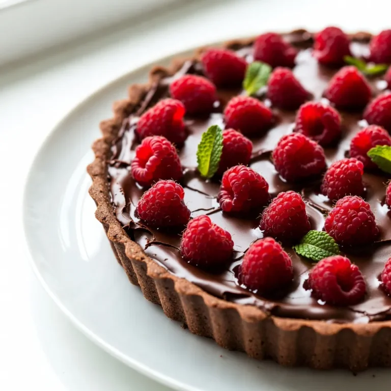 For the Raspberry Chocolate Ganache Tart, gather these items: - 1 ½ cups all-purpose flour - ½ cup unsweetened cocoa powder - ½ cup powdered sugar - ½ cup unsalted butter, softened at room temperature - 1 large egg - ½ teaspoon pure vanilla extract - 8 ounces dark chocolate, finely chopped (preferably 60-70% cocoa) - 1 cup heavy cream - 1 cup fresh raspberries - 2 tablespoons granulated sugar - Fresh mint leaves, for garnish Choose high-quality ingredients for the best taste. Use fresh raspberries for bright flavor. Select dark chocolate with 60-70% cocoa for a rich ganache. Look for unsalted butter to control the saltiness. When possible, opt for organic ingredients, especially for your berries and cream. They often taste better and support sustainable farming. If you can't find an ingredient, here are some swaps: - Flour: Use gluten-free flour for a gluten-free tart. - Cocoa Powder: Dutch-process cocoa adds a deeper flavor. - Butter: Coconut oil or vegan butter works for a dairy-free option. - Egg: A flax egg (1 tablespoon ground flaxseed + 3 tablespoons water) is a good vegan substitute. - Dark Chocolate: Semi-sweet chocolate can be used if you prefer a sweeter taste. - Raspberries: Blackberries or strawberries work well if raspberries are not available. These changes allow you to customize the tart while keeping it delicious. {{ingredient_image_2}} To start, gather your ingredients for the tart crust. In a large bowl, mix together 1 ½ cups of all-purpose flour, ½ cup of unsweetened cocoa powder, and ½ cup of powdered sugar. Use a whisk to combine them well. Next, add ½ cup of softened unsalted butter. Mix it with your fingers or a pastry cutter until it feels like coarse crumbs. Then, add 1 large egg and ½ teaspoon of pure vanilla extract. Blend until it forms a dough. Now, take your dough and press it into a 9-inch tart pan. Be sure to spread it evenly across the bottom and sides. Use a fork to prick the bottom. This helps it bake without bubbling. Preheat your oven to 350°F (175°C). Bake the crust for 15 minutes. After baking, let it cool completely in the pan. Next, we will prepare the ganache. In a medium saucepan, warm 1 cup of heavy cream over medium heat. Watch carefully; do not let it boil. When it simmers, remove it from the heat. Pour the hot cream over 8 ounces of finely chopped dark chocolate in a heatproof bowl. Let it sit for 2-3 minutes. This softens the chocolate. After that, stir gently until the mixture is smooth and well combined. Now comes the fun part! Pour the silky ganache into your cooled tart shell. Use a spatula to spread it evenly. Once you have done this, take the tart and place it in the refrigerator. Chill it for at least 2 hours. This ensures the ganache sets perfectly. While the tart chills, prepare your fresh raspberries. Put them in a bowl and sprinkle 2 tablespoons of granulated sugar over them. Toss gently to coat. Let them sit for about 20 minutes. This will bring out their juices and enhance their flavor. When the ganache is firm, take the tart from the fridge. Top it with the macerated raspberries, arranging them nicely. For a burst of color and flavor, add fresh mint leaves as a garnish. Slice your tart and enjoy this delightful dessert! To make a great tart crust, use cold butter. This helps create a flaky texture. Mix the flour, cocoa powder, and powdered sugar well. When you add the butter, mix until it looks like small crumbs. This is key for a tender crust. Press the dough evenly into the tart pan. Use a fork to poke holes in the bottom. This helps it bake evenly and prevents bubbling. For a smooth ganache, heat the cream gently. Watch it closely so it doesn’t boil. Pour the hot cream over your chopped chocolate and let it sit. This step softens the chocolate. After a few minutes, stir slowly until it’s silky. If you see lumps, keep stirring. You can also use a whisk for a creamier texture. When serving the tart, let it chill fully for the best texture. Top it with the macerated raspberries. This adds a juicy burst of flavor. For a fancy touch, sprinkle cocoa powder on top. You can also serve slices with whipped cream. Fresh mint leaves add color and a nice taste. Enjoy this dessert at any gathering! Pro Tips Chill Your Equipment: For a smoother ganache, chill your mixing bowl and spatula in the fridge before making the ganache. This helps keep the chocolate from hardening too quickly when mixed with warm cream. Use Quality Chocolate: The flavor of your ganache depends greatly on the chocolate you use. Opt for high-quality dark chocolate (60-70% cocoa) for the best taste. Fresh Raspberries: Choose plump, ripe raspberries for the topping. They should be firm but not overly soft, ensuring they hold their shape when placed on the tart. Let It Set: Be patient and allow the ganache to chill completely in the refrigerator. This will ensure that it firms up nicely and provides the perfect texture when served. {{image_4}} You can change the taste of your Raspberry Chocolate Ganache Tart easily. Here are some fun ideas: - Mint Chocolate: Add a few drops of peppermint extract to the ganache. This gives a fresh twist. - Spicy Chocolate: Mix in a pinch of cayenne pepper or chili powder for a kick. - Nutty Chocolate: Fold in some chopped nuts, like hazelnuts or almonds, into the ganache for added crunch. These tweaks can make the tart unique every time! You can still enjoy this tart with different dietary needs. Here are some swaps: - Gluten-Free: Use gluten-free flour instead of all-purpose flour. - Dairy-Free: Use coconut cream and dairy-free chocolate for a rich taste. - Sugar-Free: Try using a sugar substitute like erythritol or stevia for sweetness. These options help everyone enjoy this dessert! Fruits can change with the seasons, making your tart fun and fresh. Consider these choices: - Spring: Use strawberries or cherries for a spring vibe. - Summer: Try blueberries or peaches for a juicy summer treat. - Fall: Add sliced apples or pears with cinnamon for a cozy touch. - Winter: Pomegranate seeds can add color and a burst of flavor. With these seasonal ideas, you can enjoy a new taste in every bite! To keep your Raspberry Chocolate Ganache Tart fresh, store it in the fridge. Use an airtight container or wrap it tightly with plastic wrap. This helps maintain its taste and texture. Avoid covering it with foil, as it may stick to the ganache. When stored properly, the tart lasts for about 3 to 4 days in the fridge. After that, the crust may become soft, and the ganache may lose its shine. Always check for any off smells or changes in texture before enjoying it again. You don't need to reheat the tart. It's best served chilled. If you want to refresh it, let it sit at room temperature for about 15 to 20 minutes. This helps to soften the ganache slightly, making every bite melt in your mouth. If you like, add a sprinkle of cocoa powder or fresh mint leaves right before serving for extra flair. Yes, you can use milk chocolate. Milk chocolate will make the ganache sweeter and creamier. It may change the tart’s overall flavor. If you like a sweeter taste, go ahead and make that swap. Just remember, the darker chocolate brings a rich depth that balances the tartness of the raspberries. To prevent a soggy crust, always bake it first. Prick the bottom with a fork before baking. This allows steam to escape. After baking, let it cool completely before adding the ganache. You can also brush the inside with melted chocolate after baking. This creates a barrier to moisture. If fresh raspberries aren’t available, try frozen ones. Thaw them and drain excess water. Other berries like strawberries or blueberries work well too. You can even use fruit preserves or a berry compote. These will add sweetness and flavor, keeping your tart delightful. This blog post covers everything you need to know to make a tasty tart. We discussed the best ingredients, tips for making a perfect crust, and how to prepare a smooth ganache. I shared variations for flavors and dietary needs, along with how to store leftovers properly. Remember, practice makes perfect. Enjoy experimenting with different fruits and flavors. Your ideal tart is just a recipe away.