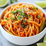 - 8 oz (225g) rice noodles - 2 tablespoons gochujang (Korean chili paste) - 1 tablespoon soy sauce - 1 tablespoon sesame oil - 1 tablespoon honey or maple syrup - 2 garlic cloves, minced - 1 cup shredded carrots - 1 bell pepper, thinly sliced (any color you like) - 2 green onions, finely chopped - Fresh cilantro for garnish (optional but recommended) - Lime wedges for serving Each serving has about 350 calories. The dish has a good balance of carbs, fats, and protein. You get around 8 grams of protein, 10 grams of fat, and 60 grams of carbs. If you need gluten-free options, use gluten-free soy sauce and rice noodles. This meal is easy to enjoy with dietary needs in mind. {{ingredient_image_2}} To cook the rice noodles, start by boiling a large pot of water. Once the water is boiling, add the rice noodles. Cook them for 5-7 minutes. You want them soft but still a bit chewy. After cooking, drain the noodles in a colander. Rinse them under cold water. This stops the cooking and helps them stay firm. Drain again and set aside. For the sauce, grab a small bowl. In it, mix the gochujang, soy sauce, sesame oil, honey, and sesame seeds. Use a whisk to blend everything well until it becomes smooth. The right ratios of ingredients make the sauce taste just right. Set this flavorful sauce aside for later. Take a large skillet or wok and heat the vegetable oil over medium heat. Add the minced garlic first. Sauté it for about 30 seconds until it smells great and turns golden. Then, add the shredded carrots and thinly sliced bell pepper. Stir-fry these for 2-3 minutes. You want them to soften a bit but still be crunchy. Now, add the drained rice noodles to the skillet. Pour in the gochujang sauce you made earlier. Using tongs or a spatula, toss everything together gently. Make sure the noodles and veggies are well-coated in the sauce. Stir-fry for another 2-3 minutes until everything is heated through. Once done, remove the skillet from the heat. Fold in the chopped green onions for extra freshness. Serve the spicy noodles hot. For a nice touch, garnish with fresh cilantro if you like. Add lime wedges on the side for a zesty kick. - Cooking time adjustments for texture: Cook the rice noodles for 5-7 minutes. This time gives them a soft yet chewy texture. If you prefer firmer noodles, reduce the cooking time by a minute or two. - Balancing spice levels: Gochujang is spicy, but you can adjust it. Start with 1 tablespoon and taste as you mix. If you want more heat, add a little more. - Avoiding overcooked noodles: Overcooked noodles turn mushy. After boiling, rinse them under cold water quickly. This stops the cooking process. - Ensuring proper sauce coating: To coat the noodles well, add the sauce gradually. Toss gently but thoroughly with tongs to mix all ingredients. - Pairing with proteins: For more protein, add grilled chicken, shrimp, or tofu. Cook them separately and mix them in at the end. - Complementary side dishes: Serve with a simple cucumber salad or steamed broccoli. These add crunch and balance to your meal. Pro Tips Use Fresh Ingredients: Opt for fresh vegetables and herbs to enhance the overall flavor and texture of your noodles. Adjust Spice Level: If you prefer a milder dish, reduce the amount of gochujang or add more honey/maple syrup to balance the heat. Cook Noodles Al Dente: Ensure the rice noodles are cooked al dente for the perfect texture and to prevent them from becoming mushy when mixed with the sauce. Garnish for Flavor: Don’t skip the fresh cilantro and lime wedges; they add a burst of freshness that complements the spicy noodles beautifully. {{image_4}} You can easily make these spicy noodles vegetarian. For protein, try using tofu or tempeh. Both options soak up flavor well and add great texture. You can also use chickpeas for a fun twist. Add more veggies to boost flavor and nutrition! Consider using broccoli, snap peas, or mushrooms. These veggies add color and crunch to your dish. Want it spicier? Just add more gochujang! Start with a teaspoon at a time. This way, you can find the perfect heat level for you. If you prefer a milder version, reduce the gochujang. You can also add sweet chili sauce for flavor without too much heat. Another option is to mix in diced bell peppers, which add sweetness. If you're looking for lower-carb options, try zucchini noodles. They are easy to make. Just spiralize fresh zucchini for a light, healthy base. Cauliflower rice is another great choice. It’s low in carbs and adds a nice texture. You can sauté it briefly before adding your noodles and sauce for a tasty meal. To keep your spicy Korean gochujang noodles fresh, use an airtight container. Glass or plastic containers work well. Make sure the container seals tightly to keep air out. Store the noodles in the fridge for up to three days. This way, they stay tasty and safe to eat. When reheating, you have two main options: microwave or stovetop. For the microwave, place the noodles in a microwave-safe dish. Add a splash of water to keep them moist. Heat on medium power for one to two minutes, stirring halfway. For the stovetop, heat a skillet over low heat and add a bit of oil. Toss the noodles gently until they warm up. This method helps keep the noodle texture just right. You can freeze these noodles too! First, let them cool completely. Then, place them in a freezer-safe bag or container. Remove as much air as possible to prevent freezer burn. They can last up to two months in the freezer. To thaw, place the bag in the fridge overnight. Reheat using the stovetop method to keep them from becoming mushy. Gochujang is a thick, red paste made from Korean red chili, glutinous rice, fermented soybeans, and salt. You can use it in many dishes. It adds heat and depth to recipes. The flavor is sweet, spicy, and umami-rich. It brightens up the taste of any meal. Yes, you can use different noodles. Some great options are soba, udon, or even spaghetti. Just keep in mind that cooking times may change. Soba noodles cook faster, while udon may take longer. Always check the package instructions for best results. Yes, this recipe can be gluten-free! Use rice noodles, which are naturally gluten-free. Be careful with soy sauce; choose a gluten-free version. Always check labels for hidden gluten. Cross-contamination can happen, so wash your cooking tools well before use. This blog post covers all you need to make Gochujang noodles. You learned about the ingredients, cooking steps, and how to store leftovers. With tips on texture, spice levels, and variations, you can customize your dish. Remember, you can adjust the heat and add your favorite veggies. Enjoy making this easy and delicious meal. Don't hesitate to experiment with proteins or other noodles. Have fun in the kitchen and enjoy your tasty creation!