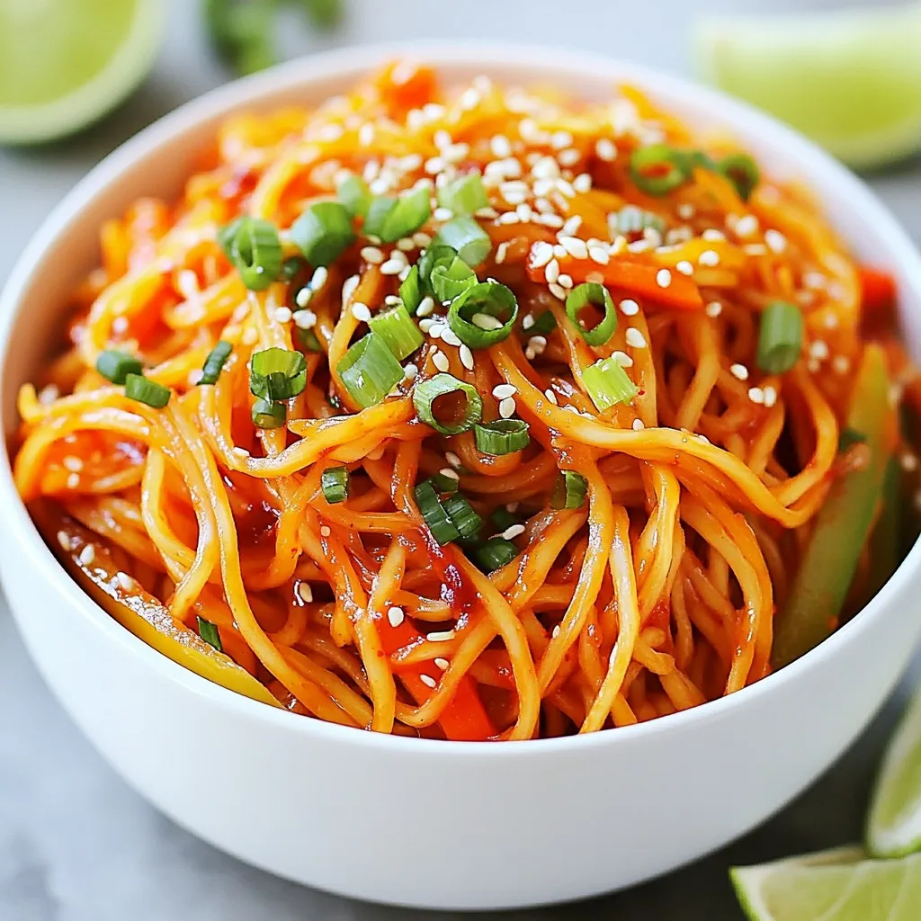 - 8 oz (225g) rice noodles - 2 tablespoons gochujang (Korean chili paste) - 1 tablespoon soy sauce - 1 tablespoon sesame oil - 1 tablespoon honey or maple syrup - 2 garlic cloves, minced - 1 cup shredded carrots - 1 bell pepper, thinly sliced (any color you like) - 2 green onions, finely chopped - Fresh cilantro for garnish (optional but recommended) - Lime wedges for serving Each serving has about 350 calories. The dish has a good balance of carbs, fats, and protein. You get around 8 grams of protein, 10 grams of fat, and 60 grams of carbs. If you need gluten-free options, use gluten-free soy sauce and rice noodles. This meal is easy to enjoy with dietary needs in mind. {{ingredient_image_2}} To cook the rice noodles, start by boiling a large pot of water. Once the water is boiling, add the rice noodles. Cook them for 5-7 minutes. You want them soft but still a bit chewy. After cooking, drain the noodles in a colander. Rinse them under cold water. This stops the cooking and helps them stay firm. Drain again and set aside. For the sauce, grab a small bowl. In it, mix the gochujang, soy sauce, sesame oil, honey, and sesame seeds. Use a whisk to blend everything well until it becomes smooth. The right ratios of ingredients make the sauce taste just right. Set this flavorful sauce aside for later. Take a large skillet or wok and heat the vegetable oil over medium heat. Add the minced garlic first. Sauté it for about 30 seconds until it smells great and turns golden. Then, add the shredded carrots and thinly sliced bell pepper. Stir-fry these for 2-3 minutes. You want them to soften a bit but still be crunchy. Now, add the drained rice noodles to the skillet. Pour in the gochujang sauce you made earlier. Using tongs or a spatula, toss everything together gently. Make sure the noodles and veggies are well-coated in the sauce. Stir-fry for another 2-3 minutes until everything is heated through. Once done, remove the skillet from the heat. Fold in the chopped green onions for extra freshness. Serve the spicy noodles hot. For a nice touch, garnish with fresh cilantro if you like. Add lime wedges on the side for a zesty kick. - Cooking time adjustments for texture: Cook the rice noodles for 5-7 minutes. This time gives them a soft yet chewy texture. If you prefer firmer noodles, reduce the cooking time by a minute or two. - Balancing spice levels: Gochujang is spicy, but you can adjust it. Start with 1 tablespoon and taste as you mix. If you want more heat, add a little more. - Avoiding overcooked noodles: Overcooked noodles turn mushy. After boiling, rinse them under cold water quickly. This stops the cooking process. - Ensuring proper sauce coating: To coat the noodles well, add the sauce gradually. Toss gently but thoroughly with tongs to mix all ingredients. - Pairing with proteins: For more protein, add grilled chicken, shrimp, or tofu. Cook them separately and mix them in at the end. - Complementary side dishes: Serve with a simple cucumber salad or steamed broccoli. These add crunch and balance to your meal. Pro Tips Use Fresh Ingredients: Opt for fresh vegetables and herbs to enhance the overall flavor and texture of your noodles. Adjust Spice Level: If you prefer a milder dish, reduce the amount of gochujang or add more honey/maple syrup to balance the heat. Cook Noodles Al Dente: Ensure the rice noodles are cooked al dente for the perfect texture and to prevent them from becoming mushy when mixed with the sauce. Garnish for Flavor: Don’t skip the fresh cilantro and lime wedges; they add a burst of freshness that complements the spicy noodles beautifully. {{image_4}} You can easily make these spicy noodles vegetarian. For protein, try using tofu or tempeh. Both options soak up flavor well and add great texture. You can also use chickpeas for a fun twist. Add more veggies to boost flavor and nutrition! Consider using broccoli, snap peas, or mushrooms. These veggies add color and crunch to your dish. Want it spicier? Just add more gochujang! Start with a teaspoon at a time. This way, you can find the perfect heat level for you. If you prefer a milder version, reduce the gochujang. You can also add sweet chili sauce for flavor without too much heat. Another option is to mix in diced bell peppers, which add sweetness. If you're looking for lower-carb options, try zucchini noodles. They are easy to make. Just spiralize fresh zucchini for a light, healthy base. Cauliflower rice is another great choice. It’s low in carbs and adds a nice texture. You can sauté it briefly before adding your noodles and sauce for a tasty meal. To keep your spicy Korean gochujang noodles fresh, use an airtight container. Glass or plastic containers work well. Make sure the container seals tightly to keep air out. Store the noodles in the fridge for up to three days. This way, they stay tasty and safe to eat. When reheating, you have two main options: microwave or stovetop. For the microwave, place the noodles in a microwave-safe dish. Add a splash of water to keep them moist. Heat on medium power for one to two minutes, stirring halfway. For the stovetop, heat a skillet over low heat and add a bit of oil. Toss the noodles gently until they warm up. This method helps keep the noodle texture just right. You can freeze these noodles too! First, let them cool completely. Then, place them in a freezer-safe bag or container. Remove as much air as possible to prevent freezer burn. They can last up to two months in the freezer. To thaw, place the bag in the fridge overnight. Reheat using the stovetop method to keep them from becoming mushy. Gochujang is a thick, red paste made from Korean red chili, glutinous rice, fermented soybeans, and salt. You can use it in many dishes. It adds heat and depth to recipes. The flavor is sweet, spicy, and umami-rich. It brightens up the taste of any meal. Yes, you can use different noodles. Some great options are soba, udon, or even spaghetti. Just keep in mind that cooking times may change. Soba noodles cook faster, while udon may take longer. Always check the package instructions for best results. Yes, this recipe can be gluten-free! Use rice noodles, which are naturally gluten-free. Be careful with soy sauce; choose a gluten-free version. Always check labels for hidden gluten. Cross-contamination can happen, so wash your cooking tools well before use. This blog post covers all you need to make Gochujang noodles. You learned about the ingredients, cooking steps, and how to store leftovers. With tips on texture, spice levels, and variations, you can customize your dish. Remember, you can adjust the heat and add your favorite veggies. Enjoy making this easy and delicious meal. Don't hesitate to experiment with proteins or other noodles. Have fun in the kitchen and enjoy your tasty creation!