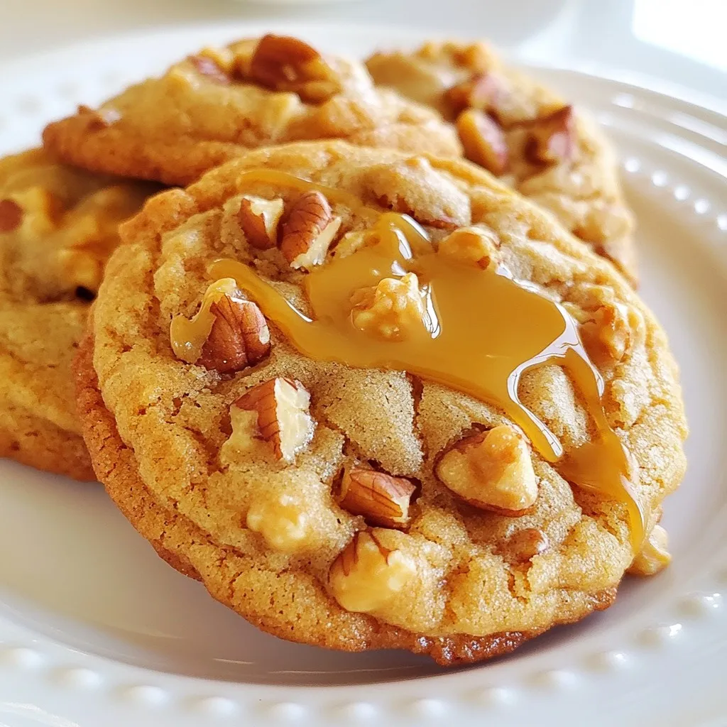 To make butterscotch pecan cookies, gather these items: - 1 cup unsalted butter, softened to room temperature - 1 cup packed brown sugar - 1/2 cup granulated sugar - 2 large eggs, at room temperature - 1 teaspoon pure vanilla extract - 2 1/2 cups all-purpose flour - 1 teaspoon baking soda - 1/2 teaspoon fine sea salt - 1 cup butterscotch chips - 1 cup pecans, roughly chopped These ingredients are simple and easy to find. The butter and sugars create a rich base. The eggs add moisture and help bind the dough. If you need to swap some ingredients, here are a few ideas: - Butter: You can use margarine or coconut oil. - Brown Sugar: White sugar mixed with molasses works well. - Pecans: Try walnuts or almonds instead. - Eggs: Use flaxseed meal mixed with water as a vegan option. These changes can work without losing the cookie's charm. Want to mix things up? Consider these fun add-ins: - Chocolate Chips: Dark or milk chocolate can add a nice twist. - Dried Fruit: Chopped dates or cranberries can add a chewy texture. - Spices: A pinch of cinnamon or nutmeg can enhance the flavor. Feel free to get creative with your cookies. Each add-in can change the taste and make your treat unique. {{ingredient_image_2}} First, preheat your oven to 350°F (175°C). This ensures the cookies bake evenly. Next, line two baking sheets with parchment paper. This step helps the cookies not to stick. In a large bowl, beat together 1 cup of softened butter, 1 cup of packed brown sugar, and 1/2 cup of granulated sugar. Use a hand mixer or a stand mixer. Mix on medium speed for about 2-3 minutes until the mix is light and fluffy. Add two large eggs, one at a time. Mix well after each egg. Then, pour in 1 teaspoon of pure vanilla extract. Stir just until combined. In another bowl, whisk together 2 1/2 cups of all-purpose flour, 1 teaspoon of baking soda, and 1/2 teaspoon of fine sea salt. Gradually add the dry mix to the wet ingredients. Mix on low speed or fold in with a spatula. Don’t overmix! This keeps the cookies nice and tender. Finally, gently fold in 1 cup of butterscotch chips and 1 cup of roughly chopped pecans. Make sure they are evenly spread in the dough. Using a cookie scoop or a rounded tablespoon, drop mounds of dough onto your baking sheets. Leave at least 2 inches between each mound. This space allows the cookies to spread as they bake. Bake in your preheated oven for 10-12 minutes. The edges should be golden brown, while the centers look slightly underbaked. This will give you that chewy texture everyone loves. When the cookies are done, carefully take the baking sheets out of the oven. Let them cool on the sheets for about 5 minutes. After that, use a spatula to transfer the cookies to wire racks. Let them cool completely on the racks. For storage, keep the cookies in an airtight container. They stay fresh for several days. If you want to enjoy them later, freezing is a great option! To get soft and chewy cookies, use room temperature butter. This helps create a creamy mix. Don't overmix the dough; stop when you see no flour. This keeps your cookies tender. Baking for 10-12 minutes gives a nice golden edge and a soft center. The cookies will firm up as they cool, so don't bake too long. Here’s what you need for easy baking: - Mixing bowls: Use a large bowl for mixing dough. - Hand mixer or stand mixer: It makes mixing ingredients quick. - Cookie scoop: This ensures uniform cookie sizes. - Parchment paper: Line your baking sheets to prevent sticking. - Wire racks: These help cookies cool evenly. Watch out for these common errors: - Using cold butter: It leads to tough cookies. Always soften it first. - Skipping the cooling step: Let cookies cool a bit on the sheets. This helps them set. - Overbaking: Keep an eye on the time. Slightly underbaked cookies stay chewy. - Not measuring flour correctly: Use the scoop and level method for accuracy. Too much flour makes cookies dry. Pro Tips Use Room Temperature Ingredients: Make sure your butter and eggs are at room temperature for better incorporation and a smoother dough. Don’t Overmix: Mix the dough just until the flour is incorporated to ensure your cookies stay soft and tender. Chill the Dough: For thicker cookies, refrigerate the dough for 30 minutes before baking to prevent excessive spreading. Check Doneness Carefully: Since cookies continue to bake on the sheet after being removed from the oven, take them out when the edges are golden and the centers look slightly underbaked. {{image_4}} You can change the nuts in butterscotch pecan cookies. Try walnuts or almonds for a new taste. Each nut adds its own flavor and crunch. If you prefer no nuts, just skip them. Your cookies will still be soft and delicious! If you want to cut down on sugar, you can use substitutes. Coconut sugar works well and gives a caramel flavor. You could also try maple syrup or honey. Just keep in mind that these liquids may change the texture. You might need to adjust the flour to keep the dough thick. Adding different flavors can make your cookies unique. For a hint of spice, mix in some cinnamon or nutmeg. You can also add chocolate chips for an extra treat. If you're feeling adventurous, try a splash of orange or almond extract. These small changes can make your cookies even more special! To keep your butterscotch pecan cookies fresh, store them in an airtight container. This helps keep moisture in and prevents them from getting hard. Layer parchment paper between cookies to stop them from sticking together. You can place them in a cool, dry spot, or in the fridge for extra freshness. You can freeze these cookies for later enjoyment! First, let the cookies cool completely. Then, place them in a single layer on a baking sheet. Freeze for about an hour. Once frozen, transfer them to a freezer bag. Remove as much air as you can before sealing. They can stay fresh in the freezer for up to three months. When stored correctly, butterscotch pecan cookies can last about one week at room temperature. If you keep them in the fridge, they can last up to two weeks. Freezing them extends their life, letting you enjoy them anytime you want! Yes, you can use margarine. It works well in place of butter. The cookies may taste slightly different. Margarine can change the texture a bit, too. If you choose margarine, use the same amount as butter. To stop cookies from spreading, chill the dough before baking. Place the dough in the fridge for 30 minutes. This helps the fat firm up. Also, use parchment paper to line your baking sheets. Make sure to space the dough mounds at least 2 inches apart. If you have leftover dough, wrap it tightly in plastic wrap. Then, place it in the fridge for up to a week. You can also freeze the dough for up to three months. When ready to bake, thaw it in the fridge overnight before using. In this article, we covered key steps to make delicious cookies. We explored ingredient choices, including substitutions and add-ins. I provided easy instructions for preparing, baking, and storing cookies. You gained tips for texture, tools, and avoiding mistakes. We also looked at fun variations and proper storage methods. Now, you can confidently bake mouthwatering cookies that everyone will enjoy. Happy baking!