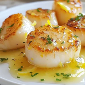To make lemon butter scallops, you need these key items: - 1 lb sea scallops, cleaned and thoroughly patted dry - 4 tablespoons unsalted butter, divided - 2 tablespoons extra virgin olive oil - 2 cloves garlic, finely minced - Zest of 1 fresh lemon - 3 tablespoons freshly squeezed lemon juice - Sea salt and freshly cracked black pepper to taste - Fresh parsley, finely chopped for garnish These ingredients work together to create a bright and flavorful dish. If you can't find some ingredients, here are good swaps: - Sea scallops: Try bay scallops for a smaller bite. - Unsalted butter: Use salted butter but cut back on added salt. - Extra virgin olive oil: Can be replaced with grapeseed or avocado oil. - Garlic: Garlic powder works in a pinch. - Lemon juice: Bottled lemon juice can substitute fresh juice. - Fresh parsley: Use chives or basil for a different flavor. These substitutions will still give you a tasty dish. Using high-quality ingredients is key in this recipe. - Fresh scallops: They should smell like the sea, not fishy. Freshness ensures better flavor and texture. - Real butter: Unsalted butter provides a rich base for the sauce. It enhances the dish without overpowering it. - Fresh herbs: Fresh parsley adds brightness. Dried herbs lack the same flavor profile. When you use quality ingredients, you elevate the dish to a new level. You will taste the difference! {{ingredient_image_2}} Start by drying the scallops. Use paper towels to gently pat them dry. This step is key. Removing moisture helps create a nice, crisp crust when you cook them. Next, season both sides of each scallop with sea salt and freshly cracked black pepper. This simple seasoning boosts the flavor of the scallops. Heat a large skillet on medium-high heat. Add 2 tablespoons of olive oil and 2 tablespoons of unsalted butter. Wait until the butter melts and bubbles. This means it’s hot enough to cook. Carefully place the scallops in the skillet. Don’t overcrowd the pan; this helps them sear well. Let them cook without moving for about 2-3 minutes. You want to see a rich golden crust on each scallop. Then, using tongs, gently flip each scallop. Now, add 2 cloves of minced garlic to the pan. Cook for another 2-3 minutes until the scallops turn opaque and feel tender. Lower the heat to a gentle simmer. Add lemon zest, lemon juice, and the remaining butter. Stir well to mix these flavors. The butter will melt and coat the scallops in a rich, tasty sauce. Once everything is combined, lift the skillet off the heat. To make your dish pop, sprinkle finely chopped parsley over the scallops. This adds a fresh look and taste. For an extra touch, serve the scallops on a bed of sautéed spinach. You can also add fresh lemon wedges on the side. Drizzle the lemon butter sauce over the scallops right before serving for a beautiful finish. Enjoy your meal! To get a nice crust on your scallops, keep them dry. After cleaning, pat them well with paper towels. The dry surface helps them sear better. Use a hot skillet with oil and butter. This combination gives flavor and a perfect sear. Don’t overcrowd the pan; give them space. Cook them without moving for the best results. Timing is key when cooking scallops. They cook quickly, usually in 4 to 6 minutes total. Sear them for about 2-3 minutes on each side. Look for a golden brown color on the first side before flipping. When they turn opaque, they are ready. Overcooking makes them tough, so watch closely. To boost flavor, use fresh ingredients. The zest and juice of a lemon brighten the dish. Garlic adds a nice depth, so don’t skip it. For extra herbs, try fresh parsley or thyme. You can also sprinkle some red pepper flakes for heat. These simple tips will make your lemon butter sauce sing! Pro Tips Pat Dry for Perfect Searing: Always ensure your scallops are thoroughly dried before cooking. This helps achieve a beautiful golden crust when searing. Don’t Overcrowd the Pan: Cook scallops in batches if necessary. Overcrowding can lower the pan temperature and prevent proper searing. Use Fresh Ingredients: Fresh lemon juice and zest will enhance the flavor of the dish significantly. Always opt for fresh when possible. Garnish for Color and Flavor: A sprinkle of fresh parsley not only adds a pop of color but also brightens the overall flavor of the dish. {{image_4}} You can change the taste of lemon butter scallops by adding herbs or spices. Try fresh thyme or dill for a nice twist. These herbs add a lovely aroma and flavor. You can also use a pinch of red pepper flakes for a touch of heat. Just remember, start small. You can always add more if needed. Scallops pair well with many sides. Serve them with sautéed spinach for a healthy option. You can also try creamy risotto or fluffy mashed potatoes. Both add a nice contrast to the scallops. For a fresh touch, add a simple salad with lemon vinaigrette. This adds brightness and balances the richness of the dish. If you want to try something new, cook scallops on the grill or bake them. Grilling gives scallops a smoky flavor. Just preheat your grill and cook them for about 2-3 minutes on each side. Baking is another easy option. Place the scallops in a baking dish with lemon butter and bake at 400°F for 10-12 minutes. Both methods still keep the scallops tender and flavorful. To store leftover scallops, cool them down first. Place them in an airtight container. Make sure to cover them tightly. Store in the fridge for up to two days. If they smell off, do not eat them. Always trust your nose. When you reheat scallops, do it gently. Heat a skillet on low. Add a tiny bit of butter or oil. Place scallops in the pan. Warm them for about 2-3 minutes. Avoid high heat; that can overcook them. You want them warm, not tough. To freeze scallops, first, make sure they are fresh. Pat them dry and place them in a single layer on a baking sheet. Put the baking sheet in the freezer for about an hour. Once frozen, transfer scallops to a freezer bag. Remove as much air as possible. They can stay in the freezer for up to three months. When ready to cook, thaw them in the fridge overnight. The best scallops to use are sea scallops. These scallops are larger and meatier than bay scallops. They offer a sweet taste and a firm texture. Look for fresh, plump scallops with a clean scent. If you can, buy them from a trusted fishmonger. Frozen scallops can work too, but defrost them properly before cooking. Scallops cook quickly, usually in about 4 to 6 minutes. When you sear them, cook for 2 to 3 minutes on each side. You want them to turn golden brown. They are done when they become opaque and firm to the touch. Overcooking can make them tough, so watch them closely. You can prep some parts in advance, but cook the scallops just before serving. You can clean and dry the scallops ahead of time. You can also chop garlic and parsley in advance. However, scallops taste best fresh. Cooking them right before serving keeps them tender and flavorful. We covered the key ingredients for cooking scallops, from quality to substitutes. The step-by-step instructions ensure you prepare and cook them perfectly. We shared tips for searing and timing, plus variations to keep things fresh. Finally, we discussed how to store and reheat your scallops. Remember, cooking can be simple and fun. With these tools, you can enjoy great meals with scallops at home. Trust yourself to try new flavors and techniques! Happy cooking!