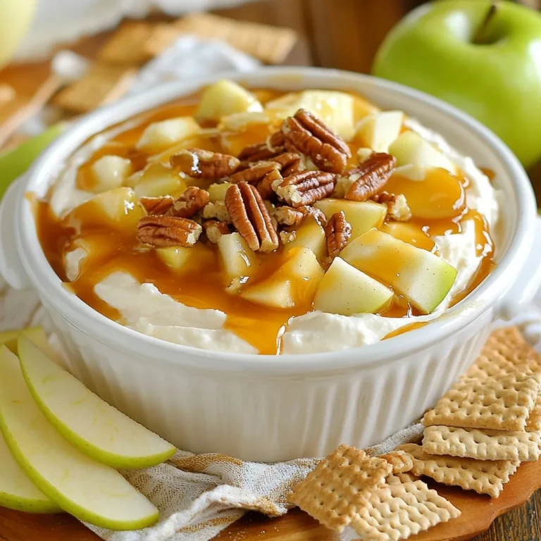 - 8 oz cream cheese, softened - 1 cup powdered sugar - 1/2 cup brown sugar - 1 teaspoon vanilla extract - 1/2 cup sour cream - 1 teaspoon ground cinnamon - 1 cup finely diced apples - 1/2 cup caramel sauce - 1/2 cup chopped pecans (optional) - Suggested serving items: apple slices and graham crackers The key to this dip is the blend of sweet and creamy flavors. I always start with cream cheese. It gives the dip a rich base. Make sure the cream cheese is softened. This helps it mix well. Next, I add powdered sugar and brown sugar. This mix adds sweetness and a hint of molasses flavor. Don’t forget the vanilla extract. It adds a nice touch of warmth. The sour cream gives a bit of tang, balancing the sweetness. I also add ground cinnamon. It adds a warm spice that makes everything better. Apples are a must. I like using Granny Smith or Honeycrisp for their crunch. The caramel sauce brings it all together. Drizzle it on top for a sweet finish. If you want some crunch, sprinkle chopped pecans on top. For serving, I suggest fresh apple slices and graham crackers. They are perfect for dipping into this tasty treat. This dip is fun and easy to make, and it always impresses guests! {{ingredient_image_2}} - First, take 8 oz of softened cream cheese. - Use a hand mixer to beat the cream cheese until smooth. - Gradually sift in 1 cup of powdered sugar. - Add 1/2 cup of packed brown sugar. - Mix on low speed until both sugars blend well. - Now, add 1 teaspoon of vanilla extract. - Next, pour in 1/2 cup of sour cream. - Beat the mixture on medium speed until creamy. - Sprinkle in 1 teaspoon of ground cinnamon. - Mix again on low speed until the cinnamon is even. - Gently fold in 1 cup of finely diced apples. - Spoon the cream cheese mixture into a serving dish. - Smooth the top with a spatula for a nice finish. - Drizzle 1/2 cup of caramel sauce over the dip. - Let the caramel cascade down the sides for looks. - Optionally, sprinkle 1/2 cup of chopped pecans on top. To make your dip super creamy, start with room temperature cream cheese. Cold cream cheese won't blend well. When you mix in the sugars, keep your mixer on low speed. This helps avoid a sugar cloud in your kitchen. For a stunning look, choose a clear bowl. It lets everyone see the yummy layers. Top the dip with fresh apple slices or a sprinkle of cinnamon. This adds extra color and flavor! This dip pairs well with a variety of fruits and crackers. You can serve it with juicy apple slices or crunchy graham crackers. It also works great on a dessert platter with other sweet treats. Everyone will love customizing their own bites! Pro Tips Use Room Temperature Cream Cheese: Make sure your cream cheese is at room temperature to ensure a smooth and creamy dip without lumps. Choose the Right Apples: For a perfect balance of sweetness and tartness, opt for Granny Smith or Honeycrisp apples in your dip. Customize with Toppings: Feel free to experiment with toppings like crushed pretzels or chocolate drizzle for added flavor and texture. Chill Before Serving: Let the dip chill in the refrigerator for about 30 minutes before serving to allow the flavors to meld together. {{image_4}} You can swap out sugar for honey or maple syrup. Both add a rich flavor. Honey gives a floral note, while maple syrup offers a warm taste. Just use less of these sweeteners than sugar. Start with half the amount and taste. Adjust as needed to reach your desired sweetness. Feel free to get creative with flavor. You can add chocolate chips for a sweet twist. Dark chocolate adds a nice contrast to the dip. Dried fruits like raisins or cranberries also work well. They offer extra sweetness and texture. Mix in a handful for added flavor. If you want a nut-free dip, swap pecans for sunflower seeds. Sunflower seeds give a nice crunch without nuts. They also add a bit of earthiness to the dip. Just chop them coarsely and sprinkle on top. This keeps your dish safe for those with nut allergies. To keep your Caramel Apple Cheesecake Dip fresh, refrigerate it in an airtight container. This prevents air from getting in and keeps the dip creamy. You should enjoy this dip within 3 days of making it. After that, the flavors can change, and the dip might not taste as good. Reheating is not recommended for this dip. It tastes best when served cold. Enjoy it straight from the fridge with fresh apple slices or graham crackers for dipping! Yes, it can be prepared a few hours in advance. This dip tastes great when chilled. Just cover it tightly and store it in the fridge. When you’re ready to serve, take it out and add the caramel sauce on top. This helps keep it fresh and delicious. You can use Greek yogurt or mascarpone as alternatives. Greek yogurt gives a tangy flavor and a creamy texture. Mascarpone is rich and smooth, adding a nice touch. Both options keep the dip tasty and enjoyable. Yes, you can make it vegan. Use vegan cream cheese and plant-based sour cream. These swaps allow everyone to enjoy the dip without dairy. The flavor remains rich and creamy, making it a hit at any gathering. You learned how to make a delicious Caramel Apple Cheesecake Dip. We discussed the right ingredients, simple steps, and helpful tips. Remember to store it well for the best taste. You can even customize it with different flavors or sweeteners. This dip is perfect for parties or snacking. Enjoy making it for friends and family—they will love it!