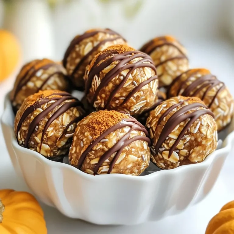 Creating Pumpkin Spice Energy Bites is simple with these wholesome ingredients. Each one adds flavor and nutrition. - 1 cup rolled oats - 1/2 cup pumpkin puree - 1/2 cup nut butter (choose between almond or peanut) - 1/4 cup honey or maple syrup - 1 tsp pumpkin pie spice - 1/2 tsp vanilla extract - 1/4 cup chia seeds - 1/4 cup chopped nuts (such as walnuts or pecans) - 1/4 cup dark chocolate chips (optional) Rolled oats give a hearty base. Pumpkin puree offers moisture and a rich flavor. Nut butter adds creaminess and protein. Honey or maple syrup brings sweetness. Pumpkin pie spice infuses that classic fall taste. Vanilla extract enhances all the flavors. Chia seeds boost nutrition and texture. Chopped nuts add crunch. Dark chocolate chips, though optional, provide a delightful treat. Using these ingredients, you will create a healthy snack full of energy. Enjoy making and sharing these bites! {{ingredient_image_2}} First, grab a large mixing bowl. Add 1 cup of rolled oats, 1/2 cup of pumpkin puree, 1/2 cup of nut butter, and 1/4 cup of honey or maple syrup. Use a spatula or spoon to mix these ingredients together. You want them to blend well. When they are mixed, they should form a smooth, cohesive blend. This step sets the base for your energy bites. Next, it’s time to make these bites tasty. Add 1 teaspoon of pumpkin pie spice and 1/2 teaspoon of vanilla extract. Stir well until the spice and vanilla are evenly mixed in. This will give your bites that wonderful fall flavor. You’ll want every bite to burst with that pumpkin spice goodness. Now, we add some fun textures. Toss in 1/4 cup of chia seeds, 1/4 cup of chopped nuts (like walnuts or pecans), and 1/4 cup of dark chocolate chips if you want. Mix everything thoroughly. Make sure all the ingredients are well combined. This will ensure that each bite has a nice mix of flavors and textures. With your mixture ready, it’s time to shape the bites. Use a tablespoon or your hands to scoop out portions of the mixture. Roll them into small balls about 1 inch in diameter. Make sure they are uniform in size. This helps them cook evenly and look nice. Place the rolled balls on a parchment-lined baking sheet. After shaping all the bites, it’s time to chill them. Refrigerate the energy bites for at least 30 minutes. This step is important. Chilling helps them firm up, making them easier to enjoy later. Once chilled, your Pumpkin Spice Energy Bites are ready to be savored! Enjoy them as a tasty snack or a quick energy boost. To make your Pumpkin Spice Energy Bites look great, serve them in a decorative bowl. This adds a nice touch to your snack table. If you want to gift them, package them in small jars. Add ribbons or cute labels for a personal feel. For extra appeal, sprinkle a bit of pumpkin pie spice on top. It makes them look and smell even better! If you want creamier bites, adjust the nut butter. Almond butter makes a smooth texture, while peanut butter adds a richer taste. You can also try adding ingredients like dried fruits or seeds. These add flavor and fun textures. Chopped dried apricots or cranberries work well. They give a sweet burst in every bite! These energy bites are not just tasty; they are good for you too! Here are some nutritional highlights: - Rolled oats provide fiber for digestion. - Pumpkin puree is rich in vitamins A and C. - Chia seeds offer omega-3 fatty acids. - Nuts add protein and healthy fats. Pumpkin spice is nutritious too. It contains ginger, cinnamon, and nutmeg. These spices help with digestion and can even boost your mood. So, enjoy these bites knowing you are fueling your body well! Pro Tips Use Fresh Pumpkin Puree: For the best flavor, consider using homemade pumpkin puree instead of canned. Simply roast fresh pumpkin and blend until smooth. Experiment with Nut Butters: Don't hesitate to try different nut butters like cashew or sunflower seed butter for a unique taste and texture. Chill for Better Texture: Chilling the energy bites not only helps them firm up but also enhances the flavor as the ingredients meld together. Add Protein Powder: For an extra boost, mix in a scoop of your favorite protein powder to make these bites even more energizing. {{image_4}} For those with gluten issues, you can easily make Pumpkin Spice Energy Bites gluten-free. Just choose certified gluten-free rolled oats. This simple swap keeps the bites safe for everyone. If you need nut-free options, replace nut butter with sunflower seed butter. This keeps the rich taste while avoiding nuts. You can also skip the chopped nuts or use seeds instead. Chia seeds add crunch without nuts. Want to mix it up? Adding different spices can change the flavor. Consider cinnamon, cardamom, or ginger for a fun twist. Each spice brings its unique taste, making your bites exciting. You can also incorporate dried fruits. Dried cranberries or raisins add sweetness and chewiness. Chop them finely to blend well into the bites. This adds more nutrition and flavor to each bite. Not a fan of the sweetness level? You can tailor it with different syrups. Try agave syrup or brown rice syrup instead of honey or maple syrup. These options can change the taste while keeping it sweet. Using natural sweeteners like mashed bananas or applesauce is another great choice. These add moisture and flavor without refined sugar. Adjust the amount based on your taste preference. Store your Pumpkin Spice Energy Bites in airtight containers. This keeps them fresh and safe from air. You can choose to refrigerate or freeze them. Refrigeration is great for shorter storage. If you want to keep them longer, freezing is best. In the refrigerator, these energy bites last about one week. In the freezer, they can stay fresh for up to three months. Label your containers with dates to track their freshness. To prevent stickiness, make sure bites are cool before storing. Use parchment paper between layers if stacking in a container. This keeps them separate and easy to grab. Enjoy your snacks knowing they stay delicious for days! To make these bites vegan, I suggest using maple syrup instead of honey. Maple syrup adds a sweet touch without any animal products. You can also choose almond butter or peanut butter, both of which are vegan-friendly. Pumpkin puree is packed with nutrients. It is low in calories but high in fiber, which is great for digestion. It also contains vitamins A, C, and E, which help boost your immune system. Plus, pumpkin has antioxidants that fight free radicals in the body. Yes, you can use quick oats, but the texture may change. Rolled oats give a chewier bite, while quick oats will make the bites softer. If you prefer a smoother texture, quick oats are a good choice. Just remember, they may not hold together quite as well. These energy bites last about one week in the fridge. To keep them fresh, store them in an airtight container. If you want to keep them longer, consider freezing them. They can last up to three months in the freezer. Absolutely! These energy bites are great for kids. They combine healthy ingredients like oats, pumpkin, and nut butter. Each bite offers energy and nutrition without added sugar. They make a perfect snack for school or after playtime! You now have all the tools to make delicious Pumpkin Spice Energy Bites. We covered choosing the right ingredients, mixing them, and storing your treats. Remember, you can adjust flavors and sweetness to fit your taste. These bites are healthy and great for snacks or gifts. Enjoy experimenting with different variations and sharing them with friends and family. Try these energy bites today and see how easy they are to make!