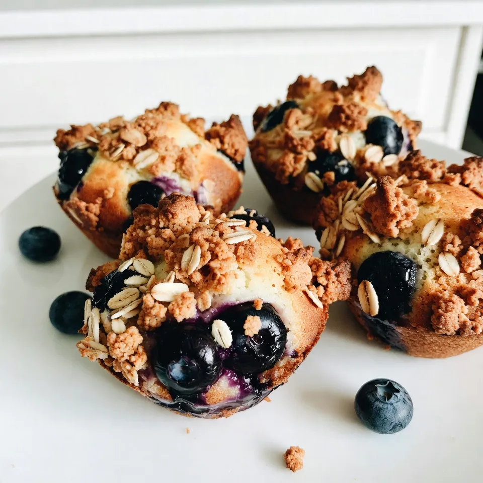 - 2 cups all-purpose flour - 1 cup granulated sugar - 1 tablespoon baking powder - 1/2 teaspoon salt - 1/2 teaspoon ground cinnamon - 1/2 cup unsalted butter, melted and slightly cooled - 1 large egg, at room temperature - 1 teaspoon vanilla extract - 1 cup buttermilk, at room temperature - 1 1/2 cups fresh or frozen blueberries (do not thaw) - 1/2 cup rolled oats - 1/4 cup all-purpose flour - 1/4 cup light brown sugar, packed - 1/4 teaspoon ground cinnamon - 3 tablespoons unsalted butter, melted Gather these ingredients before you start. Each part plays a role in making your muffins tasty and fluffy. The all-purpose flour gives the muffins structure. Sugar adds sweetness, while baking powder helps them rise. Salt and cinnamon boost flavor and balance the sweetness. For the wet ingredients, melted butter adds richness. The egg binds everything together, and vanilla brings a warm taste. Buttermilk adds moisture and a slight tang. Blueberries are the star of this recipe. They burst with flavor in each bite. The crumble topping adds crunch. Rolled oats, brown sugar, and butter create a delicious, crumbly layer. {{ingredient_image_2}} - Preheat the oven to 375°F (190°C). - Line a 12-cup muffin tin with paper liners. This helps with easy serving and cleanup. - In a large bowl, mix 2 cups of all-purpose flour, 1 cup of granulated sugar, 1 tablespoon of baking powder, 1/2 teaspoon of salt, and 1/2 teaspoon of ground cinnamon. Whisk until everything is well combined. - In a separate bowl, whisk together 1/2 cup of melted, slightly cooled unsalted butter, 1 large egg, 1 teaspoon of vanilla extract, and 1 cup of buttermilk. Make sure it’s smooth. - Gently pour the wet mixture into the dry ingredients. Stir with a wooden spoon until just mixed. Do not overmix. This keeps the muffins light and fluffy. - Carefully fold in 1 1/2 cups of fresh blueberries. Make sure they are evenly spread without bursting them. - For the crumble topping, mix 1/2 cup of rolled oats, 1/4 cup of all-purpose flour, 1/4 cup of packed light brown sugar, and 1/4 teaspoon of ground cinnamon in a small bowl. Add 3 tablespoons of melted butter and combine until crumbly. - Fill each muffin cup about two-thirds full with the batter. Sprinkle the crumble topping over each muffin. - Bake in your preheated oven for 18-22 minutes. Check for doneness by inserting a toothpick into the center; it should come out clean or with a few moist crumbs. - Once done, let the muffins cool in the tin for about 5 minutes. Then, transfer them to a wire rack to cool completely. - Avoid overmixing: Mix the wet and dry ingredients just until combined. This helps keep your muffins light and fluffy. Overmixing can result in tough muffins. - How to fold blueberries: Gently add blueberries to the batter. Use a spatula and fold them in slowly. Be careful not to smash them, as you want whole berries in your muffins. - Adjusting crumble texture: To get a nice crumble, mix the oats, flour, brown sugar, and cinnamon in a bowl. Add melted butter and mix until it looks crumbly. If you want a chunkier topping, leave some larger pieces. - How to store leftover crumble: If you have leftover crumble, store it in an airtight container. Keep it in the fridge for up to a week. You can also freeze it for longer storage. - Ideal pairings: These muffins taste great with a side of yogurt or a drizzle of honey. You can also serve them warm with a cup of tea or coffee. - Presentation tips: For a lovely touch, dust the muffins with powdered sugar before serving. A sprinkle of fresh blueberries on top can also make them look even more appetizing. Pro Tips Use Room Temperature Ingredients: Ensuring your butter, egg, and buttermilk are at room temperature helps the batter mix more evenly, resulting in a lighter muffin. Don't Overmix: When combining wet and dry ingredients, mix just until combined. Overmixing can lead to tough muffins, so be gentle! Fresh or Frozen Blueberries: If using frozen blueberries, do not thaw them before adding to the batter. This helps prevent the batter from turning purple and keeps the muffins looking beautiful. Cool Before Serving: Allow the muffins to cool completely on a wire rack. This helps them set properly and enhances the flavor. {{image_4}} You can add fun flavors to your muffins. Try mixing in lemon zest for a fresh twist. Just a teaspoon brings brightness to each bite. Nuts or seeds also add a nice crunch. Chopped walnuts or sunflower seeds work great. These add texture and more flavor. If you want a change, use other fruits too. Raspberries make a tart muffin that many love. Use them just like blueberries. Strawberries are another sweet option. Chop them up and fold them in. They create a lovely, fruity taste. For those with dietary needs, you can make changes. To make gluten-free muffins, swap the flour for a gluten-free blend. Just check that it is 1:1 for easy measuring. If you want a vegan muffin, use flax eggs instead of regular eggs. Mix 1 tablespoon of flaxseed meal with 2.5 tablespoons of water. Let it sit for a few minutes to thicken. This way, everyone can enjoy these tasty muffins! Store your blueberry crumble muffins at room temperature. Place them in an airtight container. They will stay fresh for about two days. If your kitchen is warm, you might want to keep them in the fridge. The cold will help them last a bit longer. Freezing muffins is easy! Let them cool completely before you freeze them. Wrap each muffin in plastic wrap or foil. Then place them in a freezer bag. This helps keep them fresh. To thaw, take a muffin out and leave it at room temperature. You can also warm it in the microwave for a few seconds. Fresh blueberry muffins taste best within three days. After that, they may dry out. If you freeze them, they can last up to three months. Look for signs of spoilage, like mold or an off smell. If you see or smell something strange, it’s best to throw it away. Yes, you can use frozen blueberries. Just remember not to thaw them. Frozen berries keep their shape better in the muffins. They also add a nice coolness when you bite in. You can check if the muffins are done by inserting a toothpick. If it comes out clean or with a few moist crumbs, they are ready. Usually, the muffins bake for 18 to 22 minutes. If you do not have buttermilk, you can make your own. Mix one cup of milk with one tablespoon of vinegar or lemon juice. Let it sit for 5 minutes, and it will thicken nicely. Blueberry muffins last about 2 to 3 days at room temperature. If you want them to stay fresh longer, keep them in the fridge for up to a week. Yes, you can make the batter ahead of time. Store it in the fridge for up to 2 days. Just give it a gentle stir before you fill the muffin cups. Blueberry muffins are easy and fun to make. We covered all the ingredients, from dry to wet, plus blueberries and crumble topping. I shared step-by-step instructions to guide you through. With tips on perfecting the muffins and fun variations to try, you'll enjoy baking. Remember to store them well for freshness. Now, you have the tools to bake the best blueberry muffins. Happy baking!