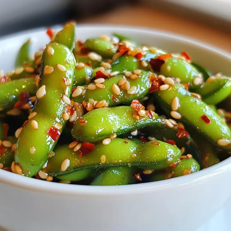 - 2 cups edamame in pods (fresh or frozen) - 1 tablespoon olive oil - 4 cloves garlic, finely minced - 1 teaspoon red pepper flakes - 2 tablespoons low-sodium soy sauce - 1 tablespoon toasted sesame oil - Sea salt to taste The main stars of this dish are edamame and garlic. Edamame brings a nice crunch and a healthy punch. Garlic gives an amazing aroma and flavor. The red pepper flakes add heat, while soy sauce provides umami. Toasted sesame oil adds depth, making each bite delightful. - 1 teaspoon toasted sesame seeds for garnish A sprinkle of toasted sesame seeds adds a nice crunch. They also look great on the table. You can also add a lime wedge for a zesty twist. - Use avocado oil instead of olive oil. - Swap red pepper flakes for chili powder for less heat. - Try tamari instead of soy sauce for a gluten-free option. If you run out of an ingredient, don’t worry. Many options work well. Avocado oil gives a similar flavor. Chili powder can tone down the spice. Tamari keeps the taste while being gluten-free. These swaps help make the dish your own! {{ingredient_image_2}} Start by cooking the edamame. If you have frozen edamame, bring a pot of water to a boil. Cook the edamame for about 4-5 minutes. They should be tender and bright green. If you are using fresh edamame, steam or boil them for the same time. Once cooked, drain the edamame and set them aside. Now, grab a large skillet and heat 1 tablespoon of olive oil over medium heat. When the oil is hot, add 4 cloves of finely minced garlic. Stir it for 1-2 minutes. Watch closely as the garlic cooks. You want it fragrant and slightly golden, not burnt. Burnt garlic tastes bitter, and we want to avoid that. Next, sprinkle in 1 teaspoon of red pepper flakes. Sauté for another 30 seconds. This step brings out the heat and flavor. Now, add the cooked edamame to the skillet. Toss them gently so that they are well-coated in the garlic oil. Drizzle 2 tablespoons of low-sodium soy sauce and 1 tablespoon of toasted sesame oil over the edamame. Toss again, cooking for 2-3 minutes. This lets the flavors blend well. Finally, season with sea salt to taste. If you like, you can sprinkle toasted sesame seeds on top for a nice crunch before serving. When choosing edamame, fresh is best if you can find it. Fresh edamame has a bright green color and a sweet taste. If fresh edamame is not an option, frozen works well too. Frozen edamame is often picked at peak ripeness, so it still tastes great. Just make sure to check the package for any added ingredients. Want to adjust the heat? Start with less red pepper flakes. You can always add more if you like it spicier. I suggest starting with half a teaspoon for a milder taste. You can also try adding other spices, like cayenne or a dash of hot sauce. Remember, you can control the spice, so make it your own! Garlic can burn quickly, so keep an eye on it. Sauté it over medium heat and stir constantly. If it starts to brown too fast, lower the heat. Burnt garlic can ruin the flavor of your dish. If you do burn it, it's best to start over. Fresh garlic makes a big difference in taste! Pro Tips Use Fresh Ingredients: Always opt for fresh garlic and high-quality edamame for the best flavor and texture in your dish. Adjust Spice Level: Feel free to modify the amount of red pepper flakes to suit your taste. Start with less if you're sensitive to heat. Experiment with Flavors: Try adding a splash of rice vinegar or a sprinkle of lime juice right before serving for an extra zing! Perfect Cooking Time: Avoid overcooking the edamame; they should be tender yet slightly firm to maintain a pleasant bite. {{image_4}} You can switch up the flavors in your Spicy Garlic Edamame. Try adding different spices. For a sweet twist, mix in a bit of honey or maple syrup. If you like Asian flavors, add a dash of rice vinegar. You can also use ginger for a fresh kick. Want to boost protein? Add cooked shrimp or chicken. Tofu is a great choice for a plant-based option. Just sauté them with the garlic, letting the flavor mix together. This adds heartiness to your snack. Serve your Spicy Garlic Edamame in a stylish bowl. Add a slice of lime for a fresh touch. This snack pairs well with drinks or as a party starter. You can also serve it alongside sushi or rice dishes for a fun meal. Store any leftover Spicy Garlic Edamame in an airtight container. Place it in the fridge. It will stay fresh for up to three days. Make sure it cools down before sealing the container. This helps keep the flavors intact. To reheat, use a skillet over medium heat. Add a splash of water to create steam. Heat for about 3-4 minutes until warm. You can also use a microwave. Place in a bowl, cover it, and heat for 1-2 minutes. Stir halfway through to heat evenly. If you want to freeze Spicy Garlic Edamame, place it in a freezer-safe bag. Remove as much air as possible. It will last for up to three months in the freezer. When ready to eat, thaw in the fridge overnight. Then, reheat as mentioned above. Enjoy your tasty snack anytime! Edamame is packed with nutrients. They are high in protein, fiber, and vitamins. Eating them can help with weight loss and muscle growth. They also have healthy fats, which are good for your heart. Edamame contains antioxidants that may reduce the risk of some diseases. Overall, they are a healthy snack choice. Yes, you can! If you want to skip soy sauce, use coconut aminos. This gives a similar flavor but is soy-free. You can also use vegetable broth for a different taste. Just adjust the amount of salt, as these options can be less salty. Cooking edamame takes about 4-5 minutes. If you use frozen edamame, boil them for the same time. Fresh edamame also cooks quickly, either by steaming or boiling. Once they are tender, they are ready to enjoy! You learned about making spicy garlic edamame, from choosing fresh beans to great spices. I shared tips for cooking and ways to store your dish. Remember to control the spice and avoid burnt garlic for the best taste. You can play with flavors and protein options for fun twists. I hope you try this simple, tasty recipe soon. Enjoy your cooking adventure!