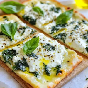To make the Three Cheese Spinach Flatbread, you need a few key items. Each ingredient plays a crucial role in creating the perfect blend of flavors. Here’s what you will need: - 1 pre-made flatbread (store-bought or homemade) - 1 cup fresh spinach, roughly chopped - 1/2 cup ricotta cheese, softened - 1/2 cup mozzarella cheese, freshly shredded - 1/4 cup feta cheese, crumbled - 2 tablespoons extra virgin olive oil - 2 cloves garlic, finely minced - 1 teaspoon dried oregano - Salt and freshly cracked black pepper to taste - Fresh basil leaves for garnish (optional) Using fresh spinach adds a nice crunch and bright flavor. Ricotta cheese gives a creamy base. The mozzarella melts beautifully while the feta adds a salty kick. Olive oil helps sauté the garlic and spinach, enhancing their flavors. Dried oregano brings a hint of earthiness. Lastly, salt and pepper round out the taste. Feel free to personalize this flatbread. You can add more veggies or other cheeses based on your taste. This dish is simple yet allows for creativity, making it fun to prepare! {{ingredient_image_2}} Set your oven to 425°F (220°C). This will get it nice and hot. If you want, line a baking sheet with parchment paper. This helps with cleanup later. In a medium skillet, heat two tablespoons of olive oil over medium heat. Once the oil is warm, add two minced garlic cloves. Sauté them for about one minute. You want them fragrant, not brown. Now, stir in one cup of roughly chopped spinach. Cook it for about two to three minutes. Season with salt, black pepper, and one teaspoon of dried oregano. When the spinach is wilted, remove the skillet from heat. Take your flatbread and spread half a cup of softened ricotta cheese on it. Leave about a half-inch border around the edges. Then, add the sautéed spinach and garlic mixture evenly on top of the ricotta. Next, sprinkle half a cup of freshly shredded mozzarella cheese over the spinach. After that, add a quarter cup of crumbled feta cheese. This layer adds a nice flavor punch. Carefully transfer the flatbread to the baking sheet. Place it in the oven and bake for about 10 to 12 minutes. Look for melted, bubbly cheese and golden edges to know it’s done. Once baked, take the flatbread out and let it cool for a couple of minutes. Slice it into wedges. If you like, garnish with fresh basil leaves. Enjoy your delicious creation! Using fresh ingredients is key for this dish. Fresh spinach adds brightness and flavor. Check your greens for any yellow leaves or wilting. Always choose high-quality cheese for the best taste. Sautéing spinach correctly is simple. Start with olive oil in a hot pan. Add minced garlic and cook for one minute. This step brings out the garlic's lovely aroma. Then add chopped spinach and stir. Cook until the spinach wilts, about two to three minutes. Don't overcook it; you want it tender but vibrant. Choosing the right cheeses makes a big difference. I recommend using whole milk ricotta for creaminess. Freshly shredded mozzarella melts well and gives a nice stretch. For a salty kick, use crumbled feta cheese. Baking time is also important. Bake your flatbread at 425°F for 10 to 12 minutes. Look for melted, bubbly cheese and golden edges. Keep an eye on it to prevent burning. Serving this dish can be fun and creative. Slice the flatbread into wedges and arrange them on a rustic wooden board. Drizzle some extra olive oil over the top for an added touch. For garnishing, fresh basil adds color and flavor. Simply toss a few leaves on top. You can also serve with a side of marinara sauce for dipping. Enjoy your delicious flatbread! Pro Tips Use Fresh Spinach: Fresh spinach will give you a vibrant color and better flavor compared to frozen spinach. Ensure it's well-washed and roughly chopped for even cooking. Cheese Variations: Feel free to experiment with different cheeses like goat cheese or provolone for a unique twist on the flavor profile. Perfect Baking: Keep an eye on the flatbread while baking. Ovens can vary, so check for a golden brown edge and bubbly cheese for the ideal texture. Garnishing Tips: Drizzling a little extra virgin olive oil or a balsamic reduction before serving can elevate the dish and add a touch of elegance. {{image_4}} You can change the cheeses in this flatbread for fun. Here are some tasty options: - Gouda: This cheese adds a smoky flavor. - Gruyère: It melts well and has a nutty taste. - Cheddar: A sharp option that gives a bold flavor. If you want dairy-free options, try these: - Cashew cheese: Great for a creamy texture. - Almond cheese: A good substitute with a mild taste. - Coconut milk cheese: Adds a fun twist with a hint of sweetness. You can swap out spinach for other greens or veggies. Here are some ideas: - Kale: A hearty green full of nutrients. - Swiss chard: It has a mild flavor and nice color. - Arugula: Adds a peppery taste that brightens the dish. For extra flavor, mix in: - Mushrooms: Sauté them with garlic for a savory boost. - Sun-dried tomatoes: They add a sweet and tangy kick. - Bell peppers: These bring a nice crunch and sweetness. These variations keep the dish new and exciting every time you make it! Store leftover flatbread in an airtight container. This keeps it fresh and tasty. You can also wrap it tightly in plastic wrap or foil. If you're using a container, choose one that fits the flatbread snugly. This helps prevent air from making it soggy. To reheat your flatbread, use the oven for best results. Preheat your oven to 350°F (175°C). Place the flatbread on a baking sheet and heat for about 10 minutes. This warms it up and keeps it crispy. You can also use a skillet. Heat it over medium heat for about 5 minutes. This method helps maintain the flatbread's texture. Enjoy your delicious flatbread warm! If you need a substitute for ricotta cheese, try cottage cheese. It has a similar texture. You can also use cream cheese, but it will be richer. If you want a lighter option, Greek yogurt works well too. Just strain it a bit to remove excess moisture. Yes, you can freeze Three Cheese Spinach Flatbread! First, let it cool completely. Then, wrap it well in plastic wrap or foil. Place it in an airtight container or freezer bag. It can last up to three months in the freezer. When cooking from frozen, preheat your oven to 425°F (220°C). Bake the flatbread for about 15-20 minutes. Keep an eye on it to ensure the cheese melts and the edges turn golden. Enjoy that crispy goodness! This blog post covered how to make a tasty Three Cheese Spinach Flatbread. You saw the key ingredients and the easy steps to prepare it. I shared tips for perfecting your flatbread, including how to store leftovers. Feel free to customize it with different cheeses or greens to suit your taste. Cooking can be fun and creative. I hope you try this recipe and make it your own! Enjoy your flavorful flatbread experience!