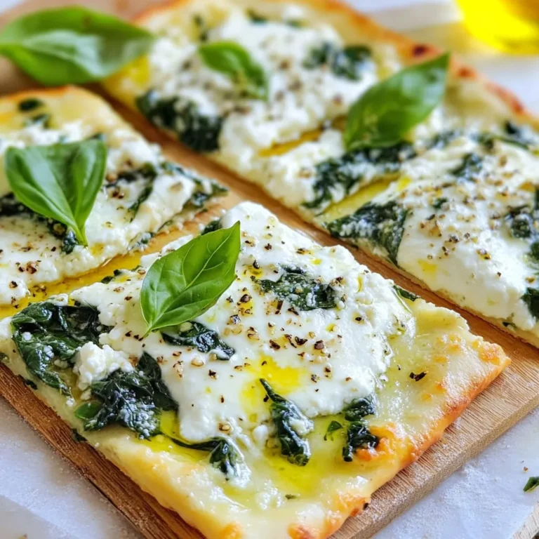 To make the Three Cheese Spinach Flatbread, you need a few key items. Each ingredient plays a crucial role in creating the perfect blend of flavors. Here’s what you will need: - 1 pre-made flatbread (store-bought or homemade) - 1 cup fresh spinach, roughly chopped - 1/2 cup ricotta cheese, softened - 1/2 cup mozzarella cheese, freshly shredded - 1/4 cup feta cheese, crumbled - 2 tablespoons extra virgin olive oil - 2 cloves garlic, finely minced - 1 teaspoon dried oregano - Salt and freshly cracked black pepper to taste - Fresh basil leaves for garnish (optional) Using fresh spinach adds a nice crunch and bright flavor. Ricotta cheese gives a creamy base. The mozzarella melts beautifully while the feta adds a salty kick. Olive oil helps sauté the garlic and spinach, enhancing their flavors. Dried oregano brings a hint of earthiness. Lastly, salt and pepper round out the taste. Feel free to personalize this flatbread. You can add more veggies or other cheeses based on your taste. This dish is simple yet allows for creativity, making it fun to prepare! {{ingredient_image_2}} Set your oven to 425°F (220°C). This will get it nice and hot. If you want, line a baking sheet with parchment paper. This helps with cleanup later. In a medium skillet, heat two tablespoons of olive oil over medium heat. Once the oil is warm, add two minced garlic cloves. Sauté them for about one minute. You want them fragrant, not brown. Now, stir in one cup of roughly chopped spinach. Cook it for about two to three minutes. Season with salt, black pepper, and one teaspoon of dried oregano. When the spinach is wilted, remove the skillet from heat. Take your flatbread and spread half a cup of softened ricotta cheese on it. Leave about a half-inch border around the edges. Then, add the sautéed spinach and garlic mixture evenly on top of the ricotta. Next, sprinkle half a cup of freshly shredded mozzarella cheese over the spinach. After that, add a quarter cup of crumbled feta cheese. This layer adds a nice flavor punch. Carefully transfer the flatbread to the baking sheet. Place it in the oven and bake for about 10 to 12 minutes. Look for melted, bubbly cheese and golden edges to know it’s done. Once baked, take the flatbread out and let it cool for a couple of minutes. Slice it into wedges. If you like, garnish with fresh basil leaves. Enjoy your delicious creation! Using fresh ingredients is key for this dish. Fresh spinach adds brightness and flavor. Check your greens for any yellow leaves or wilting. Always choose high-quality cheese for the best taste. Sautéing spinach correctly is simple. Start with olive oil in a hot pan. Add minced garlic and cook for one minute. This step brings out the garlic's lovely aroma. Then add chopped spinach and stir. Cook until the spinach wilts, about two to three minutes. Don't overcook it; you want it tender but vibrant. Choosing the right cheeses makes a big difference. I recommend using whole milk ricotta for creaminess. Freshly shredded mozzarella melts well and gives a nice stretch. For a salty kick, use crumbled feta cheese. Baking time is also important. Bake your flatbread at 425°F for 10 to 12 minutes. Look for melted, bubbly cheese and golden edges. Keep an eye on it to prevent burning. Serving this dish can be fun and creative. Slice the flatbread into wedges and arrange them on a rustic wooden board. Drizzle some extra olive oil over the top for an added touch. For garnishing, fresh basil adds color and flavor. Simply toss a few leaves on top. You can also serve with a side of marinara sauce for dipping. Enjoy your delicious flatbread! Pro Tips Use Fresh Spinach: Fresh spinach will give you a vibrant color and better flavor compared to frozen spinach. Ensure it's well-washed and roughly chopped for even cooking. Cheese Variations: Feel free to experiment with different cheeses like goat cheese or provolone for a unique twist on the flavor profile. Perfect Baking: Keep an eye on the flatbread while baking. Ovens can vary, so check for a golden brown edge and bubbly cheese for the ideal texture. Garnishing Tips: Drizzling a little extra virgin olive oil or a balsamic reduction before serving can elevate the dish and add a touch of elegance. {{image_4}} You can change the cheeses in this flatbread for fun. Here are some tasty options: - Gouda: This cheese adds a smoky flavor. - Gruyère: It melts well and has a nutty taste. - Cheddar: A sharp option that gives a bold flavor. If you want dairy-free options, try these: - Cashew cheese: Great for a creamy texture. - Almond cheese: A good substitute with a mild taste. - Coconut milk cheese: Adds a fun twist with a hint of sweetness. You can swap out spinach for other greens or veggies. Here are some ideas: - Kale: A hearty green full of nutrients. - Swiss chard: It has a mild flavor and nice color. - Arugula: Adds a peppery taste that brightens the dish. For extra flavor, mix in: - Mushrooms: Sauté them with garlic for a savory boost. - Sun-dried tomatoes: They add a sweet and tangy kick. - Bell peppers: These bring a nice crunch and sweetness. These variations keep the dish new and exciting every time you make it! Store leftover flatbread in an airtight container. This keeps it fresh and tasty. You can also wrap it tightly in plastic wrap or foil. If you're using a container, choose one that fits the flatbread snugly. This helps prevent air from making it soggy. To reheat your flatbread, use the oven for best results. Preheat your oven to 350°F (175°C). Place the flatbread on a baking sheet and heat for about 10 minutes. This warms it up and keeps it crispy. You can also use a skillet. Heat it over medium heat for about 5 minutes. This method helps maintain the flatbread's texture. Enjoy your delicious flatbread warm! If you need a substitute for ricotta cheese, try cottage cheese. It has a similar texture. You can also use cream cheese, but it will be richer. If you want a lighter option, Greek yogurt works well too. Just strain it a bit to remove excess moisture. Yes, you can freeze Three Cheese Spinach Flatbread! First, let it cool completely. Then, wrap it well in plastic wrap or foil. Place it in an airtight container or freezer bag. It can last up to three months in the freezer. When cooking from frozen, preheat your oven to 425°F (220°C). Bake the flatbread for about 15-20 minutes. Keep an eye on it to ensure the cheese melts and the edges turn golden. Enjoy that crispy goodness! This blog post covered how to make a tasty Three Cheese Spinach Flatbread. You saw the key ingredients and the easy steps to prepare it. I shared tips for perfecting your flatbread, including how to store leftovers. Feel free to customize it with different cheeses or greens to suit your taste. Cooking can be fun and creative. I hope you try this recipe and make it your own! Enjoy your flavorful flatbread experience!
