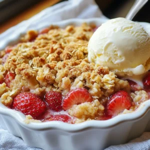 - 4 cups fresh strawberries, hulled and sliced - Juice and zest of 1 lemon - 2 tablespoons granulated sugar Fresh strawberries are the star here. Their sweet and juicy nature pairs perfectly with lemon's bright zing. The lemon juice and zest add a refreshing kick to the dish. The granulated sugar helps enhance the natural sweetness of the strawberries. - 1 cup all-purpose flour - 3/4 cup rolled oats - 1/2 cup brown sugar, packed - 1/2 teaspoon ground cinnamon - 1/4 teaspoon salt - 1/2 cup cold unsalted butter, cubed The dry ingredients create a delightful crumble topping. All-purpose flour gives it structure. Rolled oats add a nice texture and chew. Brown sugar brings a rich, caramel-like flavor. Ground cinnamon adds warmth, while salt balances the sweetness. Cold butter is key for a crumbly topping, so don't skip it! - Vanilla ice cream - Whipped cream Serving this crumble warm is a must. A scoop of creamy vanilla ice cream or a dollop of whipped cream makes it even better. For a final touch, consider adding a sprig of mint or a sprinkle of lemon zest. It looks beautiful and tastes great! {{ingredient_image_2}} Start by preheating your oven to 350°F (175°C). This step is key for even baking. Next, take a 9x9 inch baking dish. Grease it with a bit of butter or spray. This helps the crumble not stick. In a medium bowl, combine 4 cups of sliced strawberries with 2 tablespoons of granulated sugar. Add the juice and zest of 1 lemon. Mix gently to coat the strawberries. Let this sit for about 10 minutes. This helps the strawberries release their sweet juices, making them juicy and flavorful. In another bowl, whisk together 1 cup of all-purpose flour, 3/4 cup of rolled oats, 1/2 cup of packed brown sugar, 1/2 teaspoon of ground cinnamon, and 1/4 teaspoon of salt. Make sure there are no lumps. Now, add 1/2 cup of cold, cubed unsalted butter. Use a pastry cutter, fork, or your hands to mix until the mixture looks like coarse crumbs. You want some pea-sized pieces of butter to stay. This will give your topping a nice texture. Start by preparing your baking dish. Use a 9x9 inch dish and grease it lightly. You can use butter or cooking spray. Next, mix the strawberries in a bowl with sugar, lemon juice, and lemon zest. Toss gently to coat the strawberries well. Let this sit for about 10 minutes. This step helps the strawberries release their sweet juices. In another bowl, combine the dry ingredients. Whisk together flour, oats, brown sugar, cinnamon, and salt. Make sure there are no lumps. Now, add the cold butter cubes to the dry mix. Use a pastry cutter or your fingers to mix it in until you see coarse crumbs. These crumbs will form your lovely crumble topping. Pour the marinated strawberries into the prepared dish. Spread them evenly across the bottom. Now, take the crumble mixture and sprinkle it generously on top. Make sure every strawberry is covered for the best flavor. Preheat your oven to 350°F (175°C). Once ready, place the dish in the center of the oven. Bake for 30 to 35 minutes. You want the topping to turn a golden brown. You’ll also see the strawberries bubbling, which means they are cooked perfectly. After baking, remove the dish from the oven. Let it cool for about 10 minutes. This cooling time allows the juices to settle. Serve the warm crumble in individual bowls. For extra delight, top it with vanilla ice cream or whipped cream. A sprig of mint or a sprinkle of lemon zest adds a nice touch. Enjoy the blend of sweet and tart flavors! Pro Tips Use Ripe Strawberries: Select ripe, sweet strawberries for the best flavor in your crumble. Overripe strawberries can become mushy, while underripe ones may be too tart. Chill the Butter: Keep the butter cold before mixing it into the dry ingredients. This will help achieve a flaky, crisp crumble topping. Let It Rest: Allow the crumble to cool for about 10 minutes after baking. This will help the juices settle and make it easier to serve. Add Nuts for Crunch: For an extra layer of texture, consider adding chopped nuts like almonds or pecans to the crumble topping. {{image_4}} When you pick strawberries, look for bright red color. The berries should feel firm and plump. Avoid any with soft spots or white tips. Fresh strawberries taste sweet and juicy. Check for a pleasant smell, too. This shows they are ripe and ready to eat. If you can, buy them from a local farmer’s market. These berries are often fresher and tastier. To get a great crumble, use cold butter. Cut it into small cubes before mixing. Work it into the dry mix until it looks like coarse crumbs. Keep some butter pieces the size of peas. This gives you a nice texture when baked. Don’t overmix; you want a crumbly topping, not a dough. A sprinkle of cinnamon adds warmth and flavor, too. Serve the crumble warm for the best taste. A scoop of vanilla ice cream on top is a must. The creaminess balances the tartness of the strawberries. You can also use whipped cream if you prefer. For a fun pop of color, add a sprig of mint or some lemon zest. This makes your dessert look even more appealing! You can mix up the fruits in your crumble. Instead of strawberries, try using blueberries, raspberries, or peaches. Each fruit brings its own flavor. For a tropical twist, mango and pineapple work well too. Just remember to adjust the sugar based on the fruit's sweetness. This way, you keep everything balanced and delicious! To make your crumble gluten-free, swap the all-purpose flour for a gluten-free blend. Look for a mix that includes rice flour or almond flour. These options give a nice texture without gluten. Ensure that your oats are certified gluten-free as well. This way, everyone can enjoy this tasty dessert! You can easily adapt this recipe to be vegan. For the butter, use coconut oil or vegan butter. Instead of the sugar, try maple syrup or coconut sugar for sweetness. These swaps make the dessert plant-based, yet still creamy and tasty. Serve with vegan ice cream for a perfect finish! Yes, you can use frozen strawberries. Just remember to thaw them first. Drain any excess liquid before mixing. This helps keep the crumble from becoming soggy. I like to let them sit in a strainer while I prepare the rest of the dish. This way, you still get that fresh strawberry flavor. You can store leftover crumble for up to three days. Keep it in an airtight container in the fridge. When you are ready to eat, warm it in the oven. This brings back its crispy topping. You can also enjoy it cold if you like! If you need a substitute for brown sugar, try using white sugar with molasses. Mix 1 cup of white sugar with 1 tablespoon of molasses. You can also use coconut sugar or honey. Each option will slightly change the flavor, but they all work well. This blog post covers how to make a delicious strawberry lemon crumble. We discussed fresh and dry ingredients, plus fun serving ideas. The step-by-step guide shows you how to prepare, mix, and bake your dish. Tips help you choose the best strawberries and achieve the perfect crumble. Lastly, we explored variations for different tastes and answered common questions. Enjoy making this dish and sharing it with loved ones. You’ll find that cooking can be simple and fun!