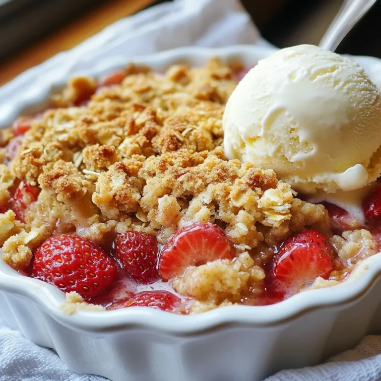 - 4 cups fresh strawberries, hulled and sliced - Juice and zest of 1 lemon - 2 tablespoons granulated sugar Fresh strawberries are the star here. Their sweet and juicy nature pairs perfectly with lemon's bright zing. The lemon juice and zest add a refreshing kick to the dish. The granulated sugar helps enhance the natural sweetness of the strawberries. - 1 cup all-purpose flour - 3/4 cup rolled oats - 1/2 cup brown sugar, packed - 1/2 teaspoon ground cinnamon - 1/4 teaspoon salt - 1/2 cup cold unsalted butter, cubed The dry ingredients create a delightful crumble topping. All-purpose flour gives it structure. Rolled oats add a nice texture and chew. Brown sugar brings a rich, caramel-like flavor. Ground cinnamon adds warmth, while salt balances the sweetness. Cold butter is key for a crumbly topping, so don't skip it! - Vanilla ice cream - Whipped cream Serving this crumble warm is a must. A scoop of creamy vanilla ice cream or a dollop of whipped cream makes it even better. For a final touch, consider adding a sprig of mint or a sprinkle of lemon zest. It looks beautiful and tastes great! {{ingredient_image_2}} Start by preheating your oven to 350°F (175°C). This step is key for even baking. Next, take a 9x9 inch baking dish. Grease it with a bit of butter or spray. This helps the crumble not stick. In a medium bowl, combine 4 cups of sliced strawberries with 2 tablespoons of granulated sugar. Add the juice and zest of 1 lemon. Mix gently to coat the strawberries. Let this sit for about 10 minutes. This helps the strawberries release their sweet juices, making them juicy and flavorful. In another bowl, whisk together 1 cup of all-purpose flour, 3/4 cup of rolled oats, 1/2 cup of packed brown sugar, 1/2 teaspoon of ground cinnamon, and 1/4 teaspoon of salt. Make sure there are no lumps. Now, add 1/2 cup of cold, cubed unsalted butter. Use a pastry cutter, fork, or your hands to mix until the mixture looks like coarse crumbs. You want some pea-sized pieces of butter to stay. This will give your topping a nice texture. Start by preparing your baking dish. Use a 9x9 inch dish and grease it lightly. You can use butter or cooking spray. Next, mix the strawberries in a bowl with sugar, lemon juice, and lemon zest. Toss gently to coat the strawberries well. Let this sit for about 10 minutes. This step helps the strawberries release their sweet juices. In another bowl, combine the dry ingredients. Whisk together flour, oats, brown sugar, cinnamon, and salt. Make sure there are no lumps. Now, add the cold butter cubes to the dry mix. Use a pastry cutter or your fingers to mix it in until you see coarse crumbs. These crumbs will form your lovely crumble topping. Pour the marinated strawberries into the prepared dish. Spread them evenly across the bottom. Now, take the crumble mixture and sprinkle it generously on top. Make sure every strawberry is covered for the best flavor. Preheat your oven to 350°F (175°C). Once ready, place the dish in the center of the oven. Bake for 30 to 35 minutes. You want the topping to turn a golden brown. You’ll also see the strawberries bubbling, which means they are cooked perfectly. After baking, remove the dish from the oven. Let it cool for about 10 minutes. This cooling time allows the juices to settle. Serve the warm crumble in individual bowls. For extra delight, top it with vanilla ice cream or whipped cream. A sprig of mint or a sprinkle of lemon zest adds a nice touch. Enjoy the blend of sweet and tart flavors! Pro Tips Use Ripe Strawberries: Select ripe, sweet strawberries for the best flavor in your crumble. Overripe strawberries can become mushy, while underripe ones may be too tart. Chill the Butter: Keep the butter cold before mixing it into the dry ingredients. This will help achieve a flaky, crisp crumble topping. Let It Rest: Allow the crumble to cool for about 10 minutes after baking. This will help the juices settle and make it easier to serve. Add Nuts for Crunch: For an extra layer of texture, consider adding chopped nuts like almonds or pecans to the crumble topping. {{image_4}} When you pick strawberries, look for bright red color. The berries should feel firm and plump. Avoid any with soft spots or white tips. Fresh strawberries taste sweet and juicy. Check for a pleasant smell, too. This shows they are ripe and ready to eat. If you can, buy them from a local farmer’s market. These berries are often fresher and tastier. To get a great crumble, use cold butter. Cut it into small cubes before mixing. Work it into the dry mix until it looks like coarse crumbs. Keep some butter pieces the size of peas. This gives you a nice texture when baked. Don’t overmix; you want a crumbly topping, not a dough. A sprinkle of cinnamon adds warmth and flavor, too. Serve the crumble warm for the best taste. A scoop of vanilla ice cream on top is a must. The creaminess balances the tartness of the strawberries. You can also use whipped cream if you prefer. For a fun pop of color, add a sprig of mint or some lemon zest. This makes your dessert look even more appealing! You can mix up the fruits in your crumble. Instead of strawberries, try using blueberries, raspberries, or peaches. Each fruit brings its own flavor. For a tropical twist, mango and pineapple work well too. Just remember to adjust the sugar based on the fruit's sweetness. This way, you keep everything balanced and delicious! To make your crumble gluten-free, swap the all-purpose flour for a gluten-free blend. Look for a mix that includes rice flour or almond flour. These options give a nice texture without gluten. Ensure that your oats are certified gluten-free as well. This way, everyone can enjoy this tasty dessert! You can easily adapt this recipe to be vegan. For the butter, use coconut oil or vegan butter. Instead of the sugar, try maple syrup or coconut sugar for sweetness. These swaps make the dessert plant-based, yet still creamy and tasty. Serve with vegan ice cream for a perfect finish! Yes, you can use frozen strawberries. Just remember to thaw them first. Drain any excess liquid before mixing. This helps keep the crumble from becoming soggy. I like to let them sit in a strainer while I prepare the rest of the dish. This way, you still get that fresh strawberry flavor. You can store leftover crumble for up to three days. Keep it in an airtight container in the fridge. When you are ready to eat, warm it in the oven. This brings back its crispy topping. You can also enjoy it cold if you like! If you need a substitute for brown sugar, try using white sugar with molasses. Mix 1 cup of white sugar with 1 tablespoon of molasses. You can also use coconut sugar or honey. Each option will slightly change the flavor, but they all work well. This blog post covers how to make a delicious strawberry lemon crumble. We discussed fresh and dry ingredients, plus fun serving ideas. The step-by-step guide shows you how to prepare, mix, and bake your dish. Tips help you choose the best strawberries and achieve the perfect crumble. Lastly, we explored variations for different tastes and answered common questions. Enjoy making this dish and sharing it with loved ones. You’ll find that cooking can be simple and fun!