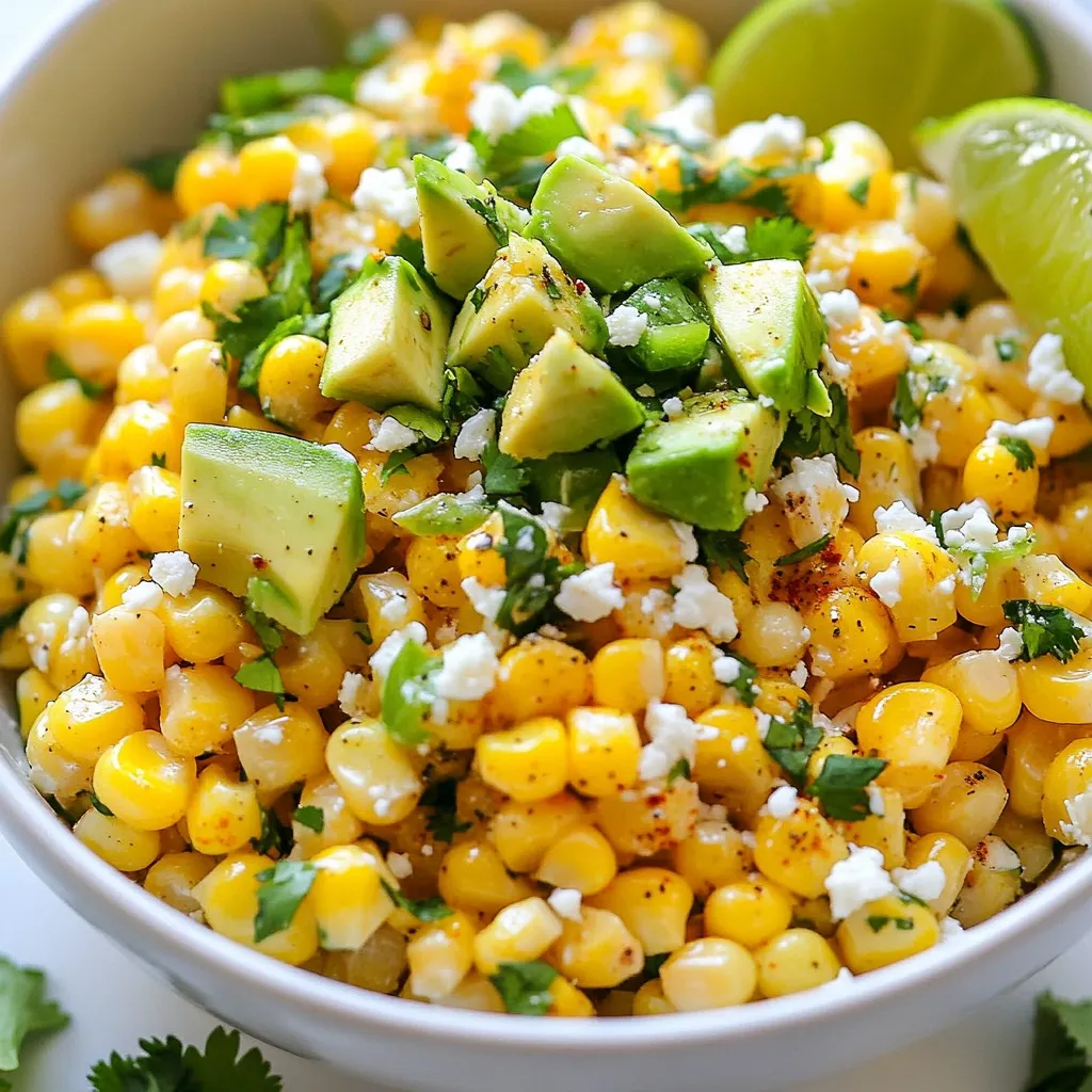 To make this tasty Mexican Street Corn Salad, gather these fresh ingredients: - 4 ears of fresh corn, husked and cleaned - 1/2 cup mayonnaise - 1/2 cup sour cream - 1 cup cotija cheese, crumbled (you can use feta cheese as a substitute) - 1/4 cup fresh cilantro, finely chopped - 1 jalapeño, finely diced (remove seeds for less heat) - 2 tablespoons fresh lime juice - 1 teaspoon chili powder - Salt and pepper to taste - 1 ripe avocado, diced (for topping) - Lime wedges (for serving) You might want to change a few ingredients based on what you have: - Use Greek yogurt instead of sour cream for a tangy twist. - Swap cotija cheese for feta if you can't find it. - For a vegan version, use plant-based mayo and yogurt. Get creative with toppings to make your salad shine: - Add more crumbled cotija cheese for extra flavor. - A sprinkle of chili powder gives a nice kick. - Fresh cilantro can add bright color and taste. - Sliced radishes or diced tomatoes can add crunch and freshness. These ingredients bring the vibrant flavors of Mexican street food to your table. Enjoy the process and feel free to tweak it to your liking! {{ingredient_image_2}} First, gather all your ingredients. You need fresh corn, mayonnaise, sour cream, and cotija cheese. Also, grab cilantro, a jalapeño, lime juice, chili powder, salt, and pepper. For a tasty finish, have an avocado and lime wedges ready. Make sure to finely chop the cilantro and dice the jalapeño. Removing the seeds from the jalapeño will help keep the heat mild. Now, preheat your grill or grill pan to medium-high heat. This step is key for even cooking. Place the husked corn directly on the hot grill. Grill each ear for about 10-12 minutes. Turn the corn every few minutes. You want to see a nice char on the kernels. Once done, take the corn off the grill and let it cool for a bit. Once the corn is cool, cut the kernels off the cobs. Place the kernels in a large mixing bowl. In another bowl, whisk together mayonnaise, sour cream, lime juice, chili powder, salt, and pepper until smooth. Pour this creamy dressing over the corn and gently fold in the cotija cheese, cilantro, and jalapeño. Mix well, so every kernel gets coated. Transfer the salad to a serving bowl and top it with diced avocado. Add extra cotija cheese or cilantro if you like. Serve with lime wedges for a zesty kick! Grilling corn gives it a smoky flavor. Preheat your grill to medium-high heat. Place the corn directly on the grill. Turn the corn every few minutes. Grill for about 10 to 12 minutes. Look for a nice char. This char adds depth to the salad. If you prefer, use a grill pan on the stovetop. To boost flavor, use fresh ingredients. Fresh lime juice brightens the dish. Add cilantro for a burst of freshness. For heat, include jalapeño, but remove the seeds for less spice. You can also sprinkle chili powder for extra warmth. If you love cheese, cotija adds a creamy, salty touch. Serve the salad in a colorful bowl. Top it with diced avocado for creaminess. Crumble more cotija cheese on top for a beautiful finish. A sprinkle of cilantro adds a nice pop of green. Serve lime wedges on the side for extra zest. This salad is as pleasing to the eye as it is to the palate. Pro Tips Grill for Flavor: Make sure to grill the corn until it’s nicely charred; this adds a smoky flavor that enhances the overall taste of the salad. Chill Your Ingredients: For a refreshing taste, chill the salad in the refrigerator for about 30 minutes before serving. Customize the Heat: Adjust the amount of jalapeño based on your spice preference. Removing the seeds will make it milder. Fresh Herbs Matter: Use fresh cilantro for the best flavor; dried herbs won't provide the same vibrant taste. {{image_4}} To make a spicy version of this salad, add more jalapeño. You can also mix in a dash of hot sauce. This gives the salad a nice kick. If you like it even hotter, try adding diced serrano peppers. The extra heat balances well with the creamy dressing. For a vegetarian or vegan option, substitute the mayonnaise and sour cream with cashew cream or vegan mayo. Use nutritional yeast for a cheesy flavor instead of cotija. This keeps the salad fresh and creamy without dairy. You still get that great taste and texture. In Mexico, some regions add different spices or herbs to the salad. For example, in some areas, they use fresh oregano. Others might include diced tomatoes or red onion for added flavor. These changes reflect local ingredients and tastes. Feel free to get creative and make it your own! To store leftovers, place the salad in an airtight container. This keeps the flavors fresh. Make sure to cover it well. Store it in the fridge for up to three days. If you notice the salad looks dry, add a bit of lime juice or sour cream. I recommend eating this salad cold for the best flavor. If you prefer it warm, heat it gently. Use a microwave on low power. Stir it every 30 seconds to heat evenly. Be careful not to overcook it. Overheating can change the texture. You can freeze this salad, but some ingredients may change. The corn and dressing freeze well. However, the avocado and fresh herbs may not look good after thawing. To freeze, place the salad in a freezer-safe bag. Remove as much air as possible. It can last for up to two months. When ready to eat, thaw it overnight in the fridge before serving. Mexican Street Corn Salad is a fresh and vibrant dish. It features grilled corn mixed with creamy dressing. The salad includes cotija cheese, cilantro, and jalapeño for flavor. Lime juice and chili powder add zesty notes. This dish is often served as a side, but it can shine as a main. Yes, you can use frozen corn. It’s a quick option if fresh corn is not available. Just thaw it and pat it dry before mixing. Note that grilling fresh corn gives a unique flavor. To spice up your salad, add more jalapeño. You can also include red pepper flakes or hot sauce. Adjusting chili powder levels will enhance the heat too. Taste as you go to find your perfect spice level. This salad pairs well with grilled meats, like chicken or steak. It also works great with tacos or quesadillas. For a lighter meal, serve it with grilled shrimp or fish. You can even enjoy it as a dip with tortilla chips! The salad lasts about 3 days in the fridge. Keep it in an airtight container to maintain freshness. If you topped it with avocado, that part may brown quickly. Consider adding avocado just before serving for the best taste. In this post, we explored how to create a delicious Mexican Street Corn Salad. We covered key ingredients, tasty substitutions, and optional toppings. I shared easy, step-by-step instructions, from prepping the ingredients to grilling the corn. You learned tips for grilling, enhancing flavor, and great presentation ideas. Finally, we discussed variations, storage, and answered common questions. Try making this salad your own with the tips given. Enjoy a fresh and fun dish that will impress everyone!