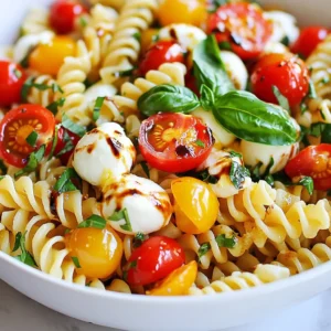 - 8 oz (225g) fusilli pasta - 1 cup cherry tomatoes, halved - 1 cup fresh mozzarella balls, halved - 1 cup fresh basil leaves, chopped - 3 tablespoons extra virgin olive oil - 2 tablespoons balsamic glaze - 1 clove garlic, minced - Salt and freshly cracked black pepper to taste - 1 teaspoon dried oregano (optional) When making Caprese pasta salad, ingredient quality matters. Use the freshest cherry tomatoes. Choose ripe ones for the best flavor. Fresh mozzarella should be soft and creamy. Look for mozzarella balls packed in water. They taste better and have a nice texture. For basil, select vibrant green leaves. Avoid any bruised or brown spots. Extra virgin olive oil is key for a rich taste. It adds depth to the salad. The balsamic glaze should be thick and sweet, enhancing the dish. You can swap some ingredients based on your taste. If you can’t find fusilli, use penne or farfalle. For a different cheese, try burrata or feta. If you're out of fresh basil, use spinach or arugula. This will give a nice twist to the salad. If you want to skip the garlic, that’s fine too. Just remember, it adds a nice kick. For a vegan option, replace mozzarella with avocado or a nut-based cheese. {{ingredient_image_2}} Start by boiling water in a large pot. Add a pinch of salt once the water is boiling. Then, add 8 oz of fusilli pasta. Cook it according to the package instructions until it’s al dente. This usually takes about 8 to 10 minutes. When the pasta is ready, drain it in a colander. Rinse it under cold water to stop cooking. This helps cool the pasta down and keeps it from getting mushy. In a small bowl, mix together the dressing. Start with 3 tablespoons of extra virgin olive oil. Add 2 tablespoons of balsamic glaze for sweetness. Then, add 1 minced garlic clove. Season with a pinch of salt and freshly cracked black pepper. If you like, add 1 teaspoon of dried oregano for extra flavor. Whisk everything together until it’s well combined. This dressing will bring the pasta salad to life. In a large mixing bowl, combine the cooled fusilli pasta, 1 cup of halved cherry tomatoes, and 1 cup of halved mozzarella balls. Add 1 cup of chopped fresh basil leaves. Gently toss the ingredients so they mix well. Drizzle the dressing over the salad and stir again. Make sure everything is coated nicely. Taste the salad and add more salt, pepper, or balsamic glaze if needed. Let the salad sit for about 10 to 15 minutes. This resting time helps the flavors blend together. Serve it chilled or at room temperature for a fresh, tasty dish. Serve this Caprese pasta salad in a big bowl. It looks great and invites sharing. You can add extra basil leaves on top for a pop of green. Drizzle more balsamic glaze for a glossy finish. This salad pairs well with grilled chicken or fish. It also works as a side for barbecues or picnics. To boost the flavor, try adding crushed red pepper flakes. This gives a nice kick without overpowering the dish. You can also mix in some sun-dried tomatoes for a tangy touch. If you like a bit of crunch, toss in some toasted pine nuts. They add texture and a nutty flavor. This salad stores well in the fridge for up to three days. Keep it in an airtight container to maintain freshness. If you plan to make it ahead, store the dressing separately. Mix it in just before serving to keep the pasta from getting soggy. For meal prep, divide the salad into lunch containers. This makes it easy to grab and go. Pro Tips Use Fresh Ingredients: Opt for the freshest basil, tomatoes, and mozzarella for the best flavor and texture in your pasta salad. Customize Your Dressing: Feel free to adjust the balsamic glaze and olive oil ratios to suit your taste; adding a touch of honey can enhance sweetness. Chill Before Serving: Allowing the pasta salad to sit for a bit before serving will help the flavors meld together beautifully. Experiment with Add-ins: Consider adding olives, arugula, or grilled chicken for extra flavor and nutrition in your Caprese pasta salad. {{image_4}} You can boost this salad by adding protein. Grilled chicken works great. It adds a savory taste. Cook it simply with salt and pepper. You can also use shrimp or chickpeas for a twist. Both add flavor and texture. If you prefer a meat-free option, tofu is a fantastic choice. It absorbs flavors well and packs a protein punch. For a vegan version, swap the mozzarella with vegan cheese. There are many tasty options available. You can also skip the cheese altogether. Use avocado to add creaminess instead. To make it gluten-free, choose gluten-free pasta. Many brands offer great alternatives that taste just as good. Feel free to get creative with veggies. Bell peppers add sweetness and crunch. Cucumber brings a refreshing bite. You can also toss in some arugula for a peppery kick. Roasted zucchini or asparagus can add depth. Just remember to keep the colors bright! This makes the dish more appealing and fun. This Caprese pasta salad serves four people. Each serving is about 1.5 cups. This portion is filling and works great as a meal or side dish. Each serving has about 350 calories. The calories mainly come from the pasta, cheese, and olive oil. Here's a quick breakdown: - Fusilli pasta: 210 calories - Fresh mozzarella: 70 calories - Olive oil: 120 calories - Cherry tomatoes and basil: minimal calories This salad is rich in flavor but also balanced in calories. - Fusilli Pasta: Provides energy from carbs. Whole grain pasta can add fiber too. - Cherry Tomatoes: These are low in calories and high in vitamins. They add a sweet taste. - Fresh Mozzarella: This cheese is rich in protein and calcium. It also adds a creamy texture. - Basil: This herb has antioxidants. It gives a fresh flavor and aroma. - Extra Virgin Olive Oil: It contains healthy fats that support heart health. - Balsamic Glaze: This adds a sweet and tangy kick. It has antioxidants and can enhance digestion. This pasta salad not only tastes great but also gives you good nutrition. Yes, you can make this pasta salad ahead of time. I recommend making it a few hours early. This way, the flavors meld nicely. Just store it in the fridge. Before serving, give it a gentle toss. Caprese Pasta Salad lasts about 3 to 5 days in the fridge. Store it in an airtight container. If you notice any change in smell or color, it’s best to toss it. Caprese Pasta Salad pairs well with many dishes. Here are some ideas: - Grilled chicken or shrimp - Garlic bread or crusty baguette - A fresh green salad - Roasted vegetables These options will complement the flavors and make a complete meal. Enjoy! This blog post covered making a delicious Caprese Pasta Salad. We explored the key ingredients and their quality. I shared tips for cooking, dressing, and combining everything. You learned serving ideas, flavor boosts, and storage tips. Variations offered options for proteins and dietary needs. Knowing the nutritional info helps you make better choices. In conclusion, this salad is tasty, healthy, and easy to make. Enjoy trying your own twists on it!