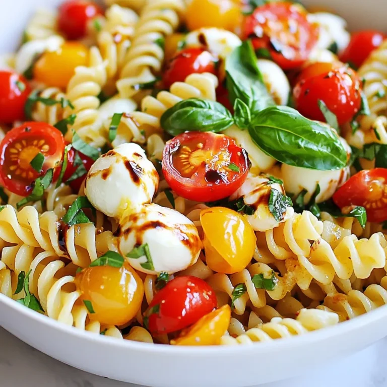 - 8 oz (225g) fusilli pasta - 1 cup cherry tomatoes, halved - 1 cup fresh mozzarella balls, halved - 1 cup fresh basil leaves, chopped - 3 tablespoons extra virgin olive oil - 2 tablespoons balsamic glaze - 1 clove garlic, minced - Salt and freshly cracked black pepper to taste - 1 teaspoon dried oregano (optional) When making Caprese pasta salad, ingredient quality matters. Use the freshest cherry tomatoes. Choose ripe ones for the best flavor. Fresh mozzarella should be soft and creamy. Look for mozzarella balls packed in water. They taste better and have a nice texture. For basil, select vibrant green leaves. Avoid any bruised or brown spots. Extra virgin olive oil is key for a rich taste. It adds depth to the salad. The balsamic glaze should be thick and sweet, enhancing the dish. You can swap some ingredients based on your taste. If you can’t find fusilli, use penne or farfalle. For a different cheese, try burrata or feta. If you're out of fresh basil, use spinach or arugula. This will give a nice twist to the salad. If you want to skip the garlic, that’s fine too. Just remember, it adds a nice kick. For a vegan option, replace mozzarella with avocado or a nut-based cheese. {{ingredient_image_2}} Start by boiling water in a large pot. Add a pinch of salt once the water is boiling. Then, add 8 oz of fusilli pasta. Cook it according to the package instructions until it’s al dente. This usually takes about 8 to 10 minutes. When the pasta is ready, drain it in a colander. Rinse it under cold water to stop cooking. This helps cool the pasta down and keeps it from getting mushy. In a small bowl, mix together the dressing. Start with 3 tablespoons of extra virgin olive oil. Add 2 tablespoons of balsamic glaze for sweetness. Then, add 1 minced garlic clove. Season with a pinch of salt and freshly cracked black pepper. If you like, add 1 teaspoon of dried oregano for extra flavor. Whisk everything together until it’s well combined. This dressing will bring the pasta salad to life. In a large mixing bowl, combine the cooled fusilli pasta, 1 cup of halved cherry tomatoes, and 1 cup of halved mozzarella balls. Add 1 cup of chopped fresh basil leaves. Gently toss the ingredients so they mix well. Drizzle the dressing over the salad and stir again. Make sure everything is coated nicely. Taste the salad and add more salt, pepper, or balsamic glaze if needed. Let the salad sit for about 10 to 15 minutes. This resting time helps the flavors blend together. Serve it chilled or at room temperature for a fresh, tasty dish. Serve this Caprese pasta salad in a big bowl. It looks great and invites sharing. You can add extra basil leaves on top for a pop of green. Drizzle more balsamic glaze for a glossy finish. This salad pairs well with grilled chicken or fish. It also works as a side for barbecues or picnics. To boost the flavor, try adding crushed red pepper flakes. This gives a nice kick without overpowering the dish. You can also mix in some sun-dried tomatoes for a tangy touch. If you like a bit of crunch, toss in some toasted pine nuts. They add texture and a nutty flavor. This salad stores well in the fridge for up to three days. Keep it in an airtight container to maintain freshness. If you plan to make it ahead, store the dressing separately. Mix it in just before serving to keep the pasta from getting soggy. For meal prep, divide the salad into lunch containers. This makes it easy to grab and go. Pro Tips Use Fresh Ingredients: Opt for the freshest basil, tomatoes, and mozzarella for the best flavor and texture in your pasta salad. Customize Your Dressing: Feel free to adjust the balsamic glaze and olive oil ratios to suit your taste; adding a touch of honey can enhance sweetness. Chill Before Serving: Allowing the pasta salad to sit for a bit before serving will help the flavors meld together beautifully. Experiment with Add-ins: Consider adding olives, arugula, or grilled chicken for extra flavor and nutrition in your Caprese pasta salad. {{image_4}} You can boost this salad by adding protein. Grilled chicken works great. It adds a savory taste. Cook it simply with salt and pepper. You can also use shrimp or chickpeas for a twist. Both add flavor and texture. If you prefer a meat-free option, tofu is a fantastic choice. It absorbs flavors well and packs a protein punch. For a vegan version, swap the mozzarella with vegan cheese. There are many tasty options available. You can also skip the cheese altogether. Use avocado to add creaminess instead. To make it gluten-free, choose gluten-free pasta. Many brands offer great alternatives that taste just as good. Feel free to get creative with veggies. Bell peppers add sweetness and crunch. Cucumber brings a refreshing bite. You can also toss in some arugula for a peppery kick. Roasted zucchini or asparagus can add depth. Just remember to keep the colors bright! This makes the dish more appealing and fun. This Caprese pasta salad serves four people. Each serving is about 1.5 cups. This portion is filling and works great as a meal or side dish. Each serving has about 350 calories. The calories mainly come from the pasta, cheese, and olive oil. Here's a quick breakdown: - Fusilli pasta: 210 calories - Fresh mozzarella: 70 calories - Olive oil: 120 calories - Cherry tomatoes and basil: minimal calories This salad is rich in flavor but also balanced in calories. - Fusilli Pasta: Provides energy from carbs. Whole grain pasta can add fiber too. - Cherry Tomatoes: These are low in calories and high in vitamins. They add a sweet taste. - Fresh Mozzarella: This cheese is rich in protein and calcium. It also adds a creamy texture. - Basil: This herb has antioxidants. It gives a fresh flavor and aroma. - Extra Virgin Olive Oil: It contains healthy fats that support heart health. - Balsamic Glaze: This adds a sweet and tangy kick. It has antioxidants and can enhance digestion. This pasta salad not only tastes great but also gives you good nutrition. Yes, you can make this pasta salad ahead of time. I recommend making it a few hours early. This way, the flavors meld nicely. Just store it in the fridge. Before serving, give it a gentle toss. Caprese Pasta Salad lasts about 3 to 5 days in the fridge. Store it in an airtight container. If you notice any change in smell or color, it’s best to toss it. Caprese Pasta Salad pairs well with many dishes. Here are some ideas: - Grilled chicken or shrimp - Garlic bread or crusty baguette - A fresh green salad - Roasted vegetables These options will complement the flavors and make a complete meal. Enjoy! This blog post covered making a delicious Caprese Pasta Salad. We explored the key ingredients and their quality. I shared tips for cooking, dressing, and combining everything. You learned serving ideas, flavor boosts, and storage tips. Variations offered options for proteins and dietary needs. Knowing the nutritional info helps you make better choices. In conclusion, this salad is tasty, healthy, and easy to make. Enjoy trying your own twists on it!