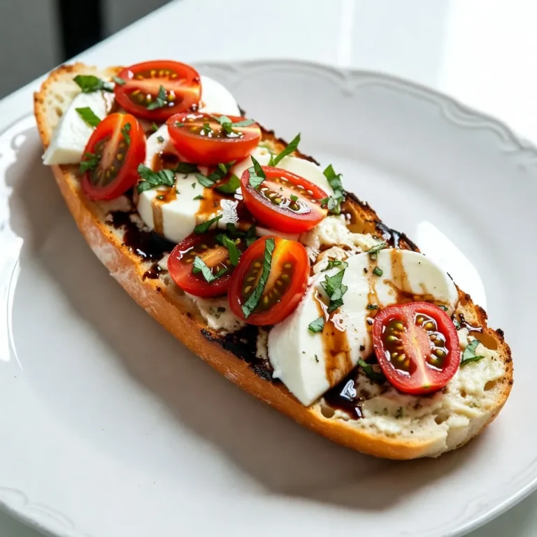 - 1 large baguette or ciabatta bread - 1/2 cup unsalted butter, softened - 4 cloves garlic, minced - 2 cups cherry tomatoes, halved - 8 ounces fresh mozzarella cheese, sliced The main ingredients bring rich flavors. The bread serves as a base. I love using a baguette for its crust. Ciabatta works great too, as it has a soft center. Butter adds creaminess, while garlic gives a punch. Minced garlic spreads its aroma throughout. Cherry tomatoes add sweetness. Their juicy nature complements the cheese. Fresh mozzarella melts beautifully for a creamy texture. - 1 teaspoon dried oregano - 1 teaspoon salt - Freshly cracked black pepper, to taste - Balsamic glaze, for drizzling These seasonings play a big role in flavor. Dried oregano adds an earthy taste. Salt brings out the natural flavors. Freshly cracked black pepper adds a slight heat. Drizzling balsamic glaze on top provides a sweet and tangy kick. It enhances the overall taste and makes it pop. - 1/4 cup fresh basil leaves, chopped Basil is a must for garnishing. Its fresh aroma brightens the dish. It adds a lovely green color too. I recommend using fresh basil leaves. They are fragrant and vibrant. You can chop them or leave them whole for a beautiful finish. {{ingredient_image_2}} To start, preheat your oven to 400°F (200°C). This step is key for nice, crispy bread. A hot oven will help the cheese melt perfectly and the edges turn golden. Next, we need to make the garlic butter. In a small bowl, mix together 1/2 cup of softened unsalted butter and 4 minced garlic cloves. Add 1 teaspoon of dried oregano and 1 teaspoon of salt. For some heat, sprinkle in freshly cracked black pepper. Stir until everything blends well into a smooth mixture. Now, take your baguette or ciabatta and slice it in half lengthwise. Place the halves on a baking sheet with the cut side facing up. Spread the garlic butter generously over each half. Make sure the butter covers every inch for maximum flavor. After that, layer 2 cups of halved cherry tomatoes on top. Finally, add 8 ounces of sliced fresh mozzarella cheese, spreading it evenly. Place your baking sheet in the preheated oven. Bake for about 10-12 minutes. Keep an eye on it! The mozzarella should be melted and bubbly, while the bread's edges turn golden brown. When it’s done, take the bread out of the oven. Immediately sprinkle 1/4 cup of chopped fresh basil leaves on top. This will make the aroma fantastic. To finish, drizzle some balsamic glaze over the bread. It adds a sweet and tangy taste. Now, slice the bread into pieces and serve warm. Enjoy your delicious Caprese Garlic Bread! To make the garlic butter even better, add fresh herbs. Chopped parsley or thyme works great. Mix these into the butter with garlic for a fresh taste. You can also try a pinch of red pepper flakes for a little heat. This adds depth and flavor to your garlic butter. When picking bread, consider taste and texture. A baguette has a crispy crust and soft inside. It holds toppings well and gives a nice crunch. Ciabatta is softer and chewier. It soaks up flavors and is great for a softer bite. Choose based on your preference for crunch or softness. Caprese garlic bread pairs well with many dishes. Try it with a fresh salad for a light meal. It also goes nicely with pasta. For drinks, serve with a chilled white wine or sparkling water. The flavors blend well and make for a delicious meal. Enjoy experimenting! Pro Tips Use Fresh Ingredients: Always opt for fresh mozzarella and ripe cherry tomatoes for the best flavor and texture. Customize the Seasoning: Feel free to add red pepper flakes or fresh herbs like thyme or rosemary for added depth of flavor. Monitor Baking Time: Keep an eye on the bread while it bakes to prevent burning, as oven temperatures can vary. Serve Immediately: This dish is best enjoyed fresh out of the oven while the cheese is melty and the bread is warm. {{image_4}} To make a vegan version of Caprese Garlic Bread, you can swap out the dairy ingredients. Use a plant-based butter instead of unsalted butter. For cheese, try a dairy-free mozzarella or a cashew-based cheese. These options melt well and keep the flavor intact. When it comes to the toppings, feel free to add extra veggies. Sliced olives or artichokes work great. They add a nice twist and keep the dish vibrant and fresh. You can boost the nutritional value of your Caprese Garlic Bread by adding more veggies. Sliced bell peppers, spinach, or even roasted zucchini can give your dish extra color and flavor. Try layering the veggies on top of the garlic butter before the tomatoes and cheese. This way, they roast beautifully while baking. It makes every bite more exciting and healthy. If you love some heat, add spicy elements to your bread. Sliced jalapeños or a sprinkle of red pepper flakes can bring a kick to the dish. Mix the spicy ingredients into the garlic butter for a subtle heat. Or, sprinkle them on top before serving. Either way, it adds a fun twist that will thrill those who enjoy spice! To keep your Caprese garlic bread fresh, follow these steps: - Refrigerate: Wrap the bread tightly in plastic wrap or aluminum foil. Store it in the fridge for up to 3 days. - Freeze: For longer storage, place the wrapped bread in a freezer bag. It can last up to 2 months. Make sure to remove as much air as possible. To restore the crispness and flavor, try these methods: - Oven: Preheat your oven to 350°F (175°C). Place the bread on a baking sheet and heat it for about 10 minutes. This will make the crust crispy again. - Air Fryer: If you have one, set it to 350°F (175°C) and heat for around 5 minutes. This gives a nice texture. Caprese garlic bread lasts: - In the fridge: Up to 3 days. - In the freezer: Up to 2 months. Check for any signs of spoilage before eating. Yes, you can make this dish ahead of time. Prepare the garlic butter and spread it on the bread. Layer the tomatoes and cheese, then cover it. Store it in the fridge for up to 24 hours. When ready to bake, just pop it in the oven. This saves time for busy days. Reheating garlic bread can be easy. Preheat your oven to 350°F (175°C). Place the bread on a baking sheet. Heat it for about 10 minutes. This method keeps the bread crispy. You can also use a toaster oven for a quicker option. Avoid using the microwave, as it makes bread soggy. Absolutely! While fresh mozzarella is classic, you can try other cheeses. Provolone or fontina work well too. If you like a stronger flavor, add some aged cheddar. Mixing cheeses can create a unique taste. Feel free to experiment based on your preference. To make Caprese Garlic Bread gluten-free, choose the right bread. Look for gluten-free baguettes or ciabatta. Many stores sell gluten-free options now. You can also use gluten-free flatbreads. Just follow the same steps in the recipe. Enjoy this tasty treat without worry! In this blog post, we explored how to make delicious Caprese Garlic Bread. We covered essential ingredients like baguette, butter, and garlic, along with easy step-by-step instructions. I shared tips for perfecting flavors and ideas for variations, such as vegan options or adding spicy elements. Proper storage and reheating tips ensure your leftovers stay tasty. With these techniques, you can impress anyone at your next meal. Enjoy crafting this flavorful treat!