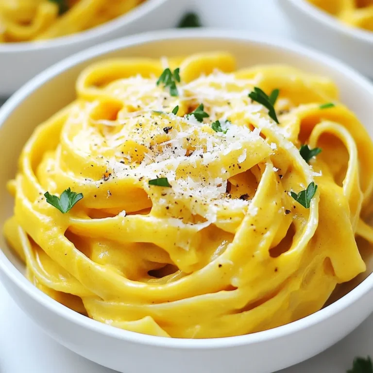 - 12 oz fettuccine or your favorite pasta - 1 cup pumpkin puree (either canned or homemade) - 1 cup heavy cream - 1 cup freshly grated Parmesan cheese - 2 tablespoons unsalted butter - 2 cloves garlic, finely minced - 1 teaspoon ground nutmeg - 1 teaspoon Italian seasoning blend - Salt and freshly ground black pepper, to taste - Fresh parsley, chopped (for garnish) To make creamy pumpkin Alfredo, you need fresh and simple ingredients. Start with fettuccine or your favorite pasta. Fettuccine works best because it holds the sauce well. Next, grab a cup of pumpkin puree; you can use canned or make your own. Heavy cream adds richness, making the sauce smooth and creamy. You will also need freshly grated Parmesan cheese. This cheese melts well, adding flavor. Unsalted butter helps sauté the garlic for great taste. Minced garlic gives the sauce a lovely aroma. Ground nutmeg adds warmth to the dish. An Italian seasoning blend brings a mix of herbs to brighten the flavor. Finally, season with salt and black pepper to taste. Don't forget fresh parsley for garnish! It adds a pop of color and freshness to your dish. These ingredients come together to create a rich and flavorful delight that warms your heart. {{ingredient_image_2}} To start, you need to boil salted water. Use a large pot for this. Bring the water to a rolling boil. Once it is boiling, add the fettuccine. Cook the pasta according to the package instructions. You want it to be al dente, which means it should be firm but not hard. This usually takes about 8 to 10 minutes. Before you drain the pasta, save 1 cup of the cooking water. This water helps to adjust the sauce later. After saving the water, drain the pasta and keep it aside. Now, let’s make the sauce. In a large skillet, melt 2 tablespoons of unsalted butter over medium heat. Once the butter is melted, add 2 cloves of minced garlic. Sauté the garlic for about 1 minute. You want it fragrant but not browned. Next, stir in 1 cup of pumpkin puree. Mix it well with the garlic and butter. Cook this mixture for 2 to 3 minutes to heat it through. Now, pour in 1 cup of heavy cream. Stir it well to combine. Bring this mixture to a low simmer. Gradually add 1 cup of freshly grated Parmesan cheese. Keep stirring until the cheese melts and the sauce is smooth. It's time to mix the pasta and sauce. Gently add the cooked fettuccine to the skillet with the sauce. Toss the pasta well to coat it evenly with the creamy pumpkin Alfredo sauce. If the sauce is too thick, add some of the reserved pasta cooking water. This will help you reach the desired consistency. Now, it's ready to serve! Portion the creamy pumpkin Alfredo into plates and enjoy your rich and flavorful delight. To get the right texture for your sauce, start by using the reserved pasta water. If your sauce feels too thick, add a bit of the starchy water. This step helps thin it out while still keeping the creamy feel. Just add a little at a time until you reach the right consistency. Next, balance the flavors with seasoning. After adding the nutmeg and Italian seasoning, taste the sauce. Adjust the salt and pepper to suit your palate. This way, you get a sauce that is rich and full of flavor. For serving, create a lovely plate by using warmed bowls. This keeps the pasta hot longer. Place your creamy pumpkin Alfredo in the center and drizzle some extra cream around for flair. Garnish with fresh parsley on top. For a festive touch, add more Parmesan cheese and a sprinkle of nutmeg. This not only looks nice but also adds extra flavor. Enjoy making your dish as pretty as it is tasty! Pro Tips Use Fresh Pasta: Fresh pasta cooks faster than dried pasta. If you can find it, consider using fresh fettuccine for an even more delightful texture. Adjust Creaminess: If you prefer a lighter sauce, you can replace half of the heavy cream with chicken or vegetable broth, keeping the flavors rich yet less heavy. Enhance Flavor: For an extra depth of flavor, add a pinch of cayenne pepper or smoked paprika to the sauce. It adds a subtle heat and complexity. Leftover Storage: Store any leftovers in an airtight container in the fridge for up to 3 days. Reheat gently on the stove with a splash of milk or cream to revive the sauce. {{image_4}} To make a vegan version of pumpkin Alfredo, replace heavy cream and Parmesan cheese. Use coconut cream or cashew cream for a rich texture. Nutritional yeast can add a cheesy flavor without dairy. Blend soaked cashews with water for a smooth cream. This keeps the dish creamy and delicious without using animal products. You can add proteins or veggies to your pumpkin Alfredo for extra flavor. Grilled chicken or shrimp pairs well with the sauce. For a vegetarian option, add sautéed mushrooms or spinach. You can also toss in roasted butternut squash or broccoli. These additions make the dish heartier and more colorful. Enhancing flavors in your pumpkin Alfredo is easy and fun. Try adding spices like smoked paprika or cinnamon for warmth. Fresh herbs such as sage or thyme bring a lovely aroma. A squeeze of lemon juice brightens the dish and balances the creaminess. These tweaks add depth and make your meal unique. To keep your creamy pumpkin Alfredo fresh, store it in an airtight container. Make sure to let it cool to room temperature before sealing. This helps prevent condensation, which can make your pasta soggy. You can refrigerate it for up to three days. If you want to save it longer, consider freezing the sauce separately from the pasta. This way, the sauce stays creamy. When reheating, I recommend using a stovetop. This helps maintain the creaminess. Start by adding a splash of milk or cream to the sauce. Heat it over low heat, stirring often. If the pasta is cold, you can warm it in hot water for a few minutes. Then, mix it with the sauce. This keeps everything tasty and smooth. Avoid using a microwave, as it can make the sauce grainy. Yes, you can use fresh pumpkin. Fresh pumpkin gives a great taste. It also has less sugar. You will need to cook and puree it first. This can take more time and effort. Canned pumpkin is easy and quick. It saves time and is ready to use. Both options work well in this recipe. The recipe is not gluten-free as it uses pasta. To make it gluten-free, use gluten-free pasta. Many brands offer great options now. Check the label to ensure it meets your needs. Also, make sure all other ingredients are gluten-free. This way, everyone can enjoy the dish. This dish pairs well with simple sides. Here are some ideas: - Garlic bread for a crunchy texture. - A fresh green salad for a crisp contrast. - Roasted vegetables to add color and flavor. - Grilled chicken for extra protein. These sides will enhance your meal and keep it balanced. This blog post shared a simple and delicious recipe for Creamy Pumpkin Alfredo. You learned about the key ingredients, step-by-step cooking instructions, and tips for the perfect sauce. We also explored tasty variations and best practices for storing leftovers. In summary, this recipe is easy to make and perfect for fall. You can impress your family and friends with its rich flavor. Enjoy experimenting with different ingredients and serving options. Happy cooking!
