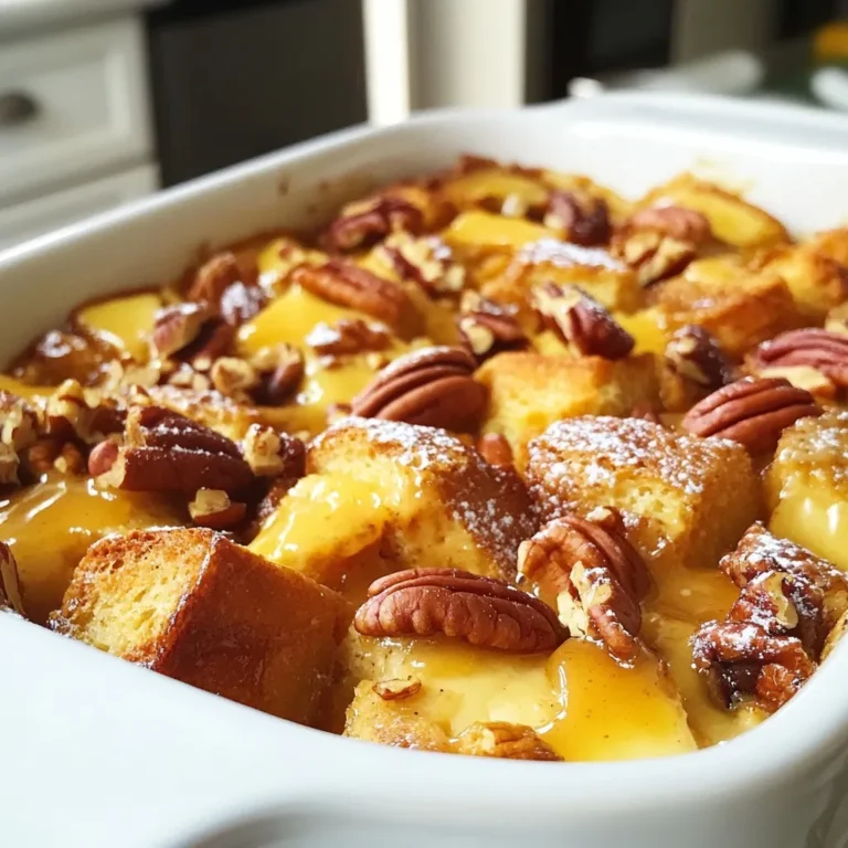To make the delightful caramel pecan bread pudding, gather these ingredients: - 6 cups of day-old brioche or challah bread, cubed into bite-sized pieces - 4 large eggs, at room temperature - 2 cups whole milk, preferably warmed slightly - 1 cup heavy cream - 1 cup packed brown sugar, light or dark - 1 teaspoon pure vanilla extract - 1 teaspoon ground cinnamon - 1/2 teaspoon fine salt - 1 cup pecans, roughly chopped - 1/2 cup caramel sauce (you can use store-bought or make your own) - Optional: powdered sugar for a light dusting before serving These ingredients create the rich, creamy texture of the pudding. The bread soaks up the custard mixture, while the pecans add crunch. The caramel sauce gives it a sweet finish. Each layer of flavor builds a delightful dessert experience. Using day-old bread helps absorb the custard better, making it richer. {{ingredient_image_2}} 1. Preheat your oven to 350°F (175°C). This helps cook the pudding evenly. 2. Grease a 9x13-inch baking dish with butter or non-stick spray. This makes for easy serving later. 3. In a large bowl, whisk together 4 large eggs until frothy. Then add 2 cups of warm whole milk, 1 cup of heavy cream, 1 cup of brown sugar, 1 teaspoon of vanilla, 1 teaspoon of cinnamon, and 1/2 teaspoon of salt. Mix well until smooth. 1. Add 6 cups of cubed day-old bread to the egg mixture. Gently fold until each piece is coated. Let it rest for about 15 minutes. This helps the bread soak up the mixture. 2. Fold in 1 cup of roughly chopped pecans. This will give your pudding a nice crunch. 3. Pour half of the bread mixture into the greased dish. Spread it evenly. Drizzle half of the 1/2 cup of caramel sauce over this layer. Then pour the rest of the bread mixture on top, followed by another drizzle of caramel sauce. 1. Bake the dish in the preheated oven for 45-50 minutes. The top should be golden brown, and a knife inserted in the center should come out clean. 2. After baking, remove the bread pudding and let it cool for about 10 minutes. This helps it set. 3. Serve warm, drizzled with more caramel sauce. You can dust it lightly with powdered sugar for a sweet touch. - Ensuring the bread is properly soaked Soaking the bread is key. Use day-old brioche or challah. Cut it into bite-sized pieces. Let it soak for 15 minutes. This step helps the bread absorb all the yummy flavors. - Achieving the perfect golden brown top Bake at 350°F for 45 to 50 minutes. Watch for a golden brown color. This shows the pudding is ready. A knife should come out clean when poked in the center. - Adding caramel sauce for maximum flavor Drizzle caramel sauce between layers. It adds a rich, sweet touch. You can also top it with more sauce before serving. - Overmixing the bread Mix gently when adding the bread. Overmixing can break the bread pieces. This makes the pudding dense and less fluffy. - Skipping the cooling time Cooling for 10 minutes is important. This helps the pudding set. Cutting too soon can make it fall apart. - Choosing low-quality ingredients Use fresh, good-quality ingredients. This makes a big difference in taste. Quality bread, cream, and caramel sauce lead to a better dessert. Pro Tips Use Stale Bread: Day-old brioche or challah bread works best for this recipe, as it absorbs the custard mixture without becoming mushy. Warm the Milk: Slightly warming the milk before adding it to the mixture helps the sugars dissolve better and enhances the overall flavor. Let it Rest: Allowing the bread mixture to rest for 15 minutes ensures the bread fully absorbs the custard, resulting in a richer texture. Customize Toppings: Feel free to add chocolate chips or dried fruits for an additional flavor boost and texture contrast in your bread pudding. {{image_4}} You can add fun twists to your caramel pecan bread pudding. - Adding chocolate chips: Mix in 1 cup of chocolate chips. This will give a rich, sweet taste. The chocolate will melt slightly and blend well with the warm pudding. - Incorporating dried fruits: Try adding 1 cup of dried fruits like raisins or cranberries. This adds a chewy texture and a fruity burst. Combine them with the bread for a delightful mix. If you have specific dietary needs, you can still enjoy this dessert. - Gluten-free substitutions: Use gluten-free bread instead of brioche or challah. This keeps the texture while making it safe for those who can't have gluten. - Dairy-free alternatives: Swap whole milk and heavy cream for almond milk or coconut milk. You can also use plant-based cream. This will still create a creamy pudding without the dairy. To keep your caramel pecan bread pudding fresh, follow these tips: - Refrigeration tips: Place leftovers in an airtight container. Store in the fridge for up to 3 days. Make sure it cools completely before sealing. - Freezing instructions: If you want to store it longer, freeze the bread pudding. Wrap it tightly in plastic wrap, then place in a freezer bag. It can last up to 2 months in the freezer. When you’re ready to enjoy your leftovers, use these methods: - Best practices for warming up: Preheat your oven to 350°F (175°C). Place the bread pudding in a baking dish and cover with foil. Heat for about 20-25 minutes until warm. This keeps it moist. You can also use the microwave. Heat individual portions for 30-60 seconds, checking for warmth. Enjoy it with a drizzle of caramel sauce! You can use any bread that is soft and slightly dry. Good options include French bread, sourdough, or even white sandwich bread. Aim for bread that can soak up liquid without falling apart. Just make sure it is a bit stale. Fresh bread might make the pudding too mushy. You can keep bread pudding in the fridge for about three to four days. Store it in an airtight container to keep it fresh. If you want to enjoy it later, don’t add the caramel sauce until you serve it. This will keep it from getting soggy. Yes, you can prepare the bread pudding a day in advance. Just follow the steps to mix and layer it, then cover it tightly. Refrigerate it overnight. When ready, bake it the next day. This way, you save time and enjoy the flavors even more! This bread pudding recipe combines simple ingredients and clear steps for a delicious dish. You should preheat your oven, soak the bread well, and layer it with pecans for great texture. Remember the tips to avoid common mistakes, like overmixing, for the best results. Explore flavor variations to keep your dessert exciting. Proper storage will help you enjoy leftovers. With this guide, you can create a perfect bread pudding every time, delighting friends and family. Enjoy making this dish that blends comfort and creativity in every bite!