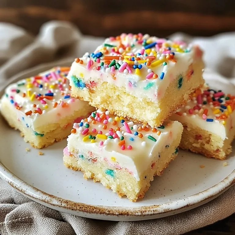 - 2 ½ cups all-purpose flour - 1 teaspoon baking soda - ½ teaspoon salt - 1 cup unsalted butter, softened to room temperature - 1 cup granulated sugar - ½ cup packed brown sugar - 1 tablespoon pure vanilla extract - 2 large eggs, at room temperature - 1 cup colorful sprinkles (jimmies recommended) - ½ cup white chocolate chips (optional) These ingredients make Funfetti Sugar Cookie Bars a joy to bake. The dry ingredients start with all-purpose flour, which gives the bars structure. Baking soda adds lift, while salt enhances the sweet flavor. For the wet ingredients, use unsalted butter for the best taste. Creaming the butter with both sugars creates a light mixture. The brown sugar adds moisture and a slight caramel flavor. Vanilla extract gives a nice aroma, and the eggs bind everything together. Now, let's talk about mix-ins! Colorful sprinkles are a must for that fun look. I always recommend jimmies, as they hold their shape in the oven. If you like white chocolate, toss in those chips for extra sweetness. Gather these ingredients, and you’re all set to create a batch of delightful cookie bars! {{ingredient_image_2}} - Preheat oven to 350°F (175°C). - Prepare a 9x13 inch baking pan with parchment paper. Start by preheating your oven. This step is key to getting the right texture. While the oven heats up, grab a 9x13 inch baking pan. Line it with parchment paper. Let some paper hang over the sides. This helps later when lifting the bars out. - Whisk dry ingredients in a bowl. - Cream together butter and sugars. - Incorporate eggs and vanilla into the mixture. In a medium bowl, whisk together the flour, baking soda, and salt. This helps the cookie bars rise. Next, in a large bowl, cream the softened butter with granulated and brown sugars. Use an electric mixer for about 2-3 minutes. You want it light and fluffy. Then, add the eggs and vanilla. Mix until it is smooth and creamy. - Slowly mix wet and dry ingredients together. - Fold in sprinkles and chocolate chips. - Spread dough in the baking pan and bake. Now, take your dry mix and slowly add it to the butter mixture. Use a spatula to fold them together gently. Be careful not to over-mix; we want fluffy bars! Next, fold in the colorful sprinkles and white chocolate chips. Make sure they get evenly spread throughout. Transfer the dough to the prepared pan. Use a spatula to smooth it out. Bake for 20-25 minutes. Keep an eye on them. They are done when the edges turn golden brown. A toothpick should come out clean when inserted in the center. For soft and chewy bars, creaming butter and sugars is key. Start with room temperature butter. This helps it blend well with the sugars. Mix them for about 2-3 minutes until fluffy. This adds air, making your bars light. Be cautious when mixing in the flour. Over-mixing can make them tough. Mix just until you see no dry flour. Baking time is crucial. Set your timer for 20-25 minutes. Keep an eye on those edges. They should turn a lovely golden brown. To check for doneness, use a toothpick. Insert it into the center. If it comes out clean, your bars are ready. If there is wet dough, bake a few more minutes. To make your bars extra fun, serve them on a colorful platter. After cutting, sprinkle extra jimmies on top. You can also drizzle melted white chocolate. This adds a nice touch and more sweetness. Everyone loves a pretty dessert, and these tips make it pop! Pro Tips Chill the Dough: If you have time, chill the cookie dough for 30 minutes before baking. This helps the bars maintain their shape and enhances the flavors. Use Room Temperature Ingredients: Ensure your eggs and butter are at room temperature for better emulsification and a smoother batter. Choose Quality Sprinkles: Opt for jimmies rather than nonpareils, as jimmies hold their shape better during baking and won’t bleed color into the dough. Store Properly: Keep any leftover bars in an airtight container at room temperature for up to a week. For longer storage, freeze them wrapped tightly in plastic wrap. {{image_4}} You can switch things up with different flavors. Try butterscotch or peanut butter chips instead of chocolate chips. They add a new twist that kids love. You can also use different kinds of sprinkles. Look for themed sprinkles like hearts for Valentine’s Day or spooky shapes for Halloween. This will make your cookie bars even more fun and festive. If you need gluten-free bars, swap the all-purpose flour for a gluten-free blend. Many options work well. For dairy-free cookie bars, use vegan butter or coconut oil. Replace the eggs with flaxseed meal mixed with water. This keeps the recipe tasty while meeting dietary needs. You can customize these cookie bars for any holiday. Use holiday-themed sprinkles and fun toppings. For summer, add fresh fruits like blueberries or strawberries. These seasonal touches make your cookie bars special and delicious. Everyone will love the tasty changes! You can keep these Funfetti sugar cookie bars at room temperature for up to one week. Just make sure they stay in a cool place. If you want them to last longer, you can freeze them. They freeze well for about three months. Wrap them tightly in plastic wrap or foil before placing them in a freezer-safe bag. To keep your cookie bars fresh, use an airtight container. A glass or plastic container with a lid works great. If you stack the bars, place parchment paper between each layer. This step helps to avoid stickiness. It also keeps the colorful sprinkles looking bright and fun. If you want to enjoy soft cookie bars again, you can reheat them. Use the microwave for a quick fix. Heat each bar for about 10-15 seconds. Check to see if they are warm enough. You can also use the oven. Preheat it to 300°F (150°C) and heat the bars for about 5-7 minutes. This method helps keep them soft and tasty. Yes, you can use margarine instead of butter. The cookie bars will still taste great. Margarine has a similar fat content, so it works well in baking. Just make sure it’s softened like butter. This helps with mixing. You can tell when the cookie bars are done by looking at the edges. They should be a lovely golden brown. You can also use a toothpick. Insert it in the center; if it comes out clean, they're ready. Baking time is usually 20-25 minutes. Yes, you can make these cookie bars ahead of time. You can bake them and store them in an airtight container. They last up to a week at room temperature. You can also freeze them for longer storage, up to three months. Just thaw them before serving. This blog post covered the key ingredients, mixing steps, and baking tips for making delicious cookie bars. You can customize them with fun add-ins or dietary swaps. Remember to store them right to keep them fresh. Whether for a party or just a treat, these bars are sure to please. Enjoy baking and sharing these tasty delights!