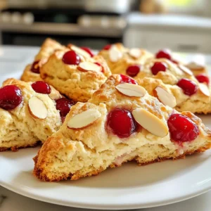 - 2 cups all-purpose flour - 1/4 cup granulated sugar - 1 tablespoon baking powder - 1/2 teaspoon salt - 1/2 cup unsalted butter, cold and cubed - 1/2 cup heavy cream - 1 large egg - 1 teaspoon almond extract - 1 cup fresh or frozen cherries, pitted and halved - 1/4 cup sliced almonds, plus extra for topping - 1 egg wash (1 egg beaten with a splash of water) You need fresh ingredients for the best flavor. I like using cold butter. It helps make the scones flaky. You can use either fresh or frozen cherries. Both taste great in scones. If you go for frozen cherries, just make sure to thaw and drain them first. Granulated sugar adds sweetness, while almond extract gives a nice nutty flavor. Keep sliced almonds on hand for added crunch. Don't skip the egg wash; it makes the scones golden and pretty. Gather everything before you start baking. It makes the process smooth and enjoyable. Remember, using high-quality ingredients makes a huge difference in the final taste. Enjoy the simple joy of making these cherry almond scones! {{ingredient_image_2}} - Step 1: Preheat your oven to 400°F (200°C). Line a baking sheet with parchment paper. This helps to keep the scones from sticking. - Step 2: In a large bowl, combine 2 cups of flour, 1/4 cup of sugar, 1 tablespoon of baking powder, and 1/2 teaspoon of salt. Whisk them together until they are well mixed. - Step 3: Add 1/2 cup of cold, cubed butter to the flour mixture. Use your fingers or a pastry cutter to work the butter in. Stop when the mix looks like coarse crumbs. - Step 4: In another bowl, whisk together 1/2 cup of heavy cream, 1 large egg, and 1 teaspoon of almond extract. Make sure the mixture is smooth and well combined. - Step 5: Slowly pour the wet mixture into the dry mix. Stir gently with a spatula or wooden spoon. Combine until you see no dry flour, but do not overmix. - Step 6: Fold in 1 cup of halved cherries and 1/4 cup of sliced almonds. Mix gently to spread them throughout the dough without smashing the fruit. - Step 7: Turn the dough onto a lightly floured surface. Knead it gently to form a ball. Divide the dough into two equal parts. Shape each part into a disc about 1 inch thick. Cut each disc into 6 wedges. - Step 8: Place the wedges on the prepared baking sheet, leaving space between them. Brush the tops with an egg wash made from 1 beaten egg and a splash of water. Sprinkle extra sliced almonds on top for crunch. - Step 9: Bake the scones in the preheated oven for 15-20 minutes. They should be golden brown when done. A toothpick inserted in the center should come out clean. To make soft and light scones, avoid overmixing the dough. When you combine the wet and dry ingredients, mix gently. You want to see some flour still visible. Overmixing makes the scones tough. The key is to blend until just combined. You can boost the flavor of your scones by adding lemon zest or vanilla extract. A bit of lemon zest gives a fresh taste. Vanilla adds warmth and richness. Just a teaspoon of either will enhance the overall flavor without overpowering the cherries and almonds. These scones taste best warm. Serve them with clotted cream or cherry preserves. The cream adds richness, and the preserves bring extra cherry flavor. You can also enjoy them with a cup of tea or coffee for a delightful snack. Pro Tips Use Cold Ingredients: Ensure your butter and cream are cold to achieve flaky scones. Cold butter creates air pockets when baking, leading to a light and airy texture. Don't Overmix: When combining wet and dry ingredients, mix just until incorporated. Overmixing can result in tough scones, so be gentle! Try Different Fruits: Experiment with seasonal fruits like blueberries, raspberries, or even dried fruits for a unique twist on the classic scone recipe. Storing Scones: If you have leftovers, store them in an airtight container at room temperature for up to 2 days. For longer storage, freeze them in a single layer and transfer to a bag for up to a month. {{image_4}} You can switch up the fruit in your scones. If you love blueberries, they work great! Raspberries also add a nice tartness. Just use one cup of your chosen fruit. It keeps the recipe fun and fresh. If you want a twist, try different nuts. Walnuts add a nice crunch and flavor. Pecans are another good choice; they bring a sweet taste. Just swap out the sliced almonds for your favorite nut. For a gluten-free twist, swap all-purpose flour. Use a gluten-free flour blend instead. Make sure it includes xanthan gum for the best texture. This change allows everyone to enjoy these tasty scones! To keep leftover scones fresh, place them in an airtight container. This helps prevent them from drying out. You can store them in the fridge for up to three days. If you want to keep them longer, consider freezing. You can freeze both unbaked and baked scones. For unbaked scones, place them on a baking sheet and freeze until firm. Then, transfer them to a freezer bag. They will last up to three months. For baked scones, cool them completely before wrapping them tightly in plastic wrap and placing them in a freezer bag. To reheat scones, use the oven for the best results. Preheat your oven to 350°F (175°C). Place the scones on a baking sheet and warm them for about 10 minutes. You can also use a microwave, but this may make them a bit soggy. If using the microwave, heat for about 15-20 seconds. Enjoy your warm scones! Yes, you can use frozen cherries! They work well in scones. Just remember to thaw them first. Pat them dry with a paper towel to remove excess moisture. This helps prevent a soggy dough. Fresh cherries offer a bright taste, while frozen ones are often sweeter. Both options are tasty, so choose what you have! To check if your scones are done, look for a golden brown color. They should be firm to the touch. Insert a toothpick into the center; it should come out clean. If you see wet dough on the toothpick, they need more time. Keep an eye on them in the last few minutes of baking! Yes, you can make the dough ahead! Prepare it and shape it into discs. Wrap the discs tightly in plastic wrap and store them in the fridge. They can stay fresh for up to two days. When you’re ready, slice them and bake as usual. This saves you time on busy mornings! If you need a substitute for heavy cream, try whole milk mixed with butter. Use 1/4 cup of butter and add enough milk to make 1/2 cup total. Another option is using yogurt or sour cream. These alternatives can give your scones a rich flavor and moist texture. Cherry almond scones are a delightful treat you can make at home. We covered the key ingredients and step-by-step instructions to create these scones. I shared tips, variations, and storage methods to enhance your baking experience. Always remember, the perfect scone comes from careful mixing and a few personal tweaks. Enjoy them warm with your favorite toppings. Now, you have all the tools to impress your friends and family. Happy baking!