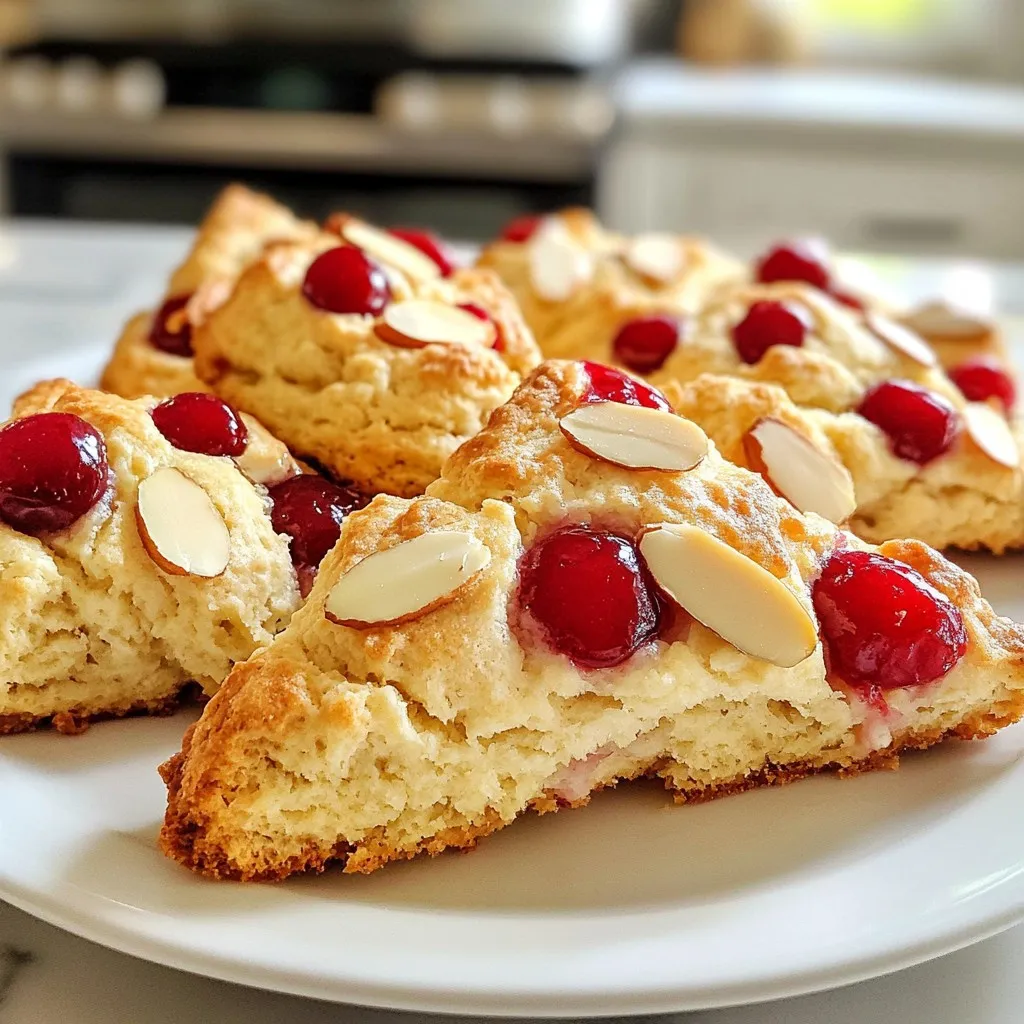 - 2 cups all-purpose flour - 1/4 cup granulated sugar - 1 tablespoon baking powder - 1/2 teaspoon salt - 1/2 cup unsalted butter, cold and cubed - 1/2 cup heavy cream - 1 large egg - 1 teaspoon almond extract - 1 cup fresh or frozen cherries, pitted and halved - 1/4 cup sliced almonds, plus extra for topping - 1 egg wash (1 egg beaten with a splash of water) You need fresh ingredients for the best flavor. I like using cold butter. It helps make the scones flaky. You can use either fresh or frozen cherries. Both taste great in scones. If you go for frozen cherries, just make sure to thaw and drain them first. Granulated sugar adds sweetness, while almond extract gives a nice nutty flavor. Keep sliced almonds on hand for added crunch. Don't skip the egg wash; it makes the scones golden and pretty. Gather everything before you start baking. It makes the process smooth and enjoyable. Remember, using high-quality ingredients makes a huge difference in the final taste. Enjoy the simple joy of making these cherry almond scones! {{ingredient_image_2}} - Step 1: Preheat your oven to 400°F (200°C). Line a baking sheet with parchment paper. This helps to keep the scones from sticking. - Step 2: In a large bowl, combine 2 cups of flour, 1/4 cup of sugar, 1 tablespoon of baking powder, and 1/2 teaspoon of salt. Whisk them together until they are well mixed. - Step 3: Add 1/2 cup of cold, cubed butter to the flour mixture. Use your fingers or a pastry cutter to work the butter in. Stop when the mix looks like coarse crumbs. - Step 4: In another bowl, whisk together 1/2 cup of heavy cream, 1 large egg, and 1 teaspoon of almond extract. Make sure the mixture is smooth and well combined. - Step 5: Slowly pour the wet mixture into the dry mix. Stir gently with a spatula or wooden spoon. Combine until you see no dry flour, but do not overmix. - Step 6: Fold in 1 cup of halved cherries and 1/4 cup of sliced almonds. Mix gently to spread them throughout the dough without smashing the fruit. - Step 7: Turn the dough onto a lightly floured surface. Knead it gently to form a ball. Divide the dough into two equal parts. Shape each part into a disc about 1 inch thick. Cut each disc into 6 wedges. - Step 8: Place the wedges on the prepared baking sheet, leaving space between them. Brush the tops with an egg wash made from 1 beaten egg and a splash of water. Sprinkle extra sliced almonds on top for crunch. - Step 9: Bake the scones in the preheated oven for 15-20 minutes. They should be golden brown when done. A toothpick inserted in the center should come out clean. To make soft and light scones, avoid overmixing the dough. When you combine the wet and dry ingredients, mix gently. You want to see some flour still visible. Overmixing makes the scones tough. The key is to blend until just combined. You can boost the flavor of your scones by adding lemon zest or vanilla extract. A bit of lemon zest gives a fresh taste. Vanilla adds warmth and richness. Just a teaspoon of either will enhance the overall flavor without overpowering the cherries and almonds. These scones taste best warm. Serve them with clotted cream or cherry preserves. The cream adds richness, and the preserves bring extra cherry flavor. You can also enjoy them with a cup of tea or coffee for a delightful snack. Pro Tips Use Cold Ingredients: Ensure your butter and cream are cold to achieve flaky scones. Cold butter creates air pockets when baking, leading to a light and airy texture. Don't Overmix: When combining wet and dry ingredients, mix just until incorporated. Overmixing can result in tough scones, so be gentle! Try Different Fruits: Experiment with seasonal fruits like blueberries, raspberries, or even dried fruits for a unique twist on the classic scone recipe. Storing Scones: If you have leftovers, store them in an airtight container at room temperature for up to 2 days. For longer storage, freeze them in a single layer and transfer to a bag for up to a month. {{image_4}} You can switch up the fruit in your scones. If you love blueberries, they work great! Raspberries also add a nice tartness. Just use one cup of your chosen fruit. It keeps the recipe fun and fresh. If you want a twist, try different nuts. Walnuts add a nice crunch and flavor. Pecans are another good choice; they bring a sweet taste. Just swap out the sliced almonds for your favorite nut. For a gluten-free twist, swap all-purpose flour. Use a gluten-free flour blend instead. Make sure it includes xanthan gum for the best texture. This change allows everyone to enjoy these tasty scones! To keep leftover scones fresh, place them in an airtight container. This helps prevent them from drying out. You can store them in the fridge for up to three days. If you want to keep them longer, consider freezing. You can freeze both unbaked and baked scones. For unbaked scones, place them on a baking sheet and freeze until firm. Then, transfer them to a freezer bag. They will last up to three months. For baked scones, cool them completely before wrapping them tightly in plastic wrap and placing them in a freezer bag. To reheat scones, use the oven for the best results. Preheat your oven to 350°F (175°C). Place the scones on a baking sheet and warm them for about 10 minutes. You can also use a microwave, but this may make them a bit soggy. If using the microwave, heat for about 15-20 seconds. Enjoy your warm scones! Yes, you can use frozen cherries! They work well in scones. Just remember to thaw them first. Pat them dry with a paper towel to remove excess moisture. This helps prevent a soggy dough. Fresh cherries offer a bright taste, while frozen ones are often sweeter. Both options are tasty, so choose what you have! To check if your scones are done, look for a golden brown color. They should be firm to the touch. Insert a toothpick into the center; it should come out clean. If you see wet dough on the toothpick, they need more time. Keep an eye on them in the last few minutes of baking! Yes, you can make the dough ahead! Prepare it and shape it into discs. Wrap the discs tightly in plastic wrap and store them in the fridge. They can stay fresh for up to two days. When you’re ready, slice them and bake as usual. This saves you time on busy mornings! If you need a substitute for heavy cream, try whole milk mixed with butter. Use 1/4 cup of butter and add enough milk to make 1/2 cup total. Another option is using yogurt or sour cream. These alternatives can give your scones a rich flavor and moist texture. Cherry almond scones are a delightful treat you can make at home. We covered the key ingredients and step-by-step instructions to create these scones. I shared tips, variations, and storage methods to enhance your baking experience. Always remember, the perfect scone comes from careful mixing and a few personal tweaks. Enjoy them warm with your favorite toppings. Now, you have all the tools to impress your friends and family. Happy baking!
