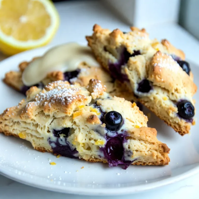 - 2 cups all-purpose flour - 1/4 cup granulated sugar - 1 tablespoon baking powder - 1/2 teaspoon salt - 1/2 cup unsalted butter, cold and cubed - 1 cup fresh blueberries - Zest of 1 lemon - 1/2 cup heavy cream - 1 large egg - 1 teaspoon vanilla extract Each ingredient plays a key role in making your scones fluffy and tasty. Use the right amounts to ensure success. For the flour, use 2 cups to give a solid base. The sugar adds a touch of sweetness with 1/4 cup, while 1 tablespoon of baking powder helps the scones rise. Don't forget the 1/2 teaspoon of salt to balance the flavors. The butter should be cold, cut into 1/2 cup cubes, to keep the scones light. The blueberries add color and flavor with 1 cup. The zest of 1 lemon adds brightness. The wet mix includes 1/2 cup of heavy cream and 1 large egg, plus 1 teaspoon of vanilla extract for depth. - Flour: I suggest using all-purpose flour, like King Arthur or Gold Medal. - Butter: Use unsalted butter for the best flavor. Challenge yourself with brands like Kerrygold for a creamier texture. - Blueberries: Fresh blueberries work best. If you can, choose organic for better flavor. - Cream: Heavy cream from brands like Horizon Organic provides richness. These recommendations help ensure your blueberry lemon scones turn out delicious and fluffy every time. {{ingredient_image_2}} Preheat your oven to 400°F (200°C). This step is key for a crisp outside. Line a baking sheet with parchment paper. This makes cleanup easy, and your scones won’t stick. In a big bowl, mix 2 cups of all-purpose flour, 1/4 cup of granulated sugar, 1 tablespoon of baking powder, and 1/2 teaspoon of salt. Whisk these ingredients together. This helps them blend and adds air for fluffiness. In another bowl, whisk together 1/2 cup of heavy cream, 1 large egg, and 1 teaspoon of vanilla extract. Mix until smooth. This wet mixture will bring moisture to the dry mix. Turn the dough out onto a floured surface. Gently shape it into a circle about 1 inch thick. Use a sharp knife to cut the circle into 8 wedges. Move each wedge to the baking sheet, leaving space between them. Bake the scones for 15-18 minutes. Watch them closely as they bake. They should turn golden brown on top. If you see them browning too fast, rotate the pan. Once done, let them cool on a wire rack. For a special touch, brush them with melted butter and sprinkle some sugar on top. To make your scones light and fluffy, use cold butter. Cold butter helps create steam during baking, making them rise beautifully. When mixing, be gentle. Overmixing makes scones tough. Just mix until the dough comes together, and some lumps remain. To stop blueberries from sinking, toss them in a little flour before adding them to the dough. This creates a light coating that helps them stay suspended. Be gentle when folding them in to keep their shape. This way, you get bursts of berry goodness in every bite. To ensure even baking, space the scones apart on your baking sheet. This allows hot air to circulate around each scone. Also, bake them on the center rack of your oven for the best results. Rotate the baking sheet halfway through to avoid hot spots. These small steps make a big difference! Pro Tips Use Cold Butter: Make sure your butter is very cold when mixing it into the flour. This helps create a flaky texture in your scones. Don't Overmix: When combining the wet and dry ingredients, mix just until combined. Overmixing can lead to tough scones. Fresh Blueberries: If using frozen blueberries, do not thaw them before adding to the dough to prevent the batter from turning blue. Brush with Cream: For a golden finish, brush the tops of the scones with a little extra heavy cream before baking. {{image_4}} You can swap blueberries for other fruits. Raspberries work well for a tart twist. Their bright flavor pairs nicely with lemon. Cranberries bring a sweet and slightly tart taste. Dried cranberries also add a chewy texture. Just make sure to adjust the sugar if you use tart fruit. For gluten-free scones, use a gluten-free flour blend. Look for one that has xanthan gum for better texture. You can also use almond flour or coconut flour. These flours give a unique flavor and dense texture. Remember to add a little extra liquid, as these flours absorb moisture differently. To make vegan scones, replace the butter with coconut oil or vegan butter. Use non-dairy milk in place of heavy cream. A flax egg can substitute for the large egg. Mix one tablespoon of ground flaxseed with three tablespoons of water and let it sit. This will help bind your scones without eggs. After you enjoy your blueberry lemon scones, you may have some left. Store them in a cool place. Place them in an airtight container. This keeps them fresh for up to two days. If you want them to last longer, consider freezing them. For short-term storage, use a sealed plastic container or a glass jar. Make sure the lid fits tightly. If you freeze the scones, wrap each one in plastic wrap. Then, place them in a freezer bag. This prevents freezer burn and keeps them tasty. To reheat your scones, preheat your oven to 350°F (175°C). Place the scones on a baking sheet. Heat for about 10 minutes. This restores their crispy outside and soft inside. You can also use a microwave, but they may lose some texture. Heat for about 20-30 seconds for a quick fix. Enjoy your warm scones again! I love serving blueberry lemon scones warm, right out of the oven. A light dusting of powdered sugar adds a nice touch. You can also serve them with a dollop of homemade lemon glaze or rich clotted cream. Pair them with a hot cup of tea or coffee. This combo enhances the flavors and makes for a cozy treat. Yes, you can freeze these scones! First, let them cool completely after baking. Then, wrap each scone tightly in plastic wrap. Place the wrapped scones in a freezer bag or airtight container. They will stay fresh for up to three months. When ready to enjoy, simply thaw at room temperature or warm them in the oven. To adjust the sweetness, you can add or reduce the sugar. If you want sweeter scones, increase the granulated sugar by a few tablespoons. If you prefer less sweet, cut back on the sugar. Taste the dough before baking to find the right balance. Remember, the blueberries also add some natural sweetness! If your dough feels too dry, don’t worry! Add a bit more heavy cream, one tablespoon at a time. Gently mix until the dough comes together. Be careful not to overmix, as this can make your scones tough. The right texture should be soft but not sticky. This post covered how to make delicious blueberry lemon scones. We discussed key ingredients, step-by-step instructions, and helpful tips. You learned how to prevent blueberries from sinking and ensure even baking. I shared great variations and storage methods to keep them fresh. In the end, enjoy your scones warm and fresh. Experiment with flavors and share them with friends for the best experience. Baking is fun, so dive in and enjoy!